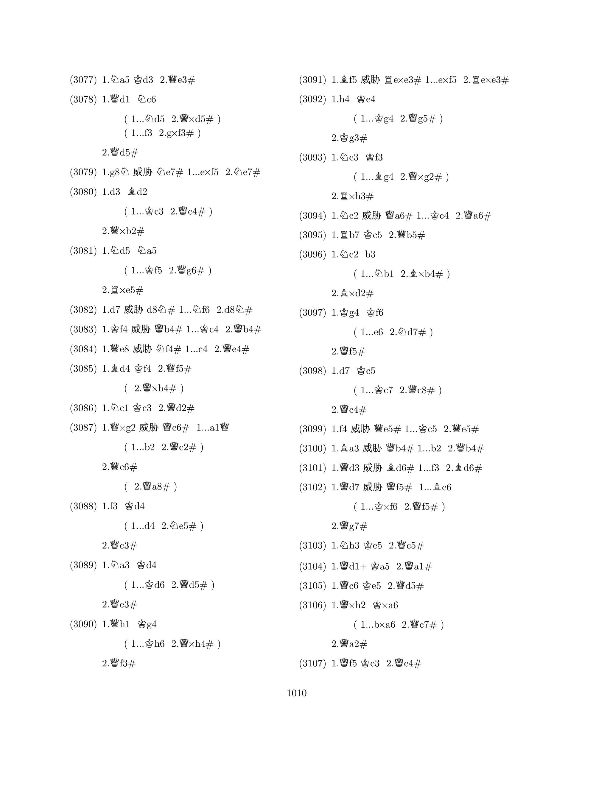 (3077) 1.Na5 Kd3 2.Qe3# 
(3078) 1.Qd1 Nc6 
( 1...Nd5 2.Q×d5# ) 
( 1...f3 2.g×f3# ) 
2.Qd5# 
(3079) 1.g8N% Ne7# 1...e×f5 2.Ne7# 
(3080) 1.d3 Bd2 
( 1...Kc3 2.Qc4# ) 
2.Q×b2# 
(3081) 1.Nd5 Na5 
( 1...Kf5 2.Qg6# ) 
2.R×e5# 
(3082) 1.d7 % d8N# 1...Nf6 2.d8N# 
(3083) 1.Kf4 % Qb4# 1...Kc4 2.Qb4# 
(3084) 1.Qe8 % Nf4# 1...c4 2.Qe4# 
(3085) 1.Bd4 Kf4 2.Qf5# 
( 2.Q×h4# ) 
(3086) 1.Nc1 Kc3 2.Qd2# 
(3087) 1.Q×g2 % Qc6# 1...a1Q 
( 1...b2 2.Qc2# ) 
2.Qc6# 
( 2.Qa8# ) 
(3088) 1.f3 Kd4 
( 1...d4 2.Ne5# ) 
2.Qc3# 
(3089) 1.Na3 Kd4 
( 1...Kd6 2.Qd5# ) 
2.Qe3# 
(3090) 1.Qh1 Kg4 
( 1...Kh6 2.Q×h4# ) 
2.Qf3# 
(3091) 1.Bf5 % Re×e3# 1...e×f5 2.Re×e3# 
(3092) 1.h4 Ke4 
( 1...Kg4 2.Qg5# ) 
2.Kg3# 
(3093) 1.Nc3 Kf3 
( 1...Bg4 2.Q×g2# ) 
2.R×h3# 
(3094) 1.Nc2 % Qa6# 1...Kc4 2.Qa6# 
(3095) 1.Rb7 Kc5 2.Qb5# 
(3096) 1.Nc2 b3 
( 1...Nb1 2.B×b4# ) 
2.B×d2# 
(3097) 1.Kg4 Kf6 
( 1...e6 2.Nd7# ) 
2.Qf5# 
(3098) 1.d7 Kc5 
( 1...Kc7 2.Qc8# ) 
2.Qc4# 
(3099) 1.f4 % Qe5# 1...Kc5 2.Qe5# 
(3100) 1.Ba3 % Qb4# 1...b2 2.Qb4# 
(3101) 1.Qd3 % Bd6# 1...f3 2.Bd6# 
(3102) 1.Qd7 % Qf5# 1...Be6 
( 1...K×f6 2.Qf5# ) 
2.Qg7# 
(3103) 1.Nh3 Ke5 2.Qc5# 
(3104) 1.Qd1+Ka5 2.Qa1# 
(3105) 1.Qc6 Ke5 2.Qd5# 
(3106) 1.Q×h2 K×a6 
( 1...b×a6 2.Qc7# ) 
2.Qa2# 
(3107) 1.Qf5 Ke3 2.Qe4# 
1010 
 