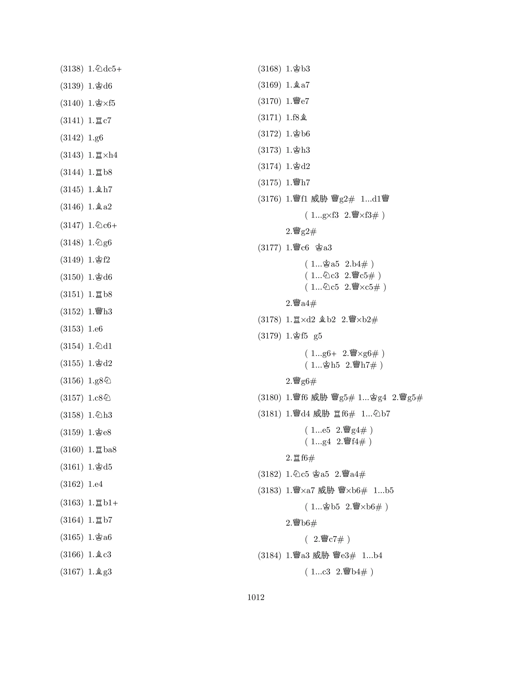 (3138) 1.Ndc5+ 
(3139) 1.Kd6 
(3140) 1.K×f5 
(3141) 1.Rc7 
(3143) 1.R×h4 
(3144) 1.Rb8 
(3145) 1.Bh7 
(3146) 1.Ba2 
(3142) 1.g6 
N+ 
(3147) 1.c6(3148) 1.Ng6 
(3149) 1.Kf2 
(3150) 1.Kd6 
(3151) 1.Rb8 
(3152) 1.Qh3 
(3154) 1.Nd1 
(3155) 1.Kd2 
(3156) 1.g8N 
(3157) 1.c8N 
(3153) 1.e6 
N(3158) 1.h3 
(3159) 1.Ke8 
(3160) 1.Rba8 
(3161) 1.Kd5 
(3163) 1.Rb1+ 
(3164) 1.Rb7 
(3165) 1.Ka6 
(3166) 1.Bc3 
(3162) 1.e4 
B(3167) 1.g3 
(3168) 1.Kb3 
(3169) 1.Ba7 
(3170) 1.Qe7 
(3171) 1.f8B 
(3172) 1.Kb6 
(3173) 1.Kh3 
(3174) 1.Kd2 
(3175) 1.Qh7 
(3176) 1.Qf1 % Qg2# 1...d1Q 
( 1...g×f3 2.Q×f3# ) 
2.Qg2# 
(3177) 1.Qc6 Ka3 
( 1...Ka5 2.b4# ) 
( 1...Nc3 2.Qc5# ) 
( 1...c5 2.×c5# ) 
2.Qa4# 
(3178) 1.R×d2 Bb2 2.Q×b2# 
(3179) 1.Kf5 g5 
( 1...g6+2.Q×g6# ) 
( 1...Kh5 2.h7# ) 
2.Qg6# 
(3180) 1.Qf6 % Qg5# 1...Kg4 2.Qg5# 
(3181) 1.Qd4 % Rf6# 1...Nb7 
( 1...e5 2.Qg4# ) 
( 1...g4 2.f4# ) 
2.Rf6# 
(3182) 1.Nc5 Ka5 2.Qa4# 
(3183) 1.Q×a7 % Q×b6# 1...b5 
( 1...Kb5 2.Q×b6# ) 
2.Qb6# 
( 2.Qc7# ) 
(3184) 1.Qa3 % Qe3# 1...b4 
( 1...c3 2.Qb4# ) 
1012 
 