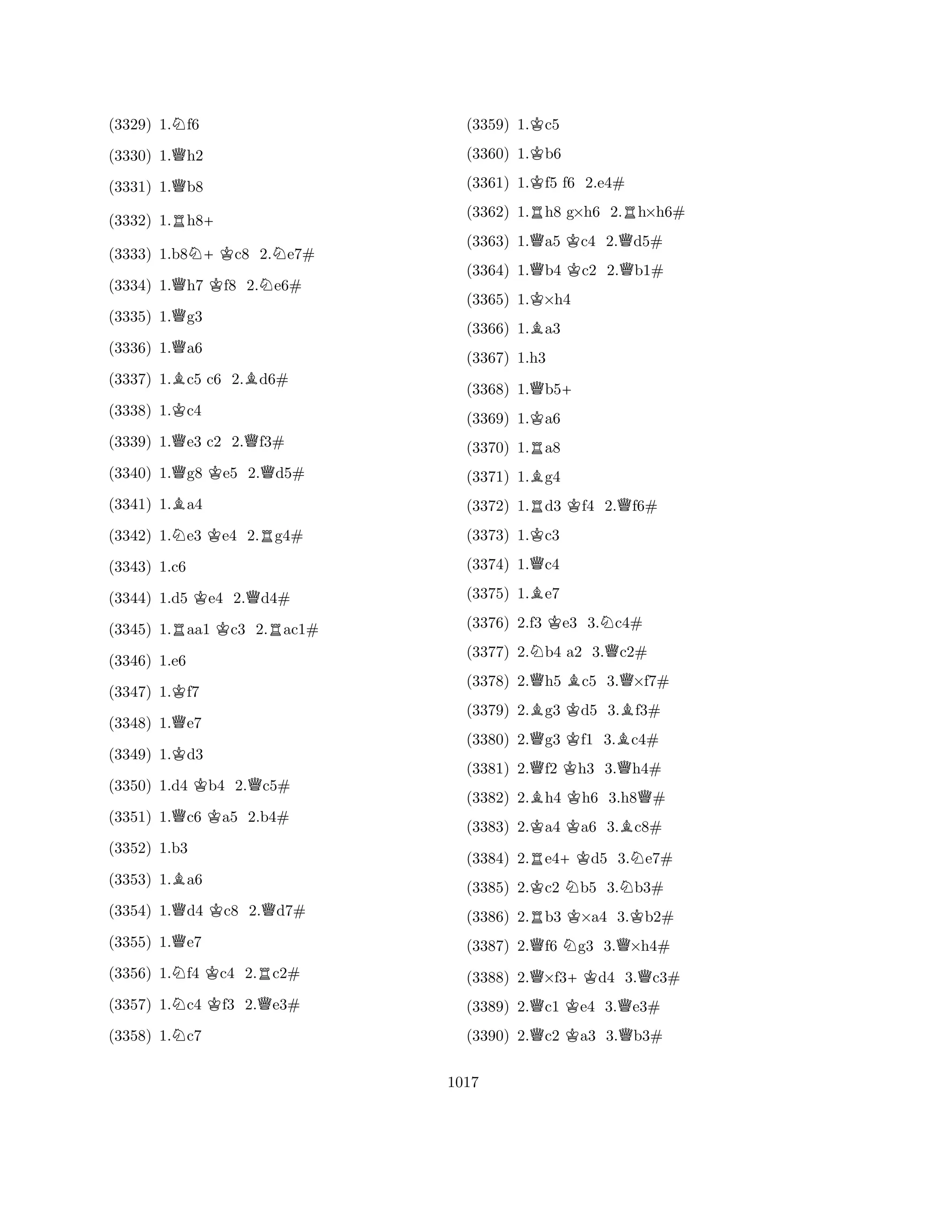 (3329) 1.Nf6 
(3330) 1.Qh2 
(3331) 1.Qb8 
(3332) 1.Rh8+ 
(3333) 1.b8N+Kc8 2.Ne7# 
(3334) 1.Qh7 Kf8 2.Ne6# 
(3335) 1.Qg3 
(3336) 1.Qa6 
(3337) 1.Bc5 c6 2.Bd6# 
(3338) 1.Kc4 
(3339) 1.Qe3 c2 2.Qf3# 
(3340) 1.Qg8 Ke5 2.Qd5# 
(3341) 1.Ba4 
(3342) 1.Ne3 Ke4 2.Rg4# 
(3344) 1.d5 Ke4 2.Qd4# 
(3345) 1.Raa1 Kc3 2.Rac1# 
(3347) 1.Kf7 
(3343) 1.c6 
Q(3348) 1.e7 
(3349) 1.Kd3 
(3350) 1.d4 Kb4 2.Qc5# 
(3346) 1.e6 
QK(3351) 1.c6 a5 2.b4# 
(3353) 1.Ba6 
(3354) 1.Qd4 Kc8 2.Qd7# 
(3355) 1.Qe7 
(3356) 1.Nf4 Kc4 2.Rc2# 
(3352) 1.b3 
NKQ(3357) 1.c4 f3 2.e3# 
(3358) 1.Nc7 
(3359) 1.Kc5 
(3360) 1.Kb6 
(3361) 1.Kf5 f6 2.e4# 
(3362) 1.Rh8 g×h6 2.Rh×h6# 
(3363) 1.Qa5 Kc4 2.Qd5# 
(3364) 1.Qb4 Kc2 2.Qb1# 
(3365) 1.K×h4 
(3366) 1.Ba3 
(3367) 1.h3 
(3368) 1.Qb5+ 
(3369) 1.Ka6 
(3370) 1.Ra8 
(3371) 1.Bg4 
(3372) 1.Rd3 Kf4 2.Qf6# 
(3373) 1.Kc3 
(3374) 1.Qc4 
(3375) 1.Be7 
(3376) 2.f3 Ke3 3.Nc4# 
(3377) 2.Nb4 a2 3.Qc2# 
(3378) 2.Qh5 Bc5 3.Q×f7# 
(3379) 2.Bg3 Kd5 3.Bf3# 
(3380) 2.Qg3 Kf1 3.Bc4# 
(3381) 2.Qf2 Kh3 3.Qh4# 
(3382) 2.Bh4 Kh6 3.h8Q# 
(3383) 2.Ka4 Ka6 3.Bc8# 
(3384) 2.Re4+Kd5 3.Ne7# 
(3385) 2.Kc2 Nb5 3.Nb3# 
(3386) 2.Rb3 K×a4 3.Kb2# 
(3387) 2.Qf6 Ng3 3.Q×h4# 
(3388) 2.Q×f3+Kd4 3.Qc3# 
(3389) 2.Qc1 Ke4 3.Qe3# 
(3390) 2.Qc2 Ka3 3.Qb3# 
1017 
 