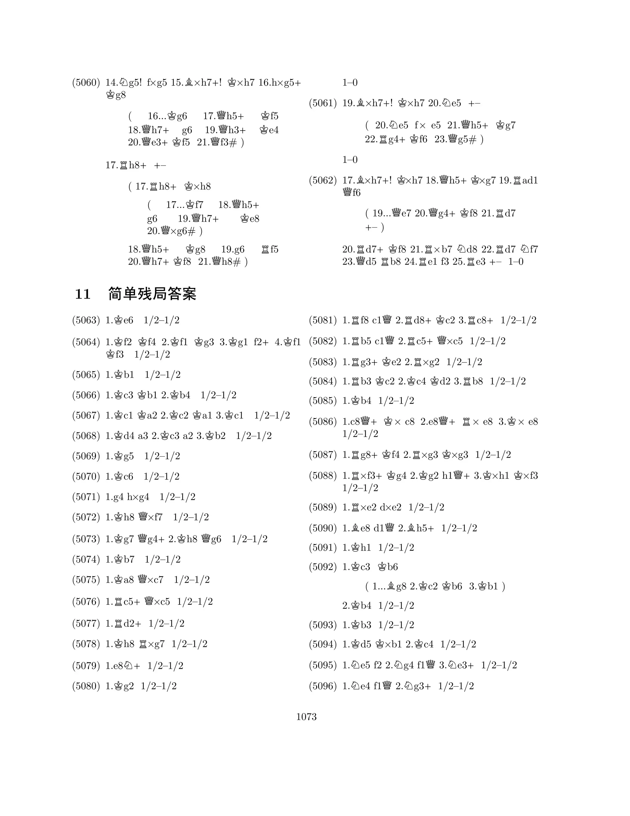 (5060) 14.Ng5! f×g5 15.K B×h7+! K×h7 16.h×g5+ g8 
( 16...Kg6 17.Qh5+ Kf5 
18.Qh7+ g6 19.h3e4 
20.e3+Kf5 21.Qf3# ) 
17.Rh8++– 
( 17.Rh8+K×h8 
( 17...Kf7 18.Qh5+ 
g6 19.Qh7+ Ke8 
20.Q×g6# ) 
18.Qh5+ Kg8 19.g6 Rf5 
20.h7+Kf8 21.Qh8# ) 
(5061) 19.B×h7+! K×h7 20.Ne5 +– 
1Q–0 
B+KQ+KR(5062) 17.×h7! ×h7 18.h5×g7 19.ad1 f6 
( 20.Ne5 f× e5 21.Qh5+Kg7 
22.Rg4+Kf6 23.g5# ) 
1–0 
( 19...Qe7 20.Qg4+Kf8 21.Rd7 +– ) 
20.Rd7+Kf8 21.R×b7 Nd8 22.Rd7 Nf7 
23.Qd5 Rb8 24.e1 f3 25.Re3 +– 1–0 
(5063) 1.Ke6 1/2–1/2 
KKKKKKKKK+K11 {üíÛ‰Y 
(5064) 1.K(5065) 1.KKKf2 Kf4 2.f1 g3 3.g1 f24.f1 f3 1/2–1/2 
KKKKb1 1/2–1/2 
K(5066) 1.c3 b1 2.b4 1/2–1/2 
(5067) 1.Kc1 Qa2 2.c2 a1 3.c1 1/2–1/2 
(5068) 1.d4 a3 2.c3 a2 3.b2 1/2–1/2 
(5069) 1.g5 1/2–1/2 
(5070) 1.c6 1/2–1/2 
(5071) 1.g4 h×g4 1/2–1/2 
(5072) 1.h8 ×f7 1/2–1/2 
(5073) 1.Kg7 Qg4+2.Kh8 Qg6 1/2–1/2 
(5074) 1.Kb7 1/2–1/2 
(5075) 1.Ka8 Q×c7 1/2–1/2 
(5076) 1.Rc5+Q×c5 1/2–1/2 
(5077) 1.Rd2+1/2–1/2 
(5078) 1.Kh8 R×g7 1/2–1/2 
(5079) 1.e8N+1/2–1/2 
(5080) 1.Kg2 1/2–1/2 
(5081) 1.Rf8 c1Q2.Rd8+Kc2 3.Rc8+1/2–1/2 
(5082) 1.Rb5 c1Q2.Rc5+Q×c5 1/2–1/2 
(5083) 1.Rg3+Ke2 2.R×g2 1/2–1/2 
(5084) 1.Rb3 Kc2 2.Kc4 Kd2 3.Rb8 1/2–1/2 
(5085) 1.Kb4 1/2–1/2 
(5086) 1.c8Q+K× c8 2.e8Q+R× e8 3.K× e8 
(5087) 1.Rg8+Kf4 2.R×g3 K×g3 1/2–1/2 
(5088) 1.R×f3+Kg4 2.Kg2 h1Q+3.K×h1 K×f3 
(5089) 1.R×e2 d×e2 1/2–1/2 
1/2K–1/2 
KBKQB+(5090) 1.e8 d12.h51/2–1/2 
(5091) 1.h1 1/2–1/2 
(5092) 1.c3 b6 
( 1...Bg8 2.Kc2 Kb6 3.Kb1 ) 
1/2–1/2 
2.Kb4 1/2–1/2 
(5093) 1.Kb3 1/2–1/2 
(5094) 1.Kd5 K×b1 2.Kc4 1/2–1/2 
(5095) 1.Ne5 f2 2.Ng4 f1Q3.Ne3+1/2–1/2 
(5096) 1.Ne4 f1Q2.Ng3+1/2–1/2 
1073 
 