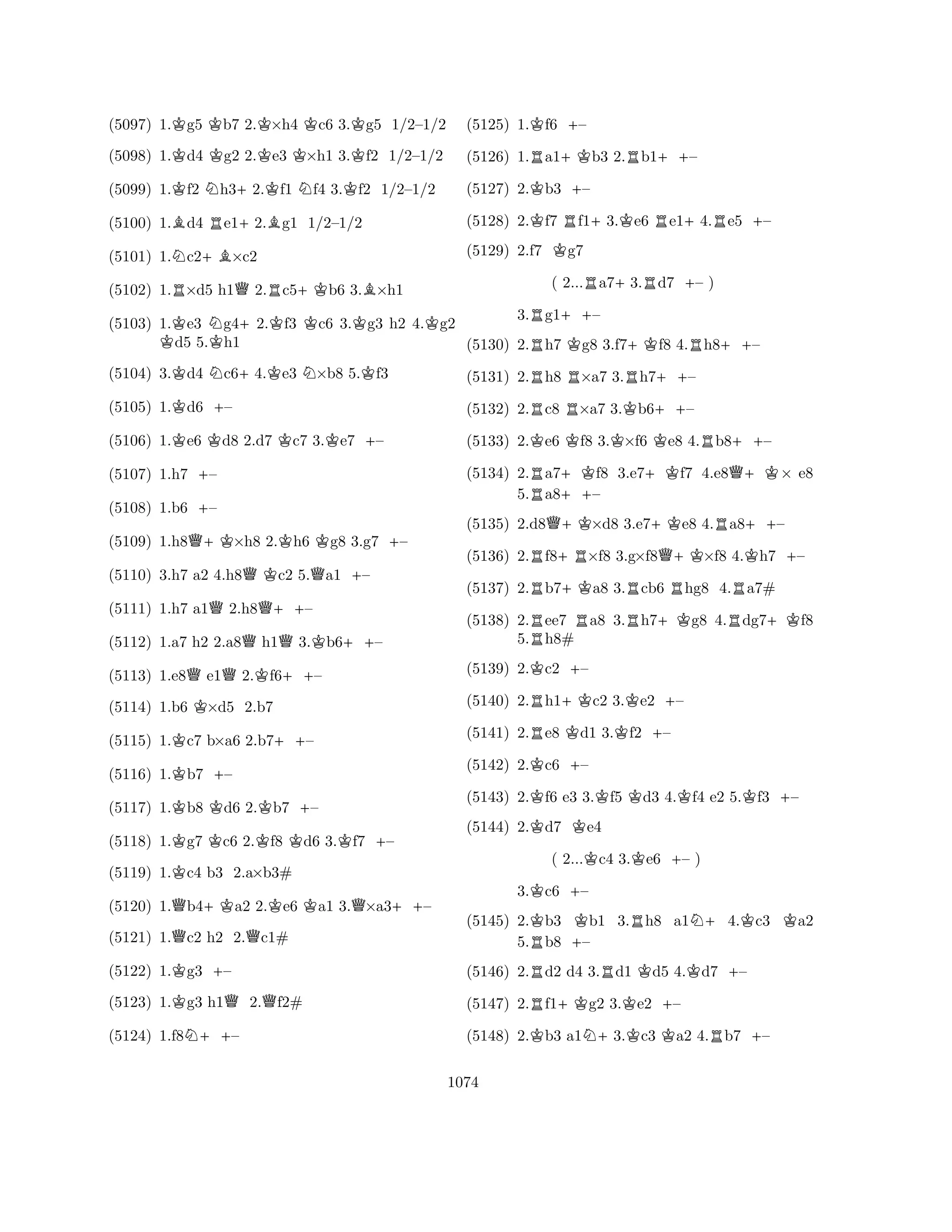 (5097) 1.Kg5 Kb7 2.K×h4 Kc6 3.Kg5 1/2–1/2 
(5098) 1.Kd4 Kg2 2.Ke3 K×h1 3.Kf2 1/2–1/2 
(5099) 1.Kf2 Nh3+2.Kf1 Nf4 3.Kf2 1/2–1/2 
(5100) 1.Bd4 Re1+2.Bg1 1/2–1/2 
(5101) 1.Nc2+B×c2 
(5102) 1.R×d5 h1Q2.Rc5+Kb6 3.B×h1 
(5103) 1.Ke3 Ng4+2.Kf3 Kc6 3.Kg3 h2 4.Kg2 d5 5.Kh1 
(5104) 3.Kd4 Nc6+4.Ke3 N×b8 5.Kf3 
(5105) 1.Kd6 +– 
(5106) 1.Ke6 Kd8 2.d7 Kc7 3.Ke7 +– 
(5107) 1.h7 +– 
(5108) 1.b6 +– 
(5109) 1.h8Q+K×h8 2.Kh6 Kg8 3.g7 +– 
(5110) 3.h7 a2 4.h8QKc2 5.Qa1 +– 
(5111) 1.h7 a1Q2.h8Q++– 
(5112) 1.a7 h2 2.a8Qh1Q3.Kb6++– 
(5113) 1.e8Qe1Q2.Kf6++– 
(5114) 1.b6 K×d5 2.b7 
(5115) 1.Kc7 b×a6 2.b7++– 
(5116) 1.Kb7 +– 
(5117) 1.Kb8 Kd6 2.Kb7 +– 
(5118) 1.Kg7 Kc6 2.Kf8 Kd6 3.Kf7 +– 
(5119) 1.Kc4 b3 2.a×b3# 
(5120) 1.Qb4+Ka2 2.Ke6 Ka1 3.Q×a3++– 
(5121) 1.Qc2 h2 2.Qc1# 
(5122) 1.Kg3 +– 
(5123) 1.Kg3 h1Q2.Qf2# 
(5124) 1.f8N++– 
(5125) 1.Kf6 +– 
(5126) 1.Ra1+Kb3 2.Rb1++– 
(5127) 2.Kb3 +– 
(5128) 2.Kf7 Rf1+3.Ke6 Re1+4.Re5 +– 
(5129) 2.f7 Kg7 
( 2...Ra7+3.Rd7 +– ) 
3.Rg1++– 
(5130) 2.Rh7 Kg8 3.f7+Kf8 4.Rh8++– 
(5131) 2.Rh8 R×a7 3.Rh7++– 
(5132) 2.Rc8 R×a7 3.Kb6++– 
(5133) 2.Ke6 Kf8 3.K×f6 Ke8 4.Rb8++– 
(5134) 2.Ra7+Kf8 3.e7+Kf7 4.e8Q+K× e8 
5.a8++– 
(5135) 2.d8Q+K×d8 3.e7+Ke8 4.Ra8++– 
(5136) 2.Rf8+R×f8 3.g×f8Q+K×f8 4.Kh7 +– 
(5137) 2.Rb7+Ka8 3.Rcb6 Rhg8 4.Ra7# 
(5138) 2.Ree7 Ra8 3.Rh7+Kg8 4.Rdg7+Kf8 
(5139) 2.Kc2 +– 
(5140) 2.Rh1+Kc2 3.Ke2 +– 
(5141) 2.Re8 Kd1 3.Kf2 +– 
(5142) 2.Kc6 +– 
5.KKh8# 
KKKKK+(5143) 2.f6 e3 3.f5 d3 4.f4 e2 5.f3 – 
(5144) 2.d7 e4 
( 2...Kc4 3.Ke6 +– ) 
3.Kc6 +– 
(5145) 2.Kb3 Kb1 3.Rh8 a1N+4.Kc3 Ka2 
5.Rb8 +– 
(5146) 2.Rd2 d4 3.Rd1 Kd5 4.Kd7 +– 
(5147) 2.Rf1+Kg2 3.Ke2 +– 
(5148) 2.Kb3 a1N+3.Kc3 Ka2 4.Rb7 +– 
1074 
 