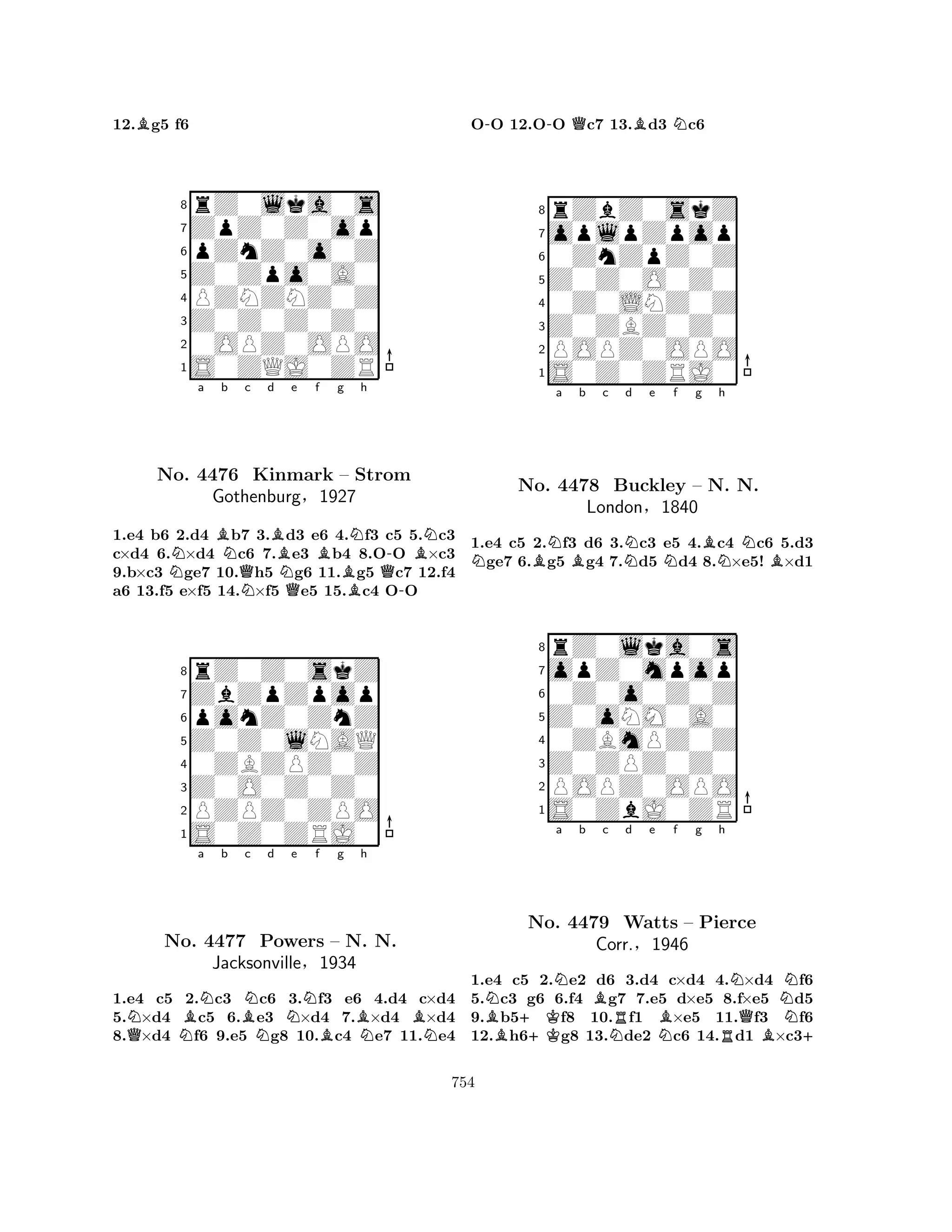 12.Bg5 f6 
8rZ0lka0s 
7ZpZ0Z0op 
6pZnZ0o0Z 
5Z0Zpo0A0 
4PZNZNZ0Z 
3Z0Z0Z0Z0 
20OPZ0OPO 
1S0ZQJ0ZR 
Na Bb Nc d e f g h 
QNBNQBBNQ--BNNo. 4476 Kinmark – Strom 
Gothenburg§1927 
1.e4 b6 2.d4 b7 3.d3 e6 4.f3 c5 5.c3 
c×d4 6.×d4 c6 7.e3 b4 8.OO ×c3 
9.b×c3 ge7 10.h5 g6 11.g5 c7 12.f4 
a6 13.f5 e×f5 14.×f5 e5 15.c4 OO 
8rZ0Z0skZ 
7ZbZpZpop 
6ponZ0ZnZ 
5Z0Z0lNAQ 
40ZBZPZ0Z 
3Z0O0Z0Z0 
2PZPZ0ZPO 
1S0Z0ZRJ0 
QNNo. NBa Nb BNc Nd Ne f Bg Bh 
B4477 Powers – N. NN. 
NJacksonville§1934 
1.e4 c5 2.c3 c6 3.f3 e6 4.d4 c×d4 
5.×d4 c5 6.e3 ×d4 7.×d4 ×d4 
8.×d4 f6 9.e5 g8 10.c4 e7 11.e4 
O-O 12.O-O Qc7 13.Bd3 Nc6 
8rZbZ0skZ 
7oplpZpop 
60ZnZpZ0Z 
5Z0Z0O0Z0 
40Z0LNZ0Z 
3Z0ZBZ0Z0 
2POPZ0OPO 
1S0Z0ZRJ0 
NBNa Bb c Nd e Nf g BNh 
NB1.e4 c5 2.f3 d6 3.c3 e5 4.c4 c6 5.d3 ge7 6.g5 g4 7.d5 d4 8.×e5! ×d1 
8rZ0lka0s 
7opZ0mpop 
60Z0o0Z0Z 
5Z0oNM0A0 
40ZBmPZ0Z 
3Z0ZPZ0Z0 
2POPZ0OPO 
1S0ZbJ0ZR 
No. 4478 Buckley – N. N. 
London§1840 
Na b c d e f g h 
B+KNBNo. 4479 RWatts BNN– Pierce 
QNCorr.N§1946 
NRB+ 
1.e4 c5 2.e2 d6 3.d4 c×d4 4.×d4 f6 
5.c3 g6 6.f4 g7 7.e5 d×e5 8.f×e5 d5 
9.b5f8 10.f1 ×e5 11.f3 f6 
12.h6g8 13.de2 c6 14.d1 ×c3754 
 