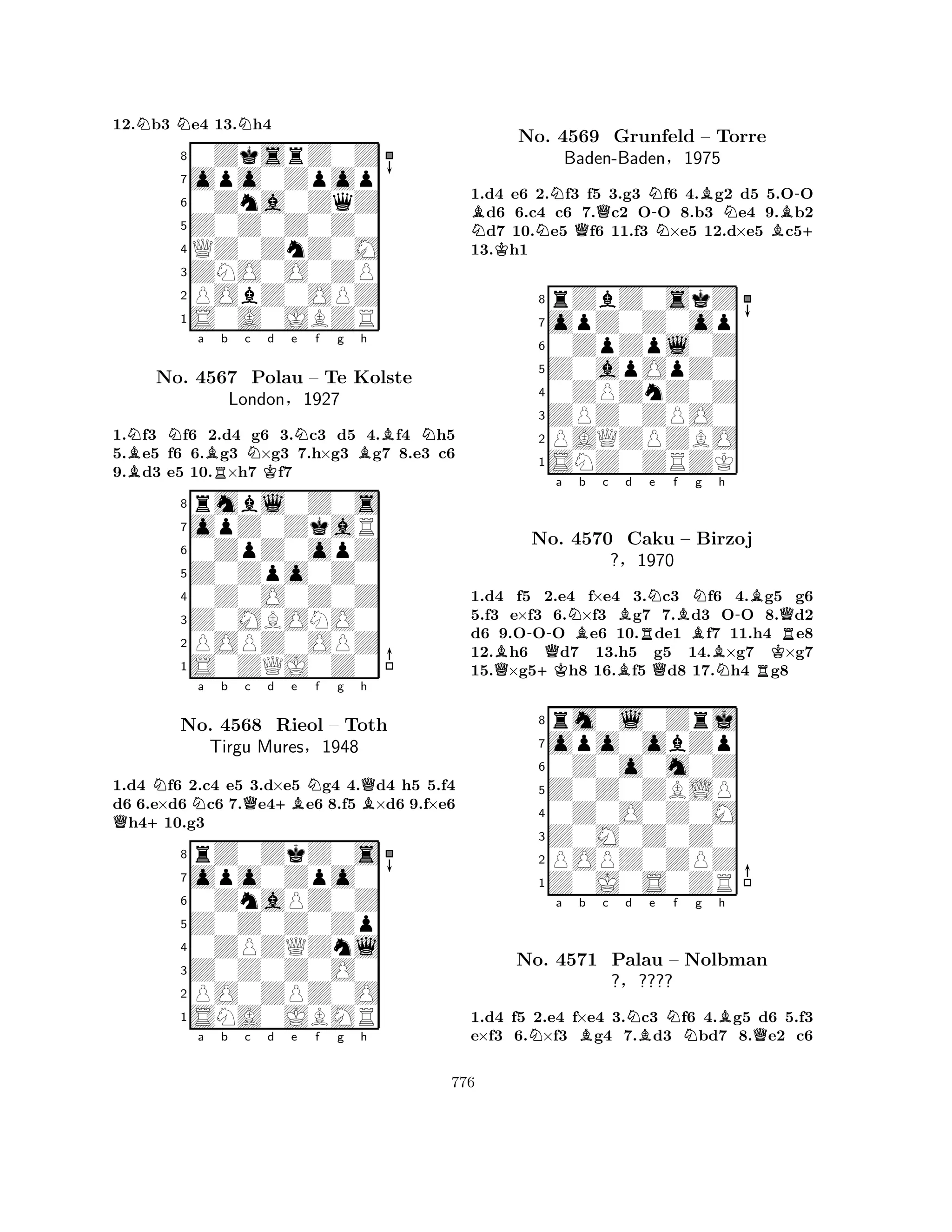 12.Nb3 Ne4 13.Nh4 
80ZksrZ0Z 
7opo0Zpop 
60Zna0ZqZ 
5Z0Z0Z0Z0 
4QZ0ZnZ0M 
3ZNO0O0ZP 
2PObZ0OPZ 
1S0A0JBZR 
1.Nf3 Nf6 2.d4 g6 3.Nc3 d5 4.Bf4 Nh5 
5.Be5 f6 6.Bg3 N×g3 7.h×g3 Bg7 8.e3 c6 
9.d3 e5 10.R×h7 Kf7 
rmbl0Z0s 
a b c d e f g h 
opZ0ZkaR 
Z0Zpo0Z0 
0ZpZ0opZ 
8Z0MBONO0 
0Z0O0Z0Z 
76POPZ0OPZ 
5S0ZQJ0Z0 
4321No. 4567 Polau – Te Kolste 
London§1927 
1.d4 Nf6 2.c4 e5 3.d×e5 Ng4 4.Qd4 h5 5.f4 
d6 6.e×d6 Nc6 7.Qe4+Be6 8.f5 B×d6 9.f×e6 Qh4+10.g3 
rZ0ZkZ0s 
a b c d e f g h 
opo0Zpo0 
Z0Z0Z0Zp 
0ZnaPZ0Z 
8Z0Z0Z0O0 
0ZPZQZnl 
76PO0ZPZ0O 
5SNA0JBMR 
4321No. 4568 Rieol – Toth 
Tirgu Mures§1948 
a b c d e f g h 
1.d4 e6 2.Nf3 f5 3.g3 Nf6 4.Bg2 d5 5.O-O Bd6 6.c4 c6 7.Qc2 O-O 8.b3 Ne4 9.Bb2 Nd7 10.Ne5 f6 11.f3 N×e5 12.d×e5 c5+ 
13.Kh1 
8rZbZ0skZ 
7opZ0Z0op 
60ZpZpl0Z 
5Z0apOpZ0 
40ZPZnZ0Z 
3ZPZ0ZPO0 
2PAQZPZBO 
1SNZ0ZRZK 
No. 4569 Grunfeld – Torre 
Baden-Baden§1975 
B-a Q+KQNNo. 4570 Bb c d e f g h 
BBNNCaku RQB– Birzoj 
BN-BRKQR1.d4 f5 2.e4 f×e4 3.c3 f6 4.g5 g6 
5.f3 e×f3 6.×f3 g7 7.d3 OO 8.d2 
d6 9.OOO e6 10.de1 f7 11.h4 e8 
12.h6 d7 13.h5 g5 14.×g7 ×g7 
15.×g5h8 16.f5 d8 17.h4 g8 
?§1970 
0Z0o0m0Z 
Z0Z0ZBLP 
opo0obZp 
rm0l0Zrj 
876Z0J0S0ZR 
POPZ0ZPZ 
Z0M0Z0Z0 
0Z0O0Z0M 
54321Na Bb c d NBe Nf g Bh 
QNo. 4571 Palau – Nolbman 
?§???? 
1.d4 f5 2.e4 f×e4 3.c3 f6 4.g5 d6 5.f3 
e×f3 6.×f3 g4 7.d3 bd7 8.e2 c6 
776 
 