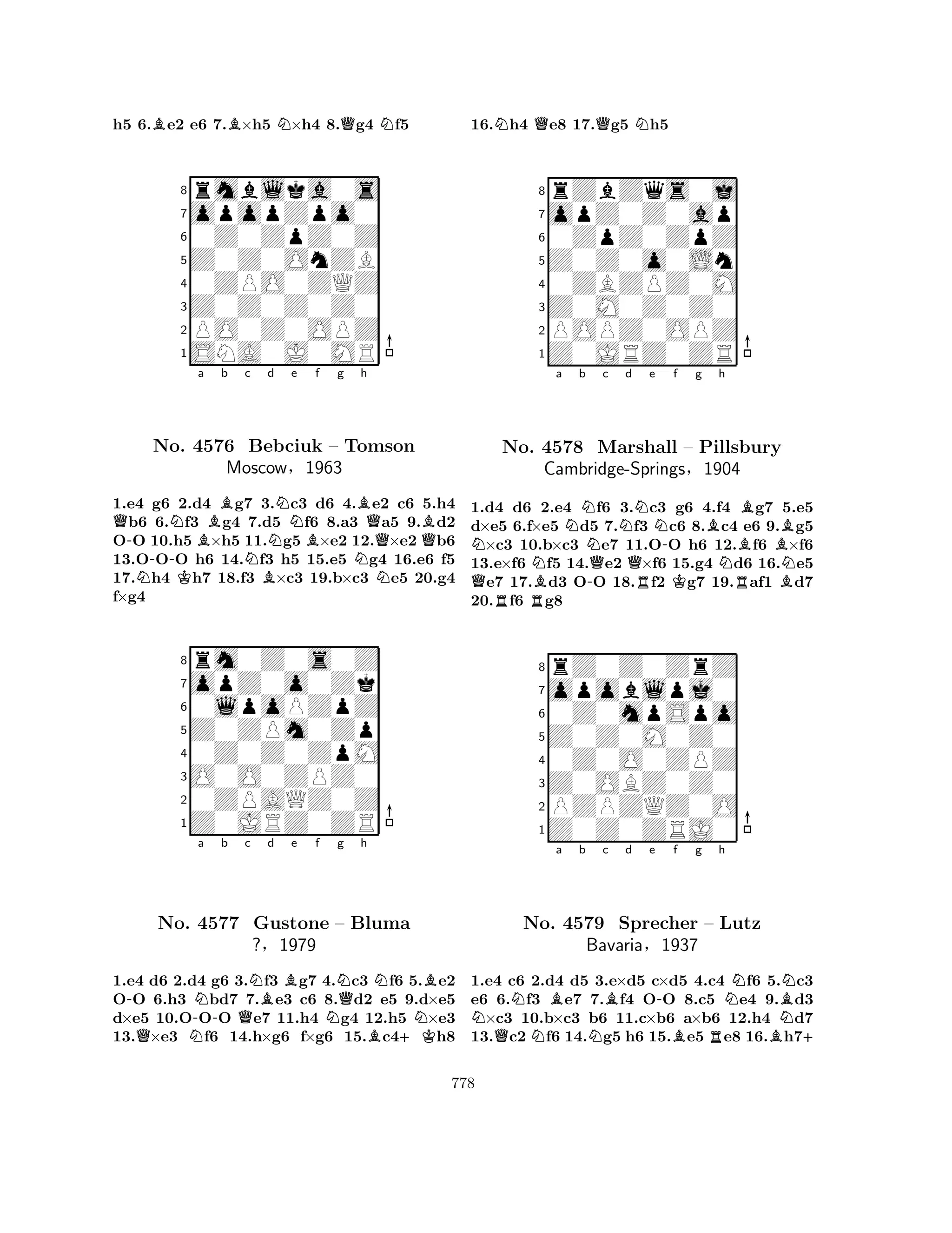 h5 6.Be2 e6 7.B×h5 N×h4 8.Qg4 Nf5 
8rmblka0s 
7opopZpo0 
60Z0ZpZ0Z 
5Z0Z0OnZB 
40ZPO0ZQZ 
3Z0Z0Z0Z0 
2PO0Z0OPZ 
1SNA0J0MR 
Q-NBa Bb c d e f g h 
NNo. -K4576 NBNNBBBBebciuk – Tomson 
QQMoscow§1963 
N1.e4 g6 2.d4 g7 3.c3 d6 4.e2 c6 5.h4 b6 6.f3 g4 7.d5 f6 8.a3 a5 9.d2 
OO 10.h5 ×h5 11.g5 ×e2 12.×e2 b6 
13.OOO h6 14.f3 h5 15.e5 g4 16.e6 f5 
17.h4 h7 18.f3 ×c3 19.b×c3 e5 20.g4 
f×g4 
8rm0Z0s0Z 
7opZ0o0Zk 
60lpoPZpZ 
5Z0ZPm0Zp 
40Z0Z0ZpM 
3O0O0ZPZ0 
20ZPAQZ0Z 
1Z0JRZ0ZR 
-a b QNNo. N-4577 Qc NBd Be f Ng Qh 
NBGustone N– Bluma 
N?§1979 
B+K1.e4 d6 2.d4 g6 3.f3 g7 4.c3 f6 5.e2 
OO 6.h3 bd7 7.e3 c6 8.d2 e5 9.d×e5 
d×e5 10.OOO e7 11.h4 g4 12.h5 ×e3 
13.×e3 f6 14.h×g6 f×g6 15.c4h8 
16.Nh4 Qe8 17.Qg5 Nh5 
8rZbZqs0j 
7opZ0Z0ap 
60ZpZ0ZpZ 
5Z0Z0o0Ln 
40ZBZPZ0M 
3Z0M0Z0Z0 
2POPZ0OPZ 
1Z0JRZ0ZR 
Na Nb c d e QNo. NBNN4578 N-QMarshall QR-f g h 
KBB– Pillsbury 
NRBBCambridge-Springs§1904 
BN1.d4 Rd6 R2.e4 f6 3.c3 g6 4.f4 g7 5.e5 
d×e5 6.f×e5 d5 7.f3 c6 8.c4 e6 9.g5 ×c3 10.b×c3 e7 11.OO h6 12.f6 ×f6 
13.e×f6 f5 14.e2 ×f6 15.g4 d6 16.e5 e7 17.d3 OO 18.f2 g7 19.af1 d7 
20.f6 g8 
8rZ0Z0ZrZ 
7opoblpj0 
60Z0mpSpo 
5Z0Z0M0Z0 
40Z0O0ZPZ 
3Z0OBZ0Z0 
2PZPZQZ0O 
1Z0Z0ZRJ0 
NNBa b c Bd e f g h 
Q-NBNNo. N4579 Sprecher – Lutz 
NBavariaN§1937 
BRB+ 
1.e4 c6 2.d4 d5 3.e×d5 c×d5 4.c4 f6 5.c3 
e6 6.f3 e7 7.f4 OO 8.c5 e4 9.d3 ×c3 10.b×c3 b6 11.c×b6 a×b6 12.h4 d7 
13.c2 f6 14.g5 h6 15.e5 e8 16.h7778 
 
