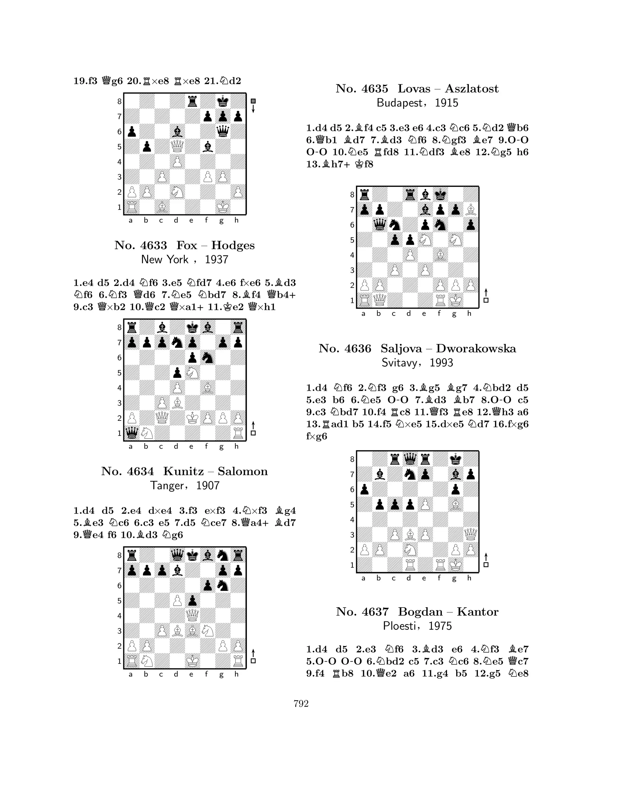 19.f3 Qg6 20.R×e8 R×e8 21.Nd2 
80Z0ZrZkZ 
7Z0Z0Zpop 
6pZ0a0ZqZ 
5ZpZQZbZ0 
40Z0O0Z0Z 
3Z0O0ZPO0 
2PO0M0Z0O 
1S0A0Z0J0 
1.e4 d5 2.d4 Nf6 3.e5 Nfd7 4.e6 f×e6 5.Bd3 Nf6 6.Nf3 Qd6 7.Ne5 bd7 8.Bf4 Qb4+ 
9.c3 Q×b2 10.c2 Q×a1+11.Ke2 Q×h1 
rZbZka0s 
a b c d e f g h 
opono0op 
Z0ZpM0Z0 
0Z0Zpm0Z 
8Z0OBZ0Z0 
0Z0O0A0Z 
76PZQZKOPO 
5lNZ0Z0ZR 
4321No. 4633 Fox – Hodges 
New York §1937 
1.d4 d5 2.e4 d×e4 3.f3 e×f3 4.N×f3 Bg4 
5.Be3 Nc6 6.c3 e5 7.d5 Nce7 8.Qa4+Bd7 
9.Qe4 f6 10.Bd3 Ng6 
rZ0lkans 
a b c d e f g h 
opobZ0op 
Z0ZPo0Z0 
0Z0Z0onZ 
8Z0OBANZ0 
0Z0ZQZ0Z 
76PO0Z0ZPO 
5SNZ0J0ZR 
4321No. 4634 Kunitz – Salomon 
Tanger§1907 
a b c d e f g h 
1.d4 d5 2.Bf4 c5 3.e3 e6 4.c3 Nc6 5.Nd2 Qb6 
6.Qb1 d7 7.Bd3 Nf6 8.gf3 Be7 9.O-O 
O-O 10.Ne5 Rfd8 11.df3 Be8 12.Ng5 h6 
13.Bh7+Kf8 
8rZ0sbj0Z 
7opZ0apoB 
60lnZpm0o 
5Z0opM0M0 
40Z0O0A0Z 
3Z0O0O0Z0 
2PO0Z0OPO 
1SQZ0ZRJ0 
No. 4635 Lovas – Aszlatost 
Budapest§1915 
RNNNa b Rc N-d Be Qf Bg h 
N-No. 4636 Saljova – Dworakowska 
RNQ1.d4 f6 2.f3 g6 3.g5 g7 4.bd2 d5 
5.e3 b6 6.e5 OO 7.d3 b7 8.OO c5 
9.c3 bd7 10.f4 c8 11.f3 e8 12.h3 a6 
13.ad1 b5 14.f5 ×e5 15.d×e5 d7 16.f×g6 
f×g6 
ZpopO0A0 
pZ0Z0ZpZ 
ZbZno0ap 
0ZrlrZkZ 
Svitavy§1993 
876Z0ZRZRJ0 
PO0M0ZPO 
Z0OBO0ZQ 
0Z0Z0Z0Z 
54321-R-a QNb c d Be f Ng h 
NBNQNo. 4637 Bogdan – Kantor 
Ploesti§1975 
1.d4 d5 2.e3 f6 3.d3 e6 4.f3 e7 
5.OO OO 6.bd2 c5 7.c3 c6 8.e5 c7 
9.f4 b8 10.e2 a6 11.g4 b5 12.g5 e8 
792 
 