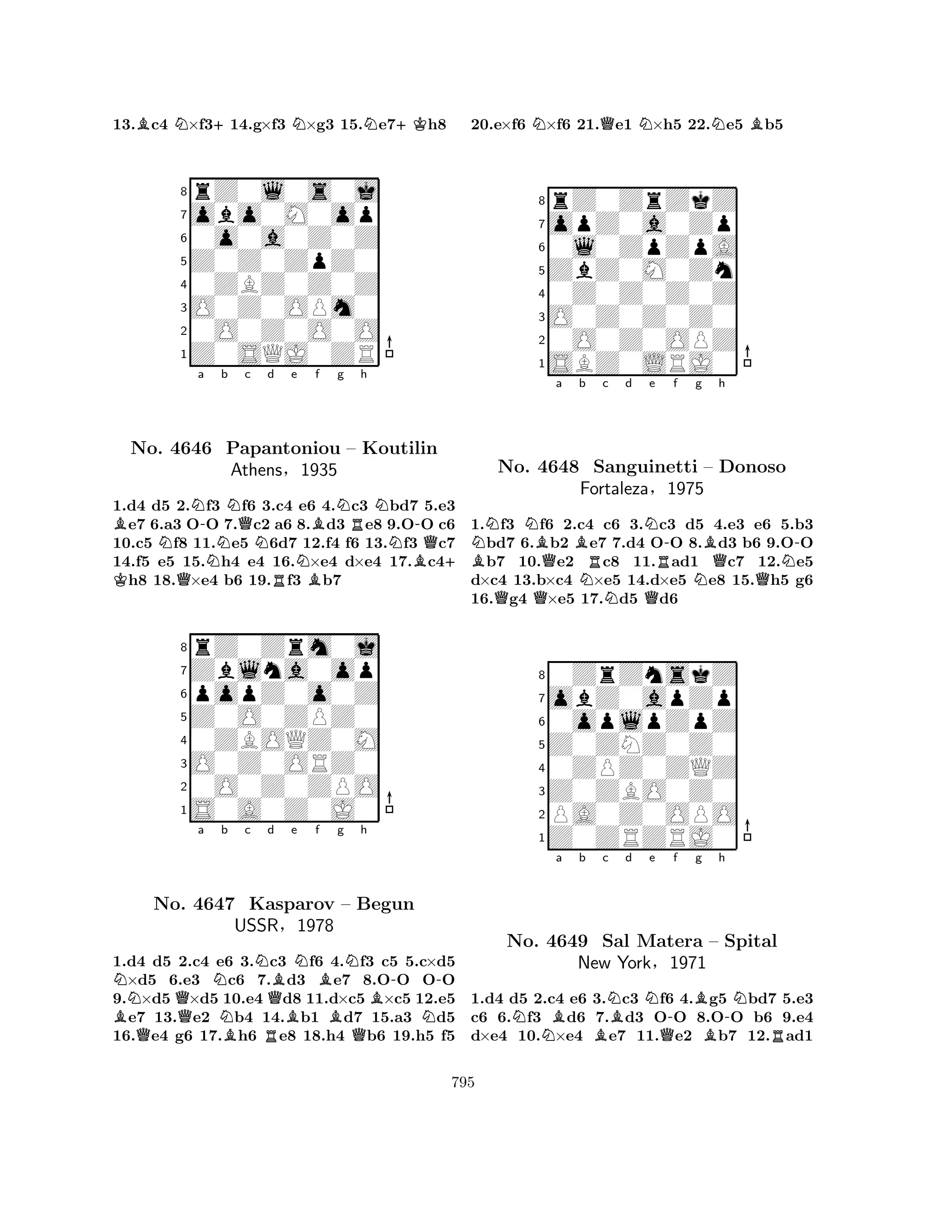 13.Bc4 N×f3+14.g×f3 N×g3 15.Ne7+Kh8 
8rZ0l0s0j 
7obo0M0op 
60o0a0Z0Z 
5Z0Z0ZpZ0 
40ZBZ0Z0Z 
3O0Z0OPm0 
20O0Z0O0O 
1Z0SQJ0ZR 
K BNa -No. N4646 QNb NQc Nd e f g h 
Papantoniou AthensRNBBNRN-– Koutilin 
NQ§1935 
B+ 1.d4 d5 2.f3 f6 3.c4 e6 4.c3 bd7 5.e3 e7 6.a3 OO 7.c2 a6 8.d3 e8 9.OO c6 
10.c5 f8 11.e5 6d7 12.f4 f6 13.f3 c7 
14.f5 e5 15.h4 e4 16.×e4 d×e4 17.c4h8 18.×e4 b6 19.f3 b7 
8rZ0Zrm0j 
7Zblna0op 
6popZ0o0Z 
5Z0O0ZPZ0 
40ZBOQZ0M 
3O0Z0ORZ0 
20O0Z0ZPO 
1S0A0Z0J0 
NQa Nb c BQNo. 4647 NBNKasparov RQd Be BNf Bg h 
USSR§1978 
BNQB-N-– Begun 
1.d4 d5 2.c4 e6 3.c3 f6 4.f3 c5 5.c×d5 ×d5 6.e3 c6 7.d3 e7 8.OO OO 
9.×d5 ×d5 10.e4 d8 11.d×c5 ×c5 12.e5 e7 13.e2 b4 14.b1 d7 15.a3 d5 
16.e4 g6 17.h6 e8 18.h4 b6 19.h5 f5 
20.e×f6 N×f6 21.Qe1 N×h5 22.Ne5 Bb5 
8rZ0ZrZkZ 
7opZ0a0Zp 
60l0ZpZpA 
5ZbZ0M0Zn 
40Z0Z0Z0Z 
3O0Z0Z0Z0 
20O0Z0OPZ 
1SBZ0LRJ0 
BNQNBNo. Q4648 Qa Bb Rc d NNNe QR-f g Bh 
-Sanguinetti – QDonoso 
NFortaleza§1975 
NQ1.f3 f6 2.c4 c6 3.c3 d5 4.e3 e6 5.b3 bd7 6.b2 e7 7.d4 OO 8.d3 b6 9.OO b7 10.e2 c8 11.ad1 c7 12.e5 
d×c4 13.b×c4 ×e5 14.d×e5 e8 15.h5 g6 
16.g4 ×e5 17.d5 d6 
80ZrZnskZ 
7obZ0apZp 
60oplpZpZ 
5Z0ZNZ0Z0 
40ZPZ0ZQZ 
3Z0ZBO0Z0 
2PA0Z0OPO 
1Z0ZRZRJ0 
NNBa b Bc Nd Ne Q-f Bg Bh 
-NNo. 4649 Sal Matera – Spital 
RNew York§1971 
1.d4 d5 2.c4 e6 3.c3 f6 4.g5 bd7 5.e3 
c6 6.f3 d6 7.d3 OO 8.OO b6 9.e4 
d×e4 10.×e4 e7 11.e2 b7 12.ad1 
795 
 