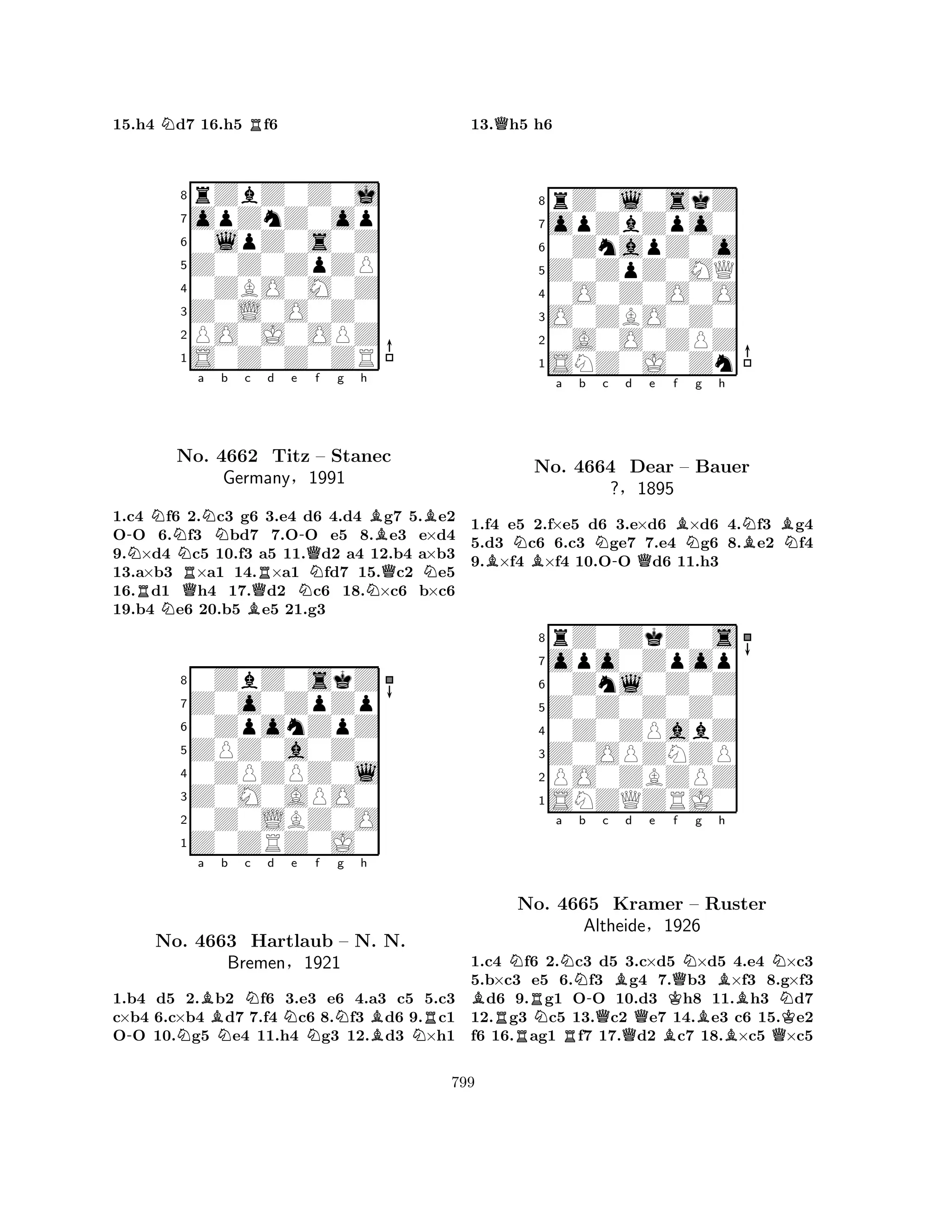 15.h4 Nd7 16.h5 Rf6 
8rZbZ0Z0j 
7opZnZ0op 
60lpZ0s0Z 
5Z0Z0ZpZP 
40ZBO0M0Z 
3Z0L0O0Z0 
2PO0J0OPZ 
1S0Z0Z0ZR 
-NRNNo. Na Nb c d e QRQRN-Qf g h 
BB4662 Titz – Stanec 
Germany§1991 
NQN1.c4 Nf6 2.c3 g6 B3.e4 d6 4.d4 g7 5.e2 
OO 6.f3 bd7 7.OO e5 8.e3 e×d4 
9.×d4 c5 10.f3 a5 11.d2 a4 12.b4 a×b3 
13.a×b3 ×a1 14.×a1 fd7 15.c2 e5 
16.d1 h4 17.d2 c6 18.×c6 b×c6 
19.b4 e6 20.b5 e5 21.g3 
80ZbZ0skZ 
7Z0o0ZpZp 
60ZponZpZ 
5ZPZ0a0Z0 
40ZPZPZ0l 
3Z0M0APO0 
20Z0LBZ0O 
1Z0ZRZ0J0 
-Na Bb c Nd e f Ng h 
No. 4663 NHartlaub N– N. BNRN. 
Bremen§1921 
1.b4 d5 2.b2 f6 3.e3 e6 4.a3 c5 5.c3 
c×b4 6.c×b4 d7 7.f4 c6 8.f3 d6 9.c1 
OO 10.g5 e4 11.h4 g3 12.d3 ×h1 
13.Qh5 h6 
8rZ0l0skZ 
7opZbZpo0 
60ZnapZ0o 
5Z0ZpZ0MQ 
40O0Z0O0O 
3O0ZBO0Z0 
20A0O0ZPZ 
1SNZ0J0Zn 
BNBa b Nc -d Qe f BNg h 
NBBNNo. 4664 Dear – Bauer 
1.f4 e5 2.f×e5 d6 3.e×d6 ×d6 4.f3 g4 
5.d3 c6 6.c3 ge7 7.e4 g6 8.e2 f4 
9.×f4 ×f4 10.OO d6 11.h3 
Z0Z0Z0Z0 
0Znl0Z0Z 
opo0Zpop 
rZ0ZkZ0s 
?§1895 
876SNZQZRJ0 
PO0ZBZPZ 
Z0OPZNZP 
0Z0ZPabZ 
54321BNRa Nb c d e RNo. N4665 R-QBKramer QBKQf Ng h 
– Altheide§1926 
BRuster 
BBNQNK1.c4 f6 2.c3 d5 3.c×d5 ×d5 4.e4 ×c3 
5.b×c3 e5 6.f3 g4 7.b3 ×f3 8.g×f3 d6 9.g1 OO 10.d3 h8 11.h3 d7 
12.g3 c5 13.c2 e7 14.e3 c6 15.e2 
f6 16.ag1 f7 17.d2 c7 18.×c5 ×c5 
799 
 