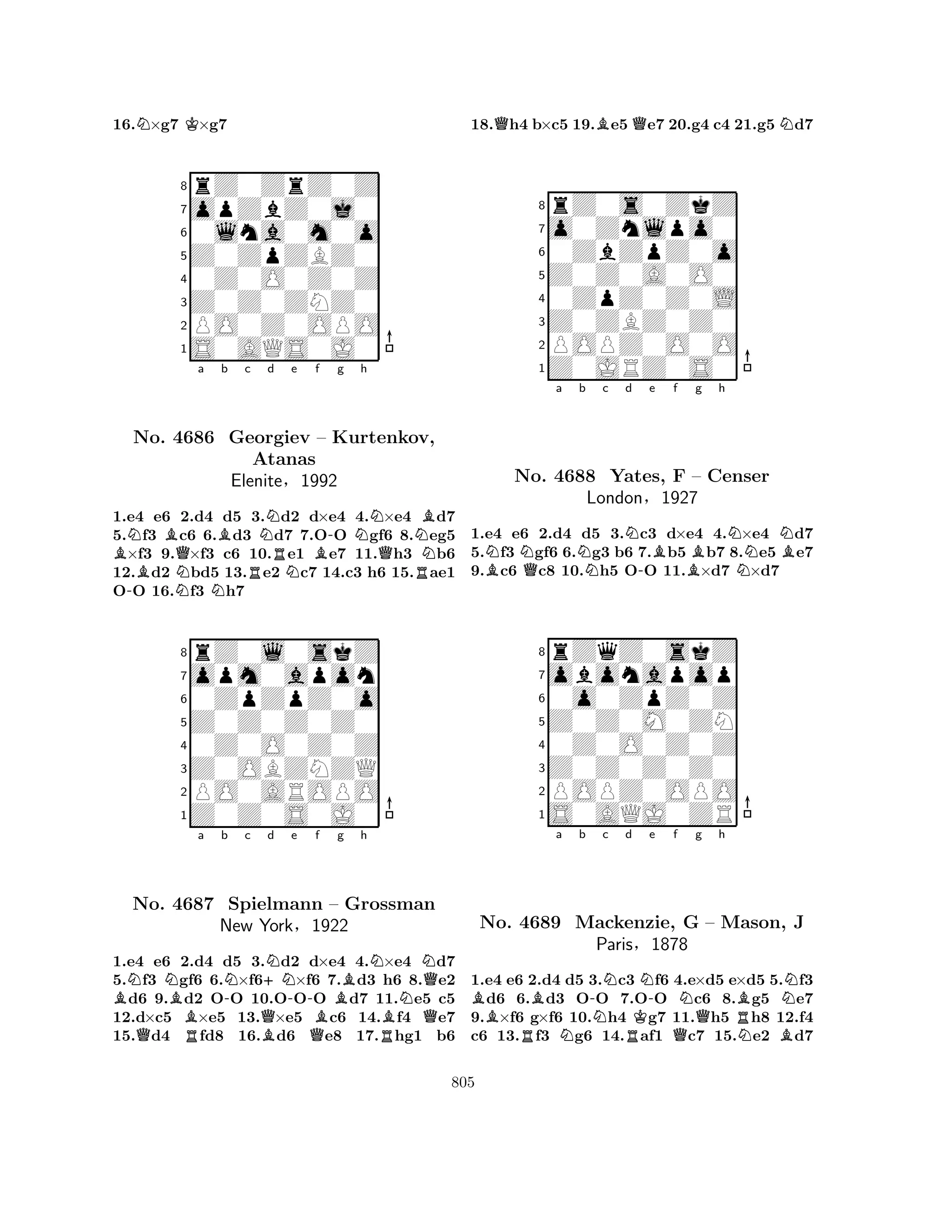 16.N×g7 K×g7 
8rZ0ZrZ0Z 
7opZbZ0j0 
60lna0m0o 
5Z0ZpZBZ0 
40Z0O0Z0Z 
3Z0Z0ZNZ0 
2PO0Z0OPO 
1S0AQS0J0 
NBa b c d e f g h 
B-No. 4686 NQNBGeorgiev RNRNB– -NQNRBKurtenkov, 
Atanas 
Elenite§1992 
1.e4 e6 2.d4 d5 3.d2 d×e4 4.×e4 d7 
5.f3 c6 6.d3 d7 7.OO gf6 8.eg5 ×f3 9.×f3 c6 10.e1 e7 11.h3 b6 
12.d2 bd5 13.e2 c7 14.c3 h6 15.ae1 
OO 16.f3 h7 
8rZ0l0skZ 
7opm0apon 
60ZpZpZ0o 
5Z0Z0Z0Z0 
40Z0O0Z0Z 
3Z0OBZNZQ 
2PO0AROPO 
1Z0Z0S0J0 
BNQNBa b No. 4687 RN-c Q+NNd -e f Bg h 
NNNQSpielmann – Grossman 
New YorkB§Q1922 
BRBQ1.e4 e6 2.d4 d5 3.d2 d×e4 4.×e4 d7 
5.f3 gf6 6.×f6×f6 7.d3 h6 8.e2 d6 9.d2 OO 10.OOO d7 11.e5 c5 
12.d×c5 ×e5 13.×e5 c6 14.f4 e7 
15.d4 fd8 16.d6 e8 17.hg1 b6 
18.Qh4 b×c5 19.Be5 Qe7 20.g4 c4 21.g5 Nd7 
8rZ0s0ZkZ 
7o0Znlpo0 
60ZbZpZ0o 
5Z0Z0A0O0 
40ZpZ0Z0L 
3Z0ZBZ0Z0 
2POPZ0O0O 
1Z0JRZ0S0 
NNa Nb c Nd e BQ-Bf Bg h 
NNNBNo. 4688 Yates, F – Censer 
1.e4 e6 2.d4 d5 3.c3 d×e4 4.×e4 d7 
5.f3 gf6 6.g3 b6 7.b5 b7 8.e5 e7 
9.c6 c8 10.h5 OO 11.×d7 ×d7 
London§1927 
0o0ZpZ0Z 
Z0Z0M0ZN 
obonapop 
rZqZ0skZ 
876S0AQJ0ZR 
POPZ0OPO 
Z0Z0Z0Z0 
0Z0O0Z0Z 
54321BBa b -c d e f g h 
No. 4689 RNMackenzie, NNRKN-NRBNG – Mason, J 
Paris§1878 
QNB1.e4 e6 2.d4 d5 3.c3 f6 4.e×d5 e×d5 5.f3 d6 6.d3 OO 7.OO c6 8.g5 e7 
9.×f6 g×f6 10.h4 g7 11.h5 h8 12.f4 
c6 13.f3 g6 14.af1 c7 15.e2 d7 
805 
 