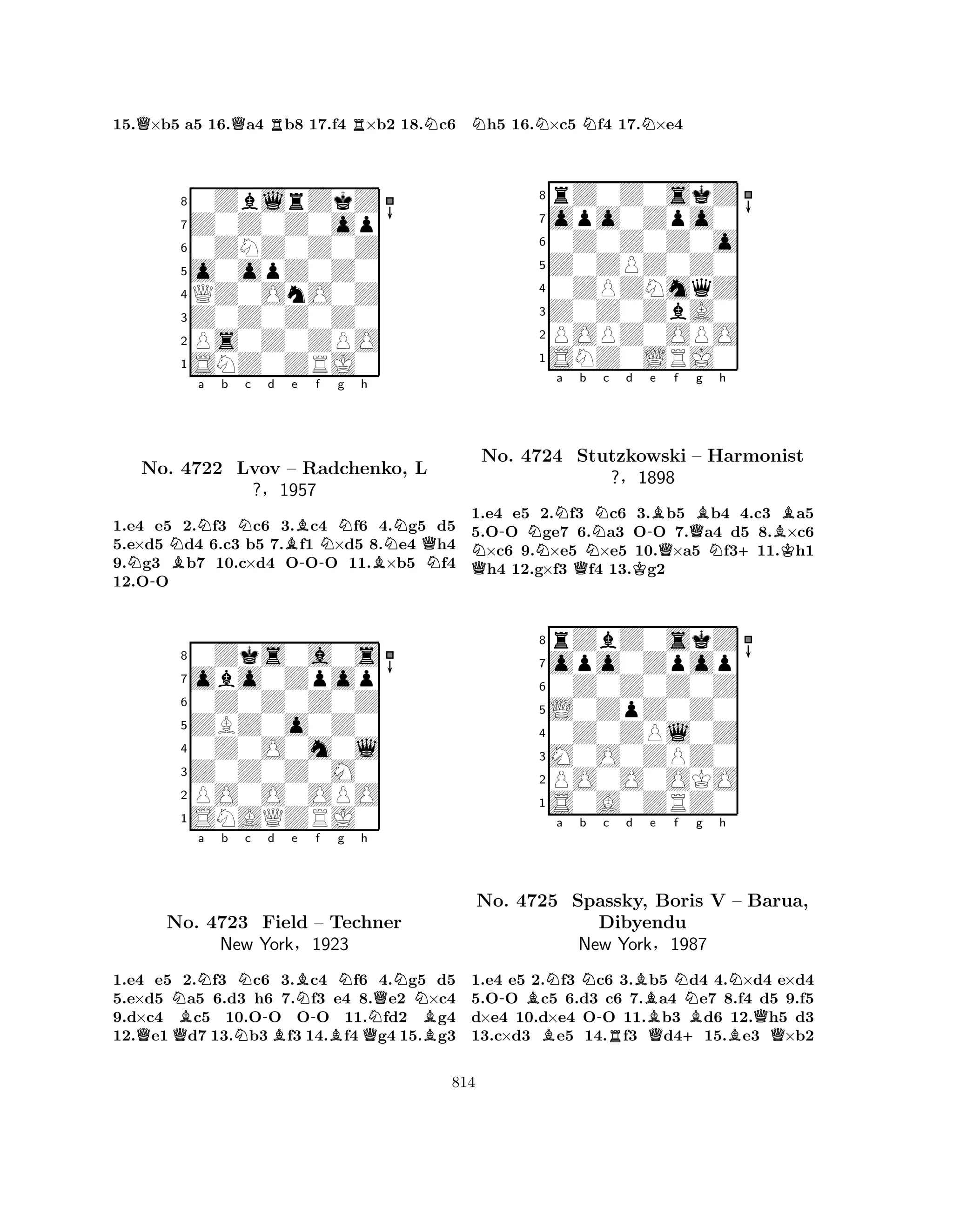 15.Q×b5 a5 16.Qa4 Rb8 17.f4 R×b2 18.Nc6 
80ZblrZkZ 
7Z0Z0Z0op 
60ZNZ0Z0Z 
5o0opZ0Z0 
4QZ0OnO0Z 
3Z0Z0Z0Z0 
2Ps0Z0ZPO 
1SNZ0ZRJ0 
NNBNa b Nc d Be -f g h 
No. -NNQ4722 Lvov – Radchenko, BL 
N1.e4 e5 2.f3 c6 3.c4 f6 4.g5 d5 
5.e×d5 d4 6.c3 b5 7.f1 ×d5 8.e4 h4 
9.g3 b7 10.c×d4 OOO 11.×b5 f4 
12.OO 
?§1957 
0Z0Z0Z0Z 
ZBZ0o0Z0 
obo0Zpop 
0Zks0a0s 
876SNAQZRJ0 
PO0O0OPO 
Z0Z0Z0M0 
0Z0O0m0l 
54321NBNa b QQNNc No. 4723 -d e f g BBN-Nh 
QNField – Techner 
NNew York§1923 
BQB1.e4 e5 2.f3 c6 3.c4 f6 4.g5 d5 
5.e×d5 a5 6.d3 h6 7.f3 e4 8.e2 ×c4 
9.d×c4 c5 10.OO OO 11.fd2 g4 
12.e1d7 13.b3f3 14.f4 g4 15.g3 
Nh5 16.N×c5 Nf4 17.N×e4 
8rZ0Z0skZ 
7opo0Zpo0 
60Z0Z0Z0o 
5Z0ZPZ0Z0 
40ZPZNmqZ 
3Z0Z0ZbA0 
2POPZ0OPO 
1SNZ0LRJ0 
N-NNa b QNo. 4724 QStutzkowski NNc d -e BQf QBg Nh 
KB– Harmonist 
+K1.e4 e5 2.f3 c6 3.b5 b4 4.c3 a5 
5.OO ge7 6.a3 OO 7.a4 d5 8.×c6 ×c6 9.×e5 ×e5 10.×a5 f311.h1 h4 12.g×f3 f4 13.g2 
?§1898 
0Z0Z0Z0Z 
L0ZpZ0Z0 
opo0Zpop 
rZbZ0skZ 
876S0A0ZRZ0 
PO0O0OKO 
M0O0ZPZ0 
0Z0ZPl0Z 
54321Na b Nc d e f g h 
No. -4725 BBSpassky, -BBoris NNV – Barua, 
Dibyendu 
New RBYorkQB§1987 
+BQ1.e4 e5 2.f3 c6 3.b5 d4 4.×d4 e×d4 
5.OO c5 6.d3 c6 7.a4 e7 8.f4 d5 9.f5 
d×e4 10.d×e4 OO 11.b3 d6 12.h5 d3 
13.c×d3 e5 14.f3 d415.e3 ×b2 
814 
 