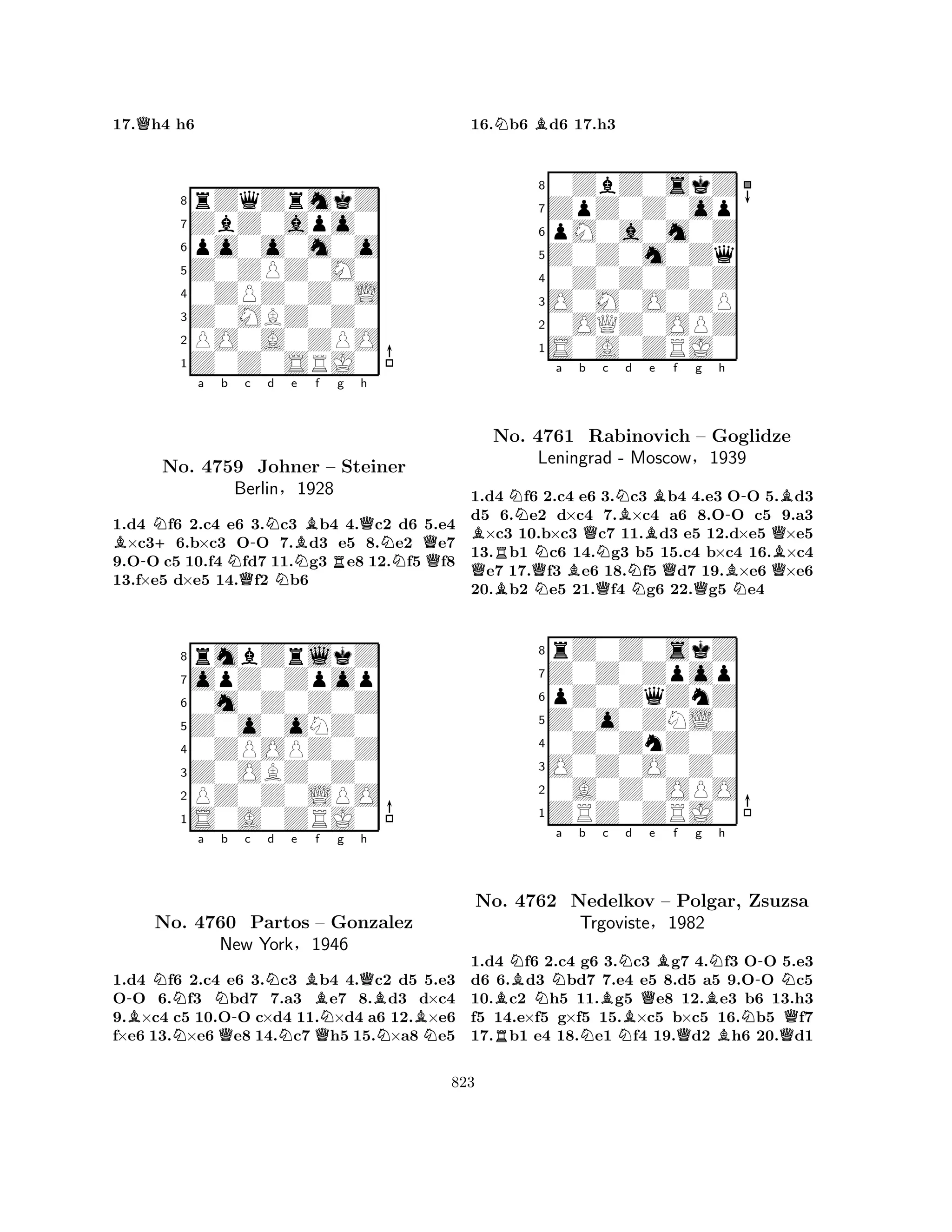17.Qh4 h6 
8rZqZrmkZ 
7ZbZ0apo0 
6po0o0m0o 
5Z0ZPZ0M0 
40ZPZ0Z0L 
3Z0MBZ0Z0 
2PO0A0ZPO 
1Z0Z0SRJ0 
B-N+a b Nc -Nd No. 4759 QJohner Ne Bf – Rg Qh 
Steiner 
NQBerlin§1928 
1.d4 f6 2.c4 e6 3.c3 b4 4.c2 d6 5.e4 ×c36.b×c3 OO 7.d3 e5 8.e2 e7 
9.OO c5 10.f4 fd7 11.g3 e8 12.f5 f8 
13.f×e5 d×e5 14.f2 b6 
8rmbZrlkZ 
7opZ0Zpop 
60m0Z0Z0Z 
5Z0o0oNZ0 
40ZPOPZ0Z 
3Z0OBZ0Z0 
2PZ0Z0LPO 
1S0A0ZRJ0 
-BNa Nb No. N4760 Q-c Nd e f g h 
Partos NBQ– NQBGonzalez 
BNew York§1946 
NN1.d4 f6 2.c4 e6 3.c3 b4 4.c2 d5 5.e3 
OO 6.f3 bd7 7.a3 e7 8.d3 d×c4 
9.×c4 c5 10.OO c×d4 11.×d4 a6 12.×e6 
f×e6 13.×e6 e8 14.c7 h5 15.×a8 e5 
16.Nb6 Bd6 17.h3 
80ZbZ0skZ 
7ZpZ0Z0op 
6pM0a0m0Z 
5Z0Z0m0Zq 
40Z0Z0Z0Z 
3O0M0O0ZP 
20OQZ0OPZ 
1S0A0ZRJ0 
BNa b Qc NBd QNo. RQ4761 NBRabinovich NBe Bf g h 
Q-B– Goglidze 
QLeningrad - Moscow§1939 
BQB1.d4 Bf6 N2.c4 e6 Q3.Nc3 b4 4.Qe3 ONO 5.d3 
d5 6.e2 d×c4 7.×c4 a6 8.OO c5 9.a3 ×c3 10.b×c3 c7 11.d3 e5 12.d×e5 ×e5 
13.b1 c6 14.g3 b5 15.c4 b×c4 16.×c4 e7 17.f3 e6 18.f5 d7 19.×e6 ×e6 
20.b2 e5 21.f4 g6 22.g5 e4 
8rZ0Z0skZ 
7Z0Z0Zpop 
6pZ0ZqZnZ 
5Z0o0ZNL0 
40Z0ZnZ0Z 
3O0Z0O0Z0 
20A0Z0OPO 
1ZRZ0ZRJ0 
BNNa b Bc Nd Qe Bf g RNh 
-NNo. 4762 Nedelkov N– Polgar, BZsuzsa 
TrgovisteN§1982 
QBNQ1.d4 f6 2.c4 g6 3.c3 g7 4.f3 OO 5.e3 
d6 6.d3 bd7 7.e4 e5 8.d5 a5 9.OO c5 
10.c2 h5 11.g5 e8 12.e3 b6 13.h3 
f5 14.e×f5 g×f5 15.×c5 b×c5 16.b5 f7 
17.b1 e4 18.e1 f4 19.d2 h6 20.d1 
823 
 
