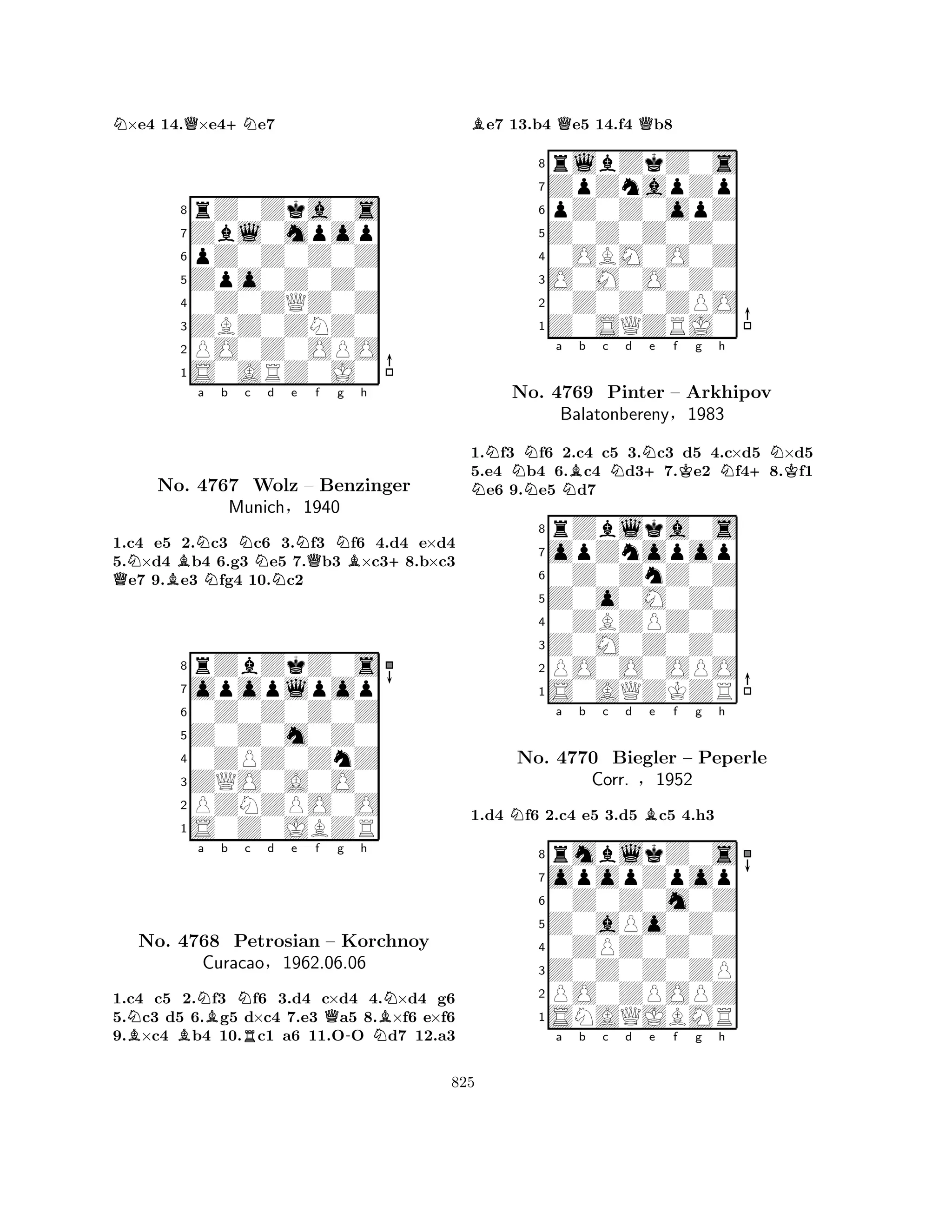 N×e4 14.Q×e4+Ne7 
8rZ0Zka0s 
7Zbl0mpop 
6pZ0Z0Z0Z 
5Zpo0Z0Z0 
40Z0ZQZ0Z 
3ZBZ0ZNZ0 
2PO0Z0OPO 
1S0ARZ0J0 
NBNa b Nc d e QNNNQf Ng Bh 
+No. 4767 Wolz – Benzinger 
1.c4 e5 2.c3 c6 3.f3 f6 4.d4 e×d4 
5.×d4 b4 6.g3 e5 7.b3 ×c38.b×c3 e7 9.e3 fg4 10.c2 
Munich§1940 
0Z0Z0Z0Z 
Z0Z0m0Z0 
opoplpop 
rZbZkZ0s 
876S0Z0JBZR 
PZNZPO0O 
ZQO0A0O0 
0ZPZ0ZnZ 
54321Na b c d e f g h 
BNBNQBNNo. B4768 Petrosian R– Korchnoy 
-NCuracao§1962.06.06 
1.c4 c5 2.f3 f6 3.d4 c×d4 4.×d4 g6 
5.c3 d5 6.g5 d×c4 7.e3 a5 8.×f6 e×f6 
9.×c4 b4 10.c1 a6 11.OO d7 12.a3 
Be7 13.b4 Qe5 14.f4 Qb8 
8rlbZkZ0s 
7ZpZnapZp 
6pZ0Z0opZ 
5Z0Z0Z0Z0 
40OBM0O0Z 
3O0M0O0Z0 
20Z0Z0ZPO 
1Z0SQZRJ0 
NNNNa NBb c Nd N+e f Kg h 
N+NK1.f3 f6 2.c4 c5 3.c3 d5 4.c×d5 ×d5 
5.e4 b4 6.c4 d37.e2 f48.f1 e6 9.e5 d7 
8rZblka0s 
7opZnopop 
60Z0ZnZ0Z 
5Z0o0M0Z0 
40ZBZPZ0Z 
3Z0M0Z0Z0 
2PO0O0OPO 
1S0AQZKZR 
No. 4769 Pinter – Arkhipov 
Balatonbereny§1983 
1.d4 Nf6 2.c4 e5 3.d5 Bc5 4.h3 
opopZpop 
rmblkZ0s 
a b c d e f g h 
Z0aPo0Z0 
0Z0Z0m0Z 
8Z0Z0Z0ZP 
0ZPZ0Z0Z 
76PO0ZPOPZ 
5SNAQJBMR 
4321No. 4770 Biegler – Peperle 
Corr. §1952 
a b c d e f g h 
825 
 