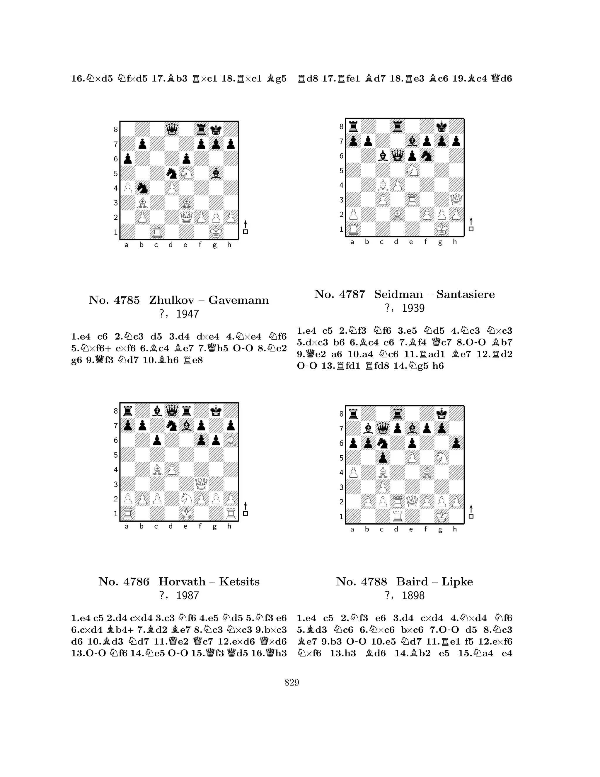 16.N×d5 Nf×d5 17.Bb3 R×c1 18.R×c1 Bg5 
80Z0l0skZ 
7ZpZ0Zpop 
6pZ0ZpZ0Z 
5Z0ZnM0a0 
4Pm0O0Z0Z 
3ZBZ0A0Z0 
20O0ZQOPO 
1Z0S0Z0J0 
N+Na b Bc d Be f QNRQg h 
N-NNo. 4785 Zhulkov – Gavemann 
1.e4 c6 2.c3 d5 3.d4 d×e4 4.×e4 f6 
5.×f6e×f6 6.c4 e7 7.h5 OO 8.e2 
g6 9.f3 d7 10.h6 e8 
?§1947 
0ZpZ0opA 
Z0Z0Z0Z0 
opZnapZp 
rZblrZkZ 
876S0Z0J0ZR 
POPZNOPO 
Z0Z0ZQZ0 
0ZBO0Z0Z 
54321Ba +b c d e f g h 
-No. N4786 NNBHorvath QB-NQNNQN– Ketsits 
?§1987 
Q1.e4 c5 2.d4 c×d4 3.c3 f6 4.e5 d5 5.f3 e6 
6.c×d4 b47.d2 e7 8.c3 ×c3 9.b×c3 
d6 10.d3 d7 11.e2 c7 12.e×d6 ×d6 
13.OO f6 14.e5 OO 15.f3 d5 16.h3 
Rd8 17.Rfe1 Bd7 18.Re3 Bc6 19.Bc4 Qd6 
8rZ0s0ZkZ 
7opZ0apop 
60Zblpm0Z 
5Z0Z0M0Z0 
40ZBO0Z0Z 
3Z0O0S0ZQ 
2PZ0A0OPO 
1S0Z0Z0J0 
QNa -RBb RNNo. 4787 Seidman Nc d Be NRNf Qg h 
N-NB– Santasiere 
BR?§1939 
1.e4 c5 2.f3 f6 3.e5 d5 4.c3 ×c3 
5.d×c3 b6 6.c4 e6 7.f4 c7 8.OO b7 
9.e2 a6 10.a4 c6 11.ad1 e7 12.d2 
OO 13.fd1 fd8 14.g5 h6 
8rZ0s0ZkZ 
7Zblpapo0 
6ponZpZ0o 
5Z0o0O0M0 
4PZBZ0A0Z 
3Z0O0Z0Z0 
20OPSQOPO 
1Z0ZRZ0J0 
BNNa -b Nc d NNo. 4788 BBaird Ne f g R-h 
BNN– Lipke 
?§1898 
N1.e4 c5 2.f3 e6 3.d4 c×d4 4.×d4 f6 
5.d3 c6 6.×c6 b×c6 7.OO d5 8.c3 e7 9.b3 OO 10.e5 d7 11.e1 f5 12.e×f6 ×f6 13.h3 d6 14.b2 e5 15.a4 e4 
829 
 