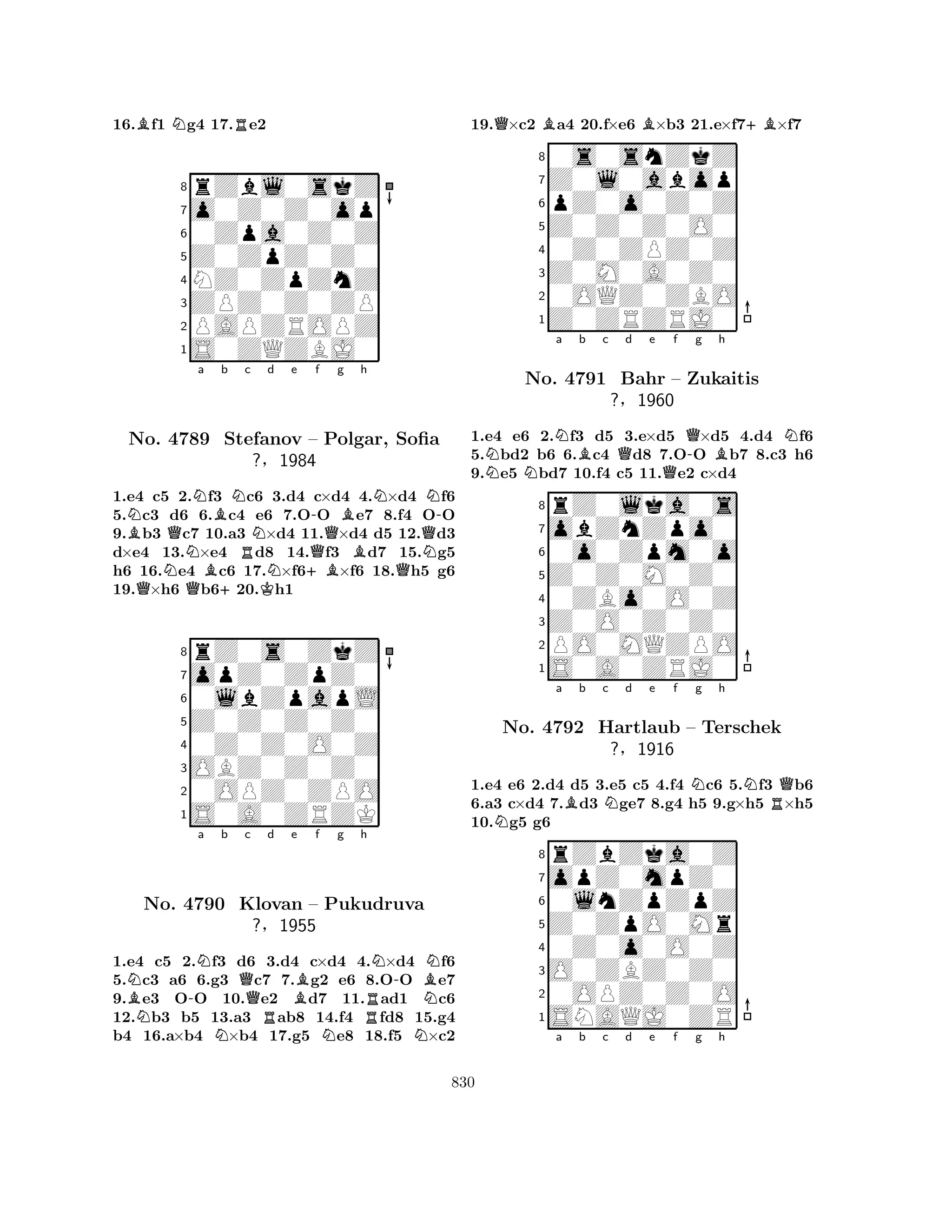 16.Bf1 Ng4 17.Re2 
8rZbl0skZ 
7o0Z0Z0op 
60Zpa0Z0Z 
5Z0ZpZ0Z0 
4NZ0ZpZnZ 
3ZPZ0Z0ZP 
2PAPZROPZ 
1S0ZQZBJ0 
BNQNa Bb Nc No. N4789 BStefanov RNd e f g h 
?§N-B– Polgar, 1984 
+BQBNQSofia 
QNN-1.e4 Qc5 2.Qf3 +c6 K3.d4 c×d4 4.×d4 f6 
5.c3 d6 6.c4 e6 7.OO e7 8.f4 OO 
9.b3 c7 10.a3 ×d4 11.×d4 d5 12.d3 
d×e4 13.×e4 d8 14.f3 d7 15.g5 
h6 16.e4 c6 17.×f6×f6 18.h5 g6 
19.×h6 b620.h1 
8rZ0s0ZkZ 
7opZ0ZpZ0 
60lbZpapL 
5Z0Z0Z0Z0 
40Z0Z0O0Z 
3OBZ0Z0Z0 
20OPZ0ZPO 
1S0A0ZRZK 
BN-Na b Qc d e f g h 
NNo. 4790 NKlovan RBNN-BN– Pukudruva 
?§1955 
RNN1.e4 c5 2.f3 d6 3.d4 c×d4 4.×d4 f6 
5.c3 a6 6.g3 c7 7.g2 e6 8.OO e7 
9.e3 OO 10.e2 d7 11.ad1 c6 
12.b3 b5 13.a3 ab8 14.f4 fd8 15.g4 
b4 16.a×b4 ×b4 17.g5 e8 18.f5 ×c2 
19.Q×c2 Ba4 20.f×e6 B×b3 21.e×f7+B×f7 
80s0snZkZ 
7Z0l0abop 
6pZ0o0Z0Z 
5Z0Z0Z0O0 
40Z0ZPZ0Z 
3Z0M0A0Z0 
20OQZ0ZBO 
1Z0ZRZRJ0 
1.e4 e6 2.Nf3 d5 3.e×d5 Q×d5 4.d4 Nf6 
5.Nbd2 b6 6.Bc4 Qd8 7.O-O Bb7 8.c3 h6 
9.e5 Nbd7 10.f4 c5 11.Qe2 c×d4 
rZ0lka0s 
a b c d e f g h 
obZnZpo0 
Z0Z0M0Z0 
0o0Zpm0o 
8Z0O0Z0Z0 
0ZBo0O0Z 
76PO0MQZPO 
5S0A0ZRJ0 
4321No. 4791 Bahr – Zukaitis 
?§1960 
1.e4 e6 2.d4 d5 3.e5 c5 4.f4 Nc6 5.Nf3 Qb6 
6.a3 c×d4 7.Bd3 Nge7 8.g4 h5 9.g×h5 R×h5 
10.Ng5 g6 
rZbZka0Z 
a b c d e f g h 
opZ0mpZ0 
Z0ZpO0Mr 
0lnZpZpZ 
8O0ZBZ0Z0 
0Z0o0O0Z 
760OPZ0Z0O 
5SNAQJ0ZR 
4321No. 4792 Hartlaub – Terschek 
?§1916 
a b c d e f g h 
830 
 