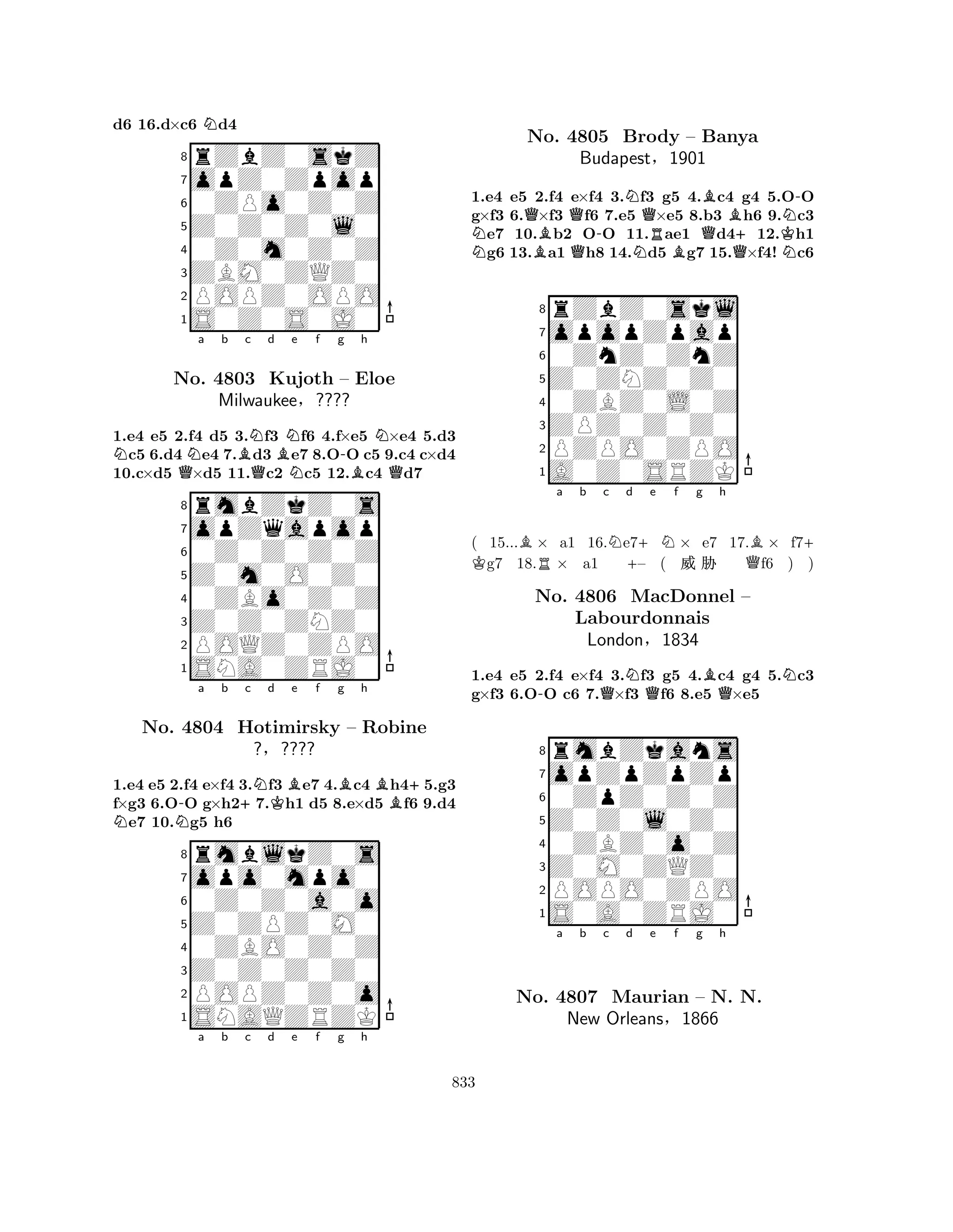 d6 16.d×c6 Nd4 
8rZbZ0skZ 
7opZ0Zpop 
60ZPo0Z0Z 
5Z0Z0Z0l0 
40Z0m0Z0Z 
3ZBM0ZQZ0 
2POPZ0OPO 
1S0Z0S0J0 
1.e4 e5 2.f4 d5 3.Nf3 Nf6 4.f×e5 N×e4 5.d3 Nc5 6.d4 Ne4 7.Bd3 Be7 8.O-O c5 9.c4 c×d4 
10.c×d5 Q×d5 11.Qc2 Nc5 12.Bc4 Qd7 
rmbZkZ0s 
a b c d e f g h 
opZqapop 
Z0m0O0Z0 
0Z0Z0Z0Z 
8Z0Z0ZNZ0 
0ZBo0Z0Z 
76POQZ0ZPO 
5SNA0ZRJ0 
4321No. 4803 Kujoth – Eloe 
Milwaukee§???? 
1.e4 e5 2.f4 e×f4 3.Nf3 Be7 4.Bc4 Bh4+5.g3 
f×g3 6.O-O g×h2+7.Kh1 d5 8.e×d5 f6 9.d4 Ne7 10.Ng5 h6 
rmblkZ0s 
a b c d e f g h 
opo0mpo0 
Z0ZPZ0M0 
0Z0Z0a0o 
8Z0Z0Z0Z0 
0ZBO0Z0Z 
76POPZ0Z0o 
5SNAQZRZK 
4321No. 4804 Hotimirsky – Robine 
?§???? 
a b c d e f g h 
NQBQQ-NNQNo. 4805 Brody RBQBB– Banya 
Q+KNN-1.e4 e5 2.f4 e×f4 3.f3 g5 4.c4 g4 5.OO 
g×f3 6.×f3 f6 7.e5 ×e5 8.b3 h6 9.c3 e7 10.b2 OO 11.ae1 d412.h1 g6 13.a1 h8 14.d5 g7 15.×f4! c6 
Z0ZNZ0Z0 
0ZnZ0ZnZ 
opopZpap 
rZbZ0skl 
Budapest§1901 
876A0Z0SRZK 
PZPO0ZPO 
ZPZ0Z0Z0 
0ZBZ0L0Z 
54321K BRN++NQB+ a b c d e f g h 
( 15...× a1 16.e7× e7 17.× f7g7 18.× a1 – ( %  f6 ) ) 
1.e4 e5 2.f4 e×f4 3.Nf3 g5 4.Bc4 g4 5.Nc3 
g×f3 6.O-O c6 7.Q×f3 Qf6 8.e5 Q×e5 
8rmbZkans 
7opZpZpZp 
60ZpZ0Z0Z 
5Z0Z0l0Z0 
40ZBZ0o0Z 
3Z0M0ZQZ0 
2POPO0ZPO 
1S0A0ZRJ0 
No. 4806 MacDonnel – 
Labourdonnais 
London§1834 
a b c d e f g h 
No. 4807 Maurian – N. N. 
New Orleans§1866 
833 
 