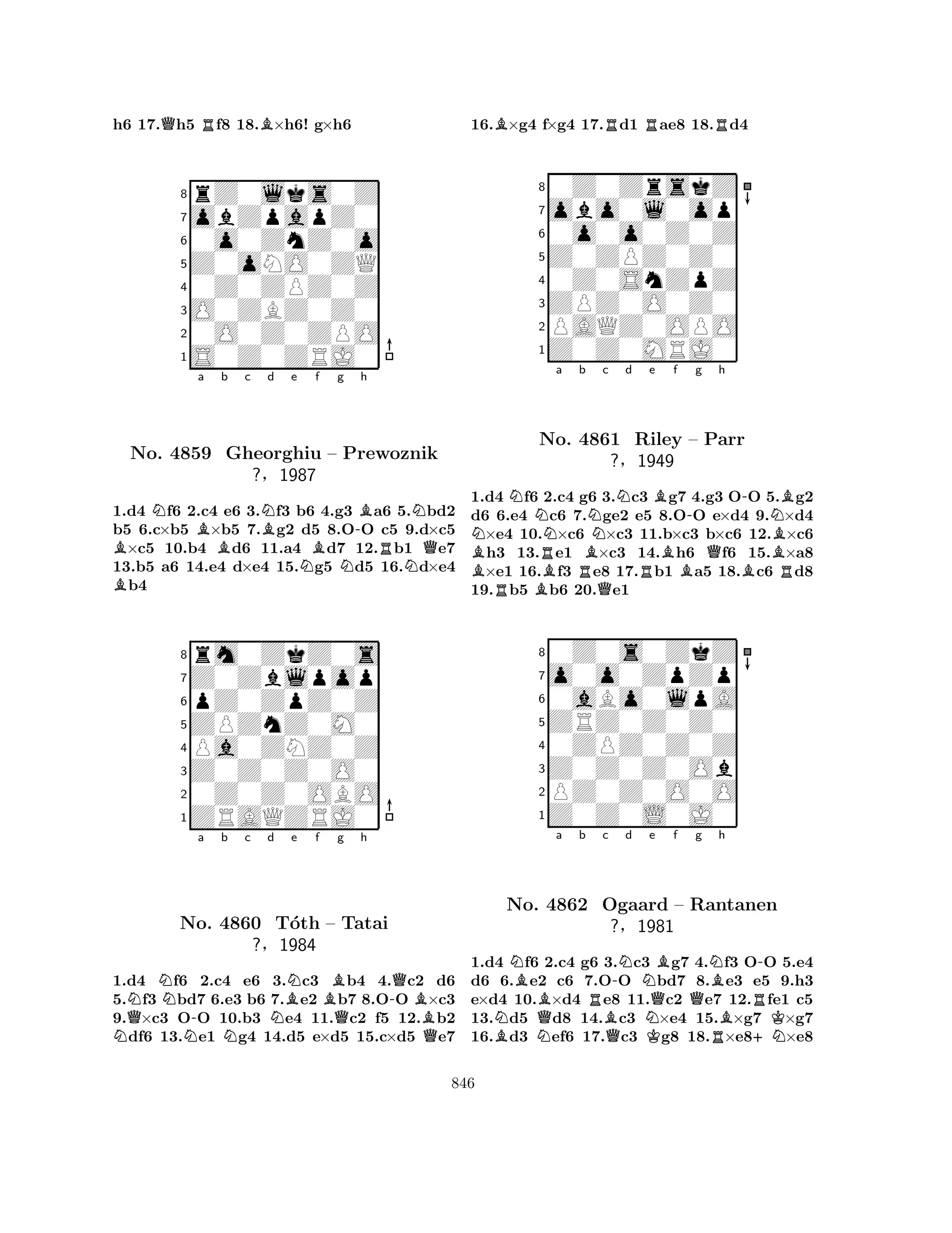 h6 17.Qh5 Rf8 18.B×h6! g×h6 
8rZ0lks0Z 
7obZpapZ0 
60o0ZnZ0o 
5Z0oNO0ZQ 
40Z0ZPZ0Z 
3O0ZBZ0Z0 
20O0Z0ZPO 
1S0Z0ZRJ0 
BNBa b c NBd e BNo. 4859 Gheorghiu NBf g N-Bh 
– Prewoznik 
R?§1987 
NNQ1.d4 f6 2.c4 e6 3.f3 b6 4.g3 a6 5.bd2 
b5 6.c×b5 ×b5 7.g2 d5 8.OO c5 9.d×c5 ×c5 10.b4 d6 11.a4 d7 12.b1 e7 
13.b5 a6 14.e4 d×e4 15.g5 d5 16.d×e4 b4 
8rm0ZkZ0s 
7Z0Zblpop 
6pZ0ZpZ0Z 
5ZPZnZ0M0 
4Pa0ZNZ0Z 
3Z0Z0Z0O0 
20Z0Z0OBO 
1ZRAQZRJ0 
NQNN-a b c d NBNe f g h 
No. N4860 NB-QT´oth – QTatai 
B?§1984 
Q1.d4 f6 2.c4 e6 3.c3 b4 4.c2 d6 
5.f3 bd7 6.e3 b6 7.e2 b7 8.OO ×c3 
9.×c3 OO 10.b3 e4 11.c2 f5 12.b2 df6 13.e1 g4 14.d5 e×d5 15.c×d5 e7 
16.B×g4 f×g4 17.Rd1 Rae8 18.Rd4 
80Z0ZrskZ 
7obo0l0op 
60o0o0Z0Z 
5Z0ZPZ0Z0 
40Z0SnZpZ 
3ZPZ0O0Z0 
2PAQZ0OPO 
1Z0Z0MRJ0 
NNNa b Nc Nd e Bf -g h 
BRRBRBQB-NBNo. 4861 Riley – Parr 
?§1949 
BR1.d4 Rf6 B2.c4 g6 Q3.c3 g7 4.g3 OO 5.g2 
d6 6.e4 c6 7.ge2 e5 8.OO e×d4 9.×d4 ×e4 10.×c6 ×c3 11.b×c3 b×c6 12.×c6 h3 13.e1 ×c3 14.h6 f6 15.×a8 ×e1 16.f3 e8 17.b1 a5 18.c6 d8 
19.b5 b6 20.e1 
80Z0s0ZkZ 
7o0o0ZpZp 
60aBo0lpA 
5ZRZ0Z0Z0 
40ZPZ0Z0Z 
3Z0Z0Z0Ob 
2PZ0Z0O0O 
1Z0Z0L0J0 
NBa b Rc -Nd e f g h 
NBNo. NQ4862 Ogaard BQNQBNB-– QRantanen 
R?§1981 
NKRB+NK1.d4 f6 2.c4 g6 3.c3 g7 4.f3 OO 5.e4 
d6 6.e2 c6 7.OO bd7 8.e3 e5 9.h3 
e×d4 10.×d4 e8 11.c2 e7 12.fe1 c5 
13.d5 d8 14.c3 ×e4 15.×g7 ×g7 
16.d3 ef6 17.c3 g8 18.×e8×e8 
846 
 