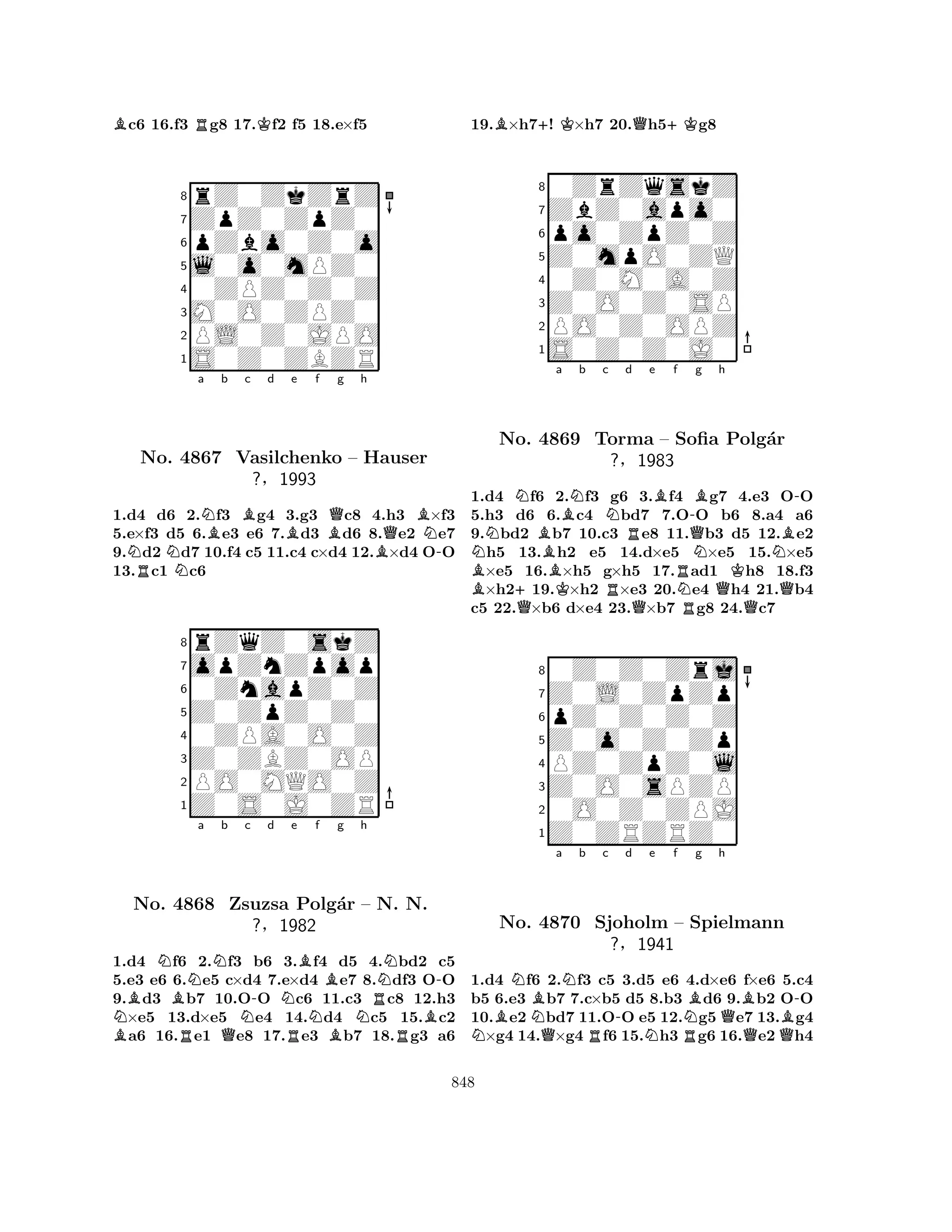Bc6 16.f3 Rg8 17.Kf2 f5 18.e×f5 
8rZ0ZkZrZ 
7ZpZ0ZpZ0 
6pZbo0Z0o 
5l0o0mPZ0 
40ZPZ0Z0Z 
3M0O0ZPZ0 
2PL0Z0JPO 
1S0Z0ZBZR 
NNa NBb Bc d Be f RBQg h 
BQBNNo. 4867 Vasilchenko – Hauser 
-1.d4 d6 2.f3 g4 3.g3 c8 4.h3 ×f3 
5.e×f3 d5 6.e3 e6 7.d3 d6 8.e2 e7 
9.d2 d7 10.f4 c5 11.c4 c×d4 12.×d4 OO 
13.c1 c6 
?§1993 
0ZnapZ0Z 
Z0ZpZ0Z0 
opZnZpop 
rZqZ0skZ 
876Z0S0J0ZR 
PO0MQO0Z 
Z0ZBZ0OP 
0ZPA0O0Z 
54321BNBNBRNa Nb c No. 4868 QZsuzsa N-d Ne Bf Bg h 
N-Polg´ar – RN. N. 
?§1982 
RNBNRB1.d4 f6 2.f3 b6 3.f4 d5 4.bd2 c5 
5.e3 e6 6.e5 c×d4 7.e×d4 e7 8.df3 OO 
9.d3 b7 10.OO c6 11.c3 c8 12.h3 ×e5 13.d×e5 e4 14.d4 c5 15.c2 a6 16.e1 e8 17.e3 b7 18.g3 a6 
19.B×h7+! K×h7 20.Qh5+Kg8 
80ZrZqskZ 
7ZbZ0apo0 
6po0ZpZ0Z 
5Z0mpO0ZQ 
40Z0M0A0Z 
3Z0O0Z0SP 
2PO0Z0OPZ 
1S0Z0Z0J0 
NNa BNb c d BNNo. B4869 BTorma Re Bf R-QBg h 
NKNB-– Sofia Polg´ar 
?§1983 
1.d4 +Qf6 K2.f3 Rg6 3.f4 Ng7 Q4.e3 QOO 
5.h3 d6 6.c4 bd7 Q7.ORO b6 Q8.a4 a6 
9.bd2 b7 10.c3 e8 11.b3 d5 12.e2 h5 13.h2 e5 14.d×e5 ×e5 15.×e5 ×e5 16.×h5 g×h5 17.ad1 h8 18.f3 ×h219.×h2 ×e3 20.e4 h4 21.b4 
c5 22.×b6 d×e4 23.×b7 g8 24.c7 
80Z0Z0Zrj 
7Z0L0ZpZp 
6pZ0Z0Z0Z 
5Z0o0Z0Zp 
4PZ0ZpZ0l 
3Z0O0sPZP 
20O0Z0ZPJ 
1Z0ZRZRZ0 
NBNNo. NBa QNb c d e f g h 
4870 RBB-Sjoholm -– NSpielmann 
B?§1941 
NRQQ1.d4 f6 2.f3 c5 3.d5 e6 4.d×e6 f×e6 5.c4 
b5 6.e3 b7 7.c×b5 d5 8.b3 d6 9.b2 OO 
10.e2 bd7 11.OO e5 12.g5 e7 13.g4 ×g4 14.×g4f6 15.h3 g6 16.e2h4 
848 
 