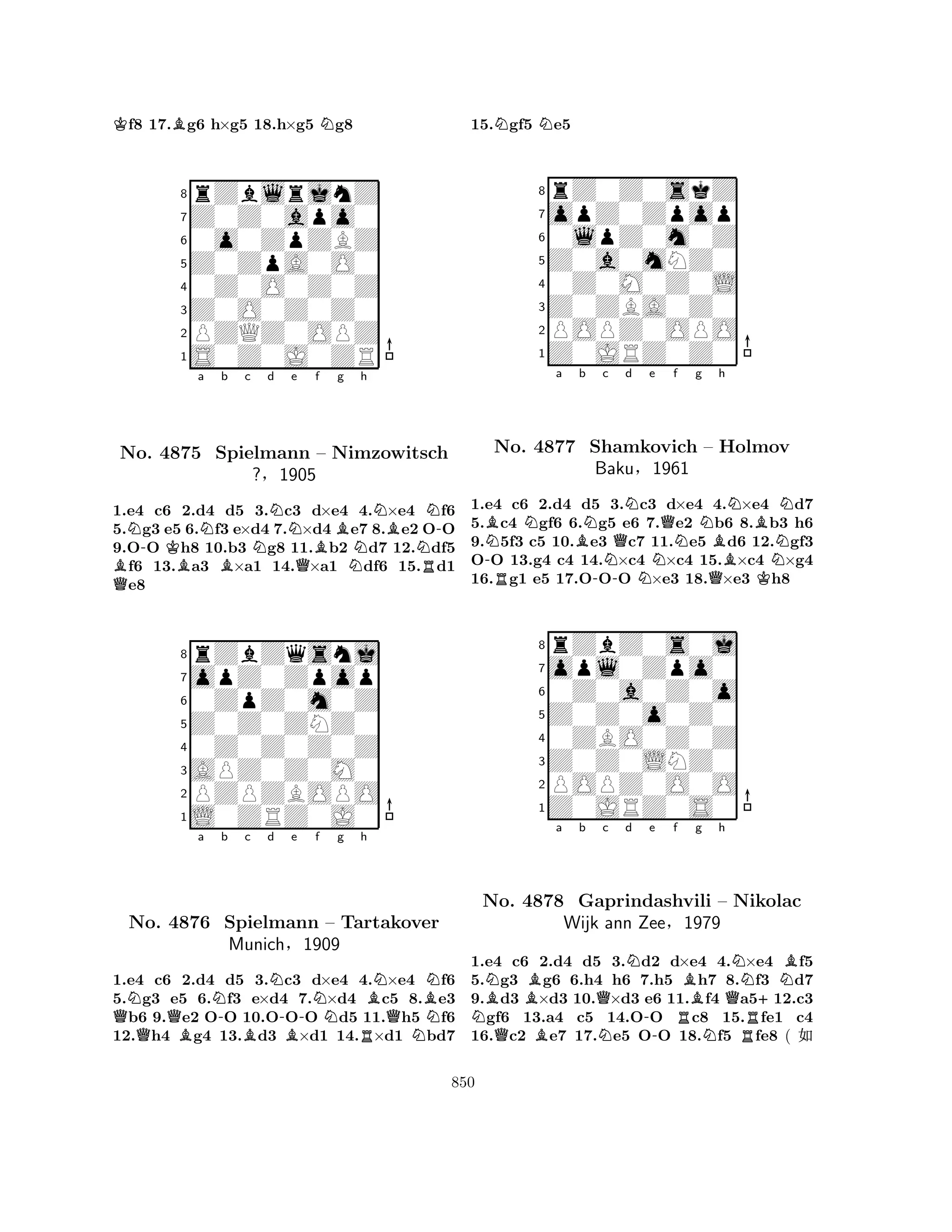 Kf8 17.Bg6 h×g5 18.h×g5 Ng8 
8rZblrjnZ 
7Z0Z0apo0 
60o0ZpZBZ 
5Z0ZpA0O0 
40Z0O0Z0Z 
3Z0O0Z0Z0 
2PZQZ0OPZ 
1S0Z0J0ZR 
N-Ka Nb c Nd QBBBNe No. 4875 Spielmann Bf g h 
NBN-– Nimzowitsch 
N?§1905 
QNR1.e4 c6 2.d4 d5 3.c3 d×e4 4.×e4 f6 
5.g3 e5 6.f3 e×d4 7.×d4e7 8.e2 OO 
9.OO h8 10.b3 g8 11.b2 d7 12.df5 f6 13.a3 ×a1 14.×a1 df6 15.d1 e8 
8rZbZqsnj 
7opZ0Zpop 
60ZpZ0m0Z 
5Z0Z0ZNZ0 
40Z0Z0Z0Z 
3APZ0Z0M0 
2PZPZBOPO 
1L0ZRZ0J0 
QNa NNo. Q4876 B-b c d BN-e BNf g h 
BNBNSpielmann – Tartakover 
QMunich§1909 
RN1.e4 c6 2.d4 d5 3.c3 d×e4 4.×e4 f6 
5.g3 e5 6.f3 e×d4 7.×d4 c5 8.e3 b6 9.e2 OO 10.OOO d5 11.h5 f6 
12.h4 g4 13.d3 ×d1 14.×d1 bd7 
15.Ngf5 Ne5 
8rZ0Z0skZ 
7opZ0Zpop 
60lpZ0m0Z 
5Z0a0mNZ0 
40Z0M0Z0L 
3Z0ZBA0Z0 
2POPZ0OPO 
1Z0JRZ0Z0 
BNNa Bb Nc -RNo. 4877 Shamkovich -NQNd e NQf g NNh 
– Baku§1961 
QBNBNHolmov 
KN1.e4 c6 2.d4 d5 3.c3 d×e4 4.×e4 d7 
5.c4 gf6 6.g5 e6 7.e2 b6 8.b3 h6 
9.5f3 c5 10.e3 c7 11.e5 d6 12.gf3 
OO 13.g4 c4 14.×c4 ×c4 15.×c4 ×g4 
16.g1 e5 17.OOO ×e3 18.×e3 h8 
8rZbZ0s0j 
7opl0Zpo0 
60Z0a0Z0o 
5Z0Z0o0Z0 
40ZBO0Z0Z 
3Z0Z0LNZ0 
2POPZ0O0O 
1Z0JRZ0S0 
Na b NNo. BQ4878 BBGaprindashvili Qc d Ne f N-RBg h 
N– QNNBNikolac 
+Wijk ann Zee§1979 
R1.e4 c6 2.d4 d5 3.d2 d×e4 4.×e4 f5 
5.g3 g6 6.h4 h6 7.h5 h7 8.f3 d7 
9.d3 ×d3 10.×d3 e6 11.f4 a512.c3 gf6 13.a4 c5 14.OO c8 15.fe1 c4 
16.c2 e7 17.e5 OO 18.f5 fe8 ( X 
850 
 