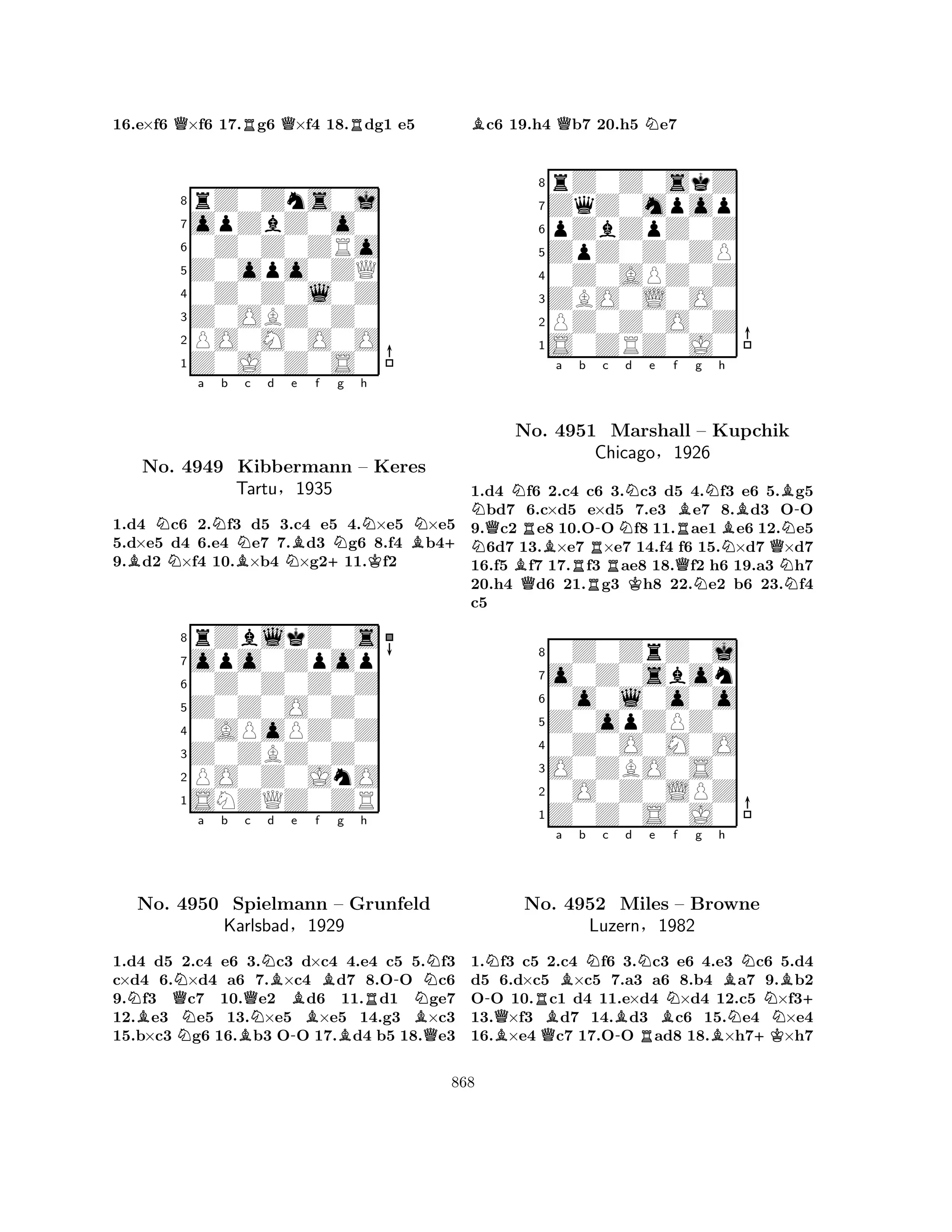 16.e×f6 Q×f6 17.Rg6 Q×f4 18.Rdg1 e5 
8rZ0Zns0j 
7opZbZ0o0 
60Z0Z0ZRo 
5Z0opo0ZQ 
40Z0Z0l0Z 
3Z0OBZ0Z0 
2PO0M0O0O 
1Z0J0Z0S0 
BNNa Nb BNc d NBe f +Ng h 
NKBN+ 
No. 4949 Kibbermann – Keres 
1.d4 c6 2.f3 d5 3.c4 e5 4.×e5 ×e5 
5.d×e5 d4 6.e4 e7 7.d3 g6 8.f4 b49.d2 ×f4 10.×b4 ×g211.f2 
Z0Z0O0Z0 
0Z0Z0Z0Z 
opo0Zpop 
rZblkZ0s 
Tartu§1935 
876SNZQZ0ZR 
PO0Z0JnO 
Z0ZBZ0Z0 
0APoPZ0Z 
54321NQNa b BNo. N4950 Spielmann BQc Nd NBe f -BBg h 
– BGrunfeld 
R-NNKarlsbad§1929 
BQ1.d4 d5 2.c4 e6 3.c3 d×c4 4.e4 c5 5.f3 
c×d4 6.×d4 a6 7.×c4 d7 8.OO c6 
9.f3 c7 10.e2 d6 11.d1 ge7 
12.e3 e5 13.×e5 ×e5 14.g3 ×c3 
15.b×c3 g6 16.b3 OO 17.d4 b5 18.e3 
Bc6 19.h4 Qb7 20.h5 Ne7 
8rZ0Z0skZ 
7ZqZ0mpop 
6pZbZpZ0Z 
5ZpZ0Z0ZP 
40Z0APZ0Z 
3ZBO0L0O0 
2PZ0Z0O0Z 
1S0ZRZ0J0 
NNQNBNo. QRBa Rb -c RNNd e f RBg h 
KNBB-4951 Marshall – Kupchik 
NChicago§1926 
QNQ1.d4 f6 2.c4 c6 3.c3 d5 4.Nf3 e6 5.Ng5 bd7 6.c×d5 e×d5 7.e3 e7 8.d3 OO 
9.c2 e8 10.OO f8 11.ae1 e6 12.e5 6d7 13.×e7 ×e7 14.f4 f6 15.×d7 ×d7 
16.f5 f7 17.f3 ae8 18.f2 h6 19.a3 h7 
20.h4 d6 21.g3 h8 22.e2 b6 23.f4 
c5 
80Z0ZrZ0j 
7o0Z0sbon 
60o0l0o0o 
5Z0opZPZ0 
40Z0O0M0O 
3O0ZBO0S0 
20O0Z0LPZ 
1Z0Z0S0J0 
-NQa Bb BNc d Ne No. RQB4952 B-Miles RBNf g h 
BN– Browne 
Luzern§1982 
BN+KNB+ 
1.f3 c5 2.c4 f6 3.c3 e6 4.e3 c6 5.d4 
d5 6.d×c5 ×c5 7.a3 a6 8.b4 a7 9.b2 
OO 10.c1 d4 11.e×d4 ×d4 12.c5 ×f313.×f3 d7 14.d3 c6 15.e4 ×e4 
16.×e4 c7 17.OO ad8 18.×h7×h7 
868 
 