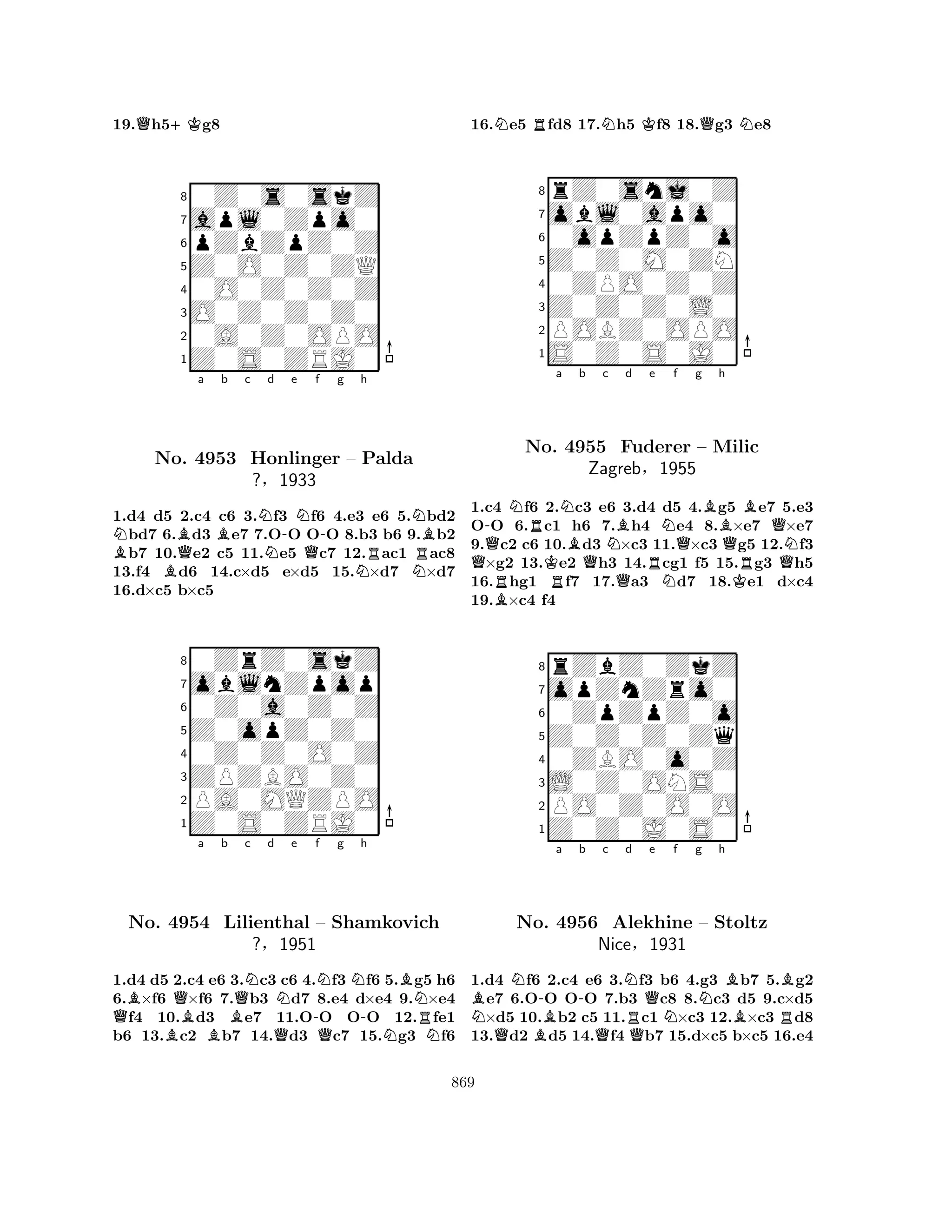 19.Qh5+Kg8 
80Z0s0skZ 
7apl0Zpo0 
6pZbZpZ0Z 
5Z0O0Z0ZQ 
40O0Z0Z0Z 
3O0Z0Z0Z0 
20A0Z0OPO 
1Z0S0ZRJ0 
NBa b c d e f g h 
BBQBNN-NQ-NRNNRBNo. 4953 Honlinger – Palda 
?§1933 
1.d4 d5 2.c4 c6 3.f3 f6 4.e3 e6 5.bd2 bd7 6.d3 e7 7.OO OO 8.b3 b6 9.b2 b7 10.e2 c5 11.e5 c7 12.ac1 ac8 
13.f4 d6 14.c×d5 e×d5 15.×d7 ×d7 
16.d×c5 b×c5 
80ZrZ0skZ 
7oblnZpop 
60Z0a0Z0Z 
5Z0opZ0Z0 
40Z0Z0O0Z 
3ZPZBO0Z0 
2PA0MQZPO 
1Z0S0ZRJ0 
QBNo. BQa Bb QNc d Ne -f QNg h 
4954 Lilienthal – QNBNShamkovich 
-?§1951 
NRN1.d4 d5 2.c4 e6 3.c3 c6 4.f3 f6 5.g5 h6 
6.×f6 ×f6 7.b3 d7 8.e4 d×e4 9.×e4 f4 10.d3 e7 11.OO OO 12.fe1 
b6 13.c2 b7 14.d3 c7 15.g3 f6 
16.Ne5 Rfd8 17.Nh5 Kf8 18.Qg3 Ne8 
8rZ0snj0Z 
7obl0apo0 
60opZpZ0o 
5Z0Z0M0ZN 
40ZPO0Z0Z 
3Z0Z0Z0L0 
2POBZ0OPO 
1S0Z0S0J0 
Q-NRa NBb c RNo. KR4955 QNQBd e RNf Qg Bh 
NBQFuderer – Milic 
QZagreb§1955 
KRQN1.c4 Bf6 2.c3 e6 3.d4 d5 4.g5 e7 5.e3 
OO 6.c1 h6 7.h4 e4 8.×e7 ×e7 
9.c2 c6 10.d3 ×c3 11.×c3 g5 12.f3 ×g2 13.e2 h3 14.cg1 f5 15.g3 h5 
16.hg1 f7 17.a3 d7 18.e1 d×c4 
19.×c4 f4 
8rZbZ0ZkZ 
7opZnZro0 
60ZpZpZ0o 
5Z0Z0Z0Zq 
40ZBO0o0Z 
3L0Z0ONS0 
2PO0Z0O0O 
1Z0Z0J0S0 
NBQNNo. B-a -b c Nd RQe 4956 QAlekhine QNf g Nh 
BB– Stoltz 
BRNice§1931 
1.d4 f6 2.c4 e6 3.f3 b6 4.g3 b7 5.g2 e7 6.OO OO 7.b3 c8 8.c3 d5 9.c×d5 ×d5 10.b2 c5 11.c1 ×c3 12.×c3 d8 
13.d2 d5 14.f4 b7 15.d×c5 b×c5 16.e4 
869 
 