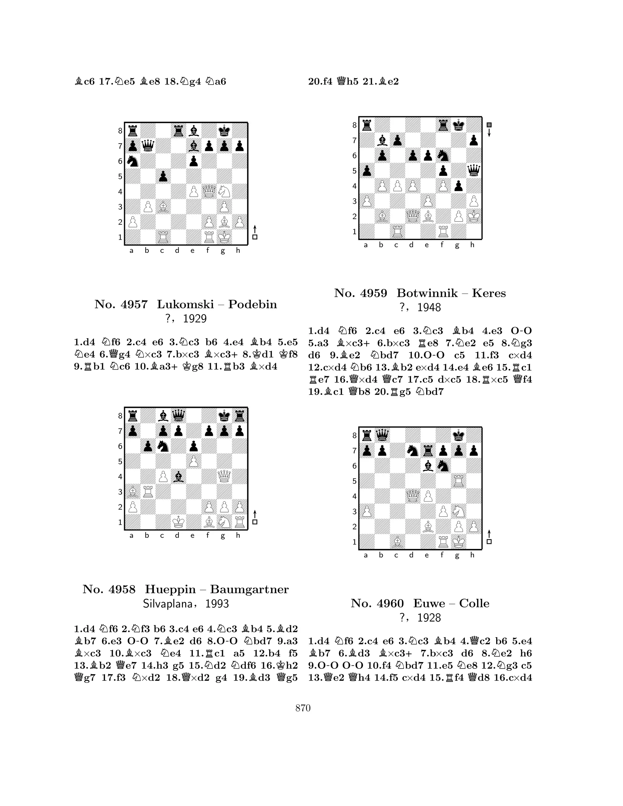 Bc6 17.Ne5 Be8 18.Ng4 Na6 
8rZ0sbZkZ 
7oqZ0apop 
6nZ0ZpZ0Z 
5Z0o0Z0Z0 
40Z0ZPLNZ 
3ZPA0Z0O0 
2PZ0Z0OBO 
1Z0S0ZRJ0 
NRNQNa Nb Bc +Kd Ne Bf g R+h 
No. 4957 Lukomski – Podebin 
BBKK1.d4 f6 2.c4 e6 3.c3 b6 4.e4 b4 5.e5 e4 6.g4 ×c3 7.b×c3 ×c38.d1 f8 
9.b1 c6 10.a3g8 11.b3 ×d4 
Z0Z0O0Z0 
0onZpZ0Z 
o0opZpop 
rZbl0Zks 
?§1929 
876Z0ZKZBMR 
PZ0Z0OPO 
ARZ0Z0Z0 
0ZPa0ZQZ 
54321BQNNo. B4958 QBa NN-b Hueppin Nc Bd e Rf g h 
QN-BNB– Baumgartner 
Silvaplana§N1993 
NBKQ1.d4 f6 2.f3 b6 3.c4 e6 4.c3 b4 5.d2 b7 6.e3 OO 7.e2 d6 8.OO bd7 9.a3 ×c3 10.×c3 e4 11.c1 a5 12.b4 f5 
13.b2 e7 14.h3 g5 15.d2 df6 16.h2 g7 17.f3 ×d2 18.×d2 g4 19.d3 g5 
20.f4 Qh5 21.Be2 
8rZ0Z0skZ 
7Zbo0Z0Zp 
60o0opm0Z 
5o0Z0ZpZq 
40OPO0OpZ 
3O0Z0O0ZP 
20A0LBZPJ 
1Z0S0ZRZ0 
BN+a Nb c d RNQBRNe No. 4959 Botwinnik -f BNg h 
N-– Keres 
?§1948 
BRRQ1.d4 Bf6 Q2.c4 Re6 3.Nc3 b4 4.e3 OO 
5.a3 ×c36.b×c3 e8 7.e2 e5 8.g3 
d6 9.e2 bd7 10.OO c5 11.f3 c×d4 
12.c×d4 b6 13.b2 e×d4 14.e4 e6 15.c1 e7 16.×d4 c7 17.c5 d×c5 18.×c5 f4 
19.c1 b8 20.g5 bd7 
8rl0Z0ZkZ 
7opZnspop 
60Z0Zbm0Z 
5Z0Z0Z0S0 
40Z0LPZ0Z 
3O0Z0ZPM0 
20Z0ZBZPO 
1Z0A0ZRJ0 
BQ-NBQNo. -a Bb c N+Nd e Bf g NQh 
4960 Euwe – Colle 
N?§1928 
RQ1.d4 f6 2.c4 e6 3.c3 b4 4.c2 b6 5.e4 b7 6.d3 ×c37.b×c3 d6 8.e2 h6 
9.OO OO 10.f4 bd7 11.e5 e8 12.g3 c5 
13.e2 h4 14.f5 c×d4 15.f4 d8 16.c×d4 
870 
 