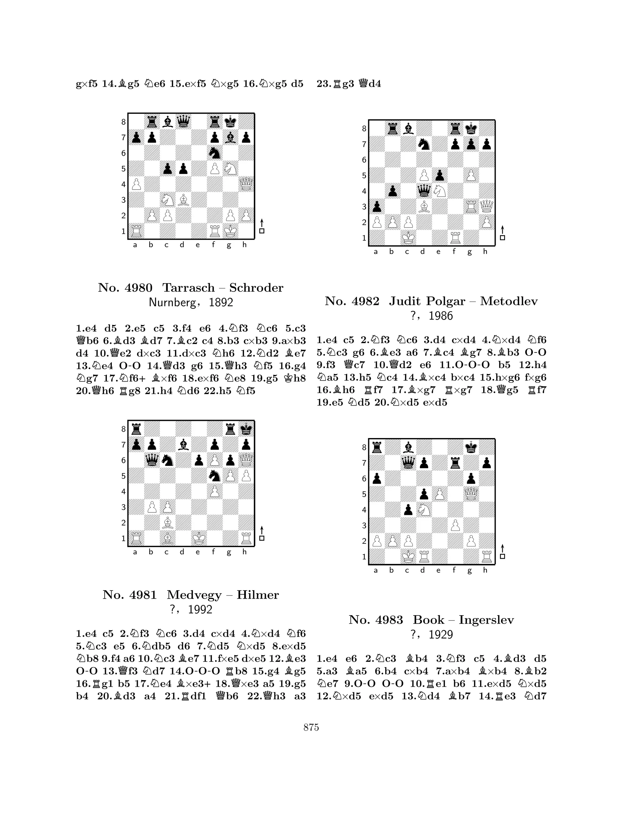 g×f5 14.Bg5 Ne6 15.e×f5 N×g5 16.N×g5 d5 
80sbl0skZ 
7opZ0Zpap 
60Z0Z0m0Z 
5Z0opZPM0 
4PZ0Z0Z0L 
3Z0MBZ0Z0 
20OPZ0ZPO 
1S0Z0ZRJ0 
NQNo. QB-a Bb Qc d e N4980 +BBTarrasch Nf – Nurnberg§1892 
Qg Nh 
NNSchroder 
KB1.e4 Qd5 R2.e5 c5 3.Nf4 e6 4.Nf3 c6 5.c3 b6 6.d3 d7 7.c2 c4 8.b3 c×b3 9.a×b3 
d4 10.e2 d×c3 11.d×c3 h6 12.d2 e7 
13.e4 OO 14.d3 g6 15.h3 f5 16.g4 g7 17.f6×f6 18.e×f6 e8 19.g5 h8 
20.h6 g8 21.h4 d6 22.h5 f5 
8rZ0Z0Zrj 
7opZbZpZp 
60lnZpOpL 
5Z0Z0ZnOP 
40Z0Z0O0Z 
3ZPO0Z0Z0 
20ZBZ0Z0Z 
1S0A0J0ZR 
N-QNa Nb c d RNNo. B4981 NMedvegy BB?§R1992 
-e Nf Rg Nh 
+– Hilmer 
BN1.e4 c5 2.f3 c6 3.d4 c×d4 Q4.×d4 Qf6 
5.c3 e5 6.db5 d6 7.d5 ×d5 8.e×d5 b8 9.f4 a6 10.c3e7 11.f×e5 d×e5 12.e3 
OO 13.f3 d7 14.OOO b8 15.g4 g5 
16.g1 b5 17.e4 ×e318.×e3 a5 19.g5 
b4 20.d3 a4 21.df1 b6 22.h3 a3 
23.Rg3 Qd4 
80sbZ0skZ 
7Z0ZnZpop 
60Z0Z0Z0Z 
5Z0ZPo0O0 
40o0lNZ0Z 
3o0ZBZ0SQ 
2POPZ0Z0O 
1Z0J0ZRZ0 
Na NNo. BQN4982 RNNBQb Nc d e f g h 
Judit NBBBNBN-Polgar -– Metodlev 
?§1986 
RQR1.e4 c5 2.f3 c6 3.d4 c×d4 4.×d4 f6 
5.c3 g6 6.e3 a6 7.c4 g7 8.b3 OO 
9.f3 c7 10.d2 e6 11.OOO b5 12.h4 a5 13.h5 c4 14.×c4 b×c4 15.h×g6 f×g6 
16.h6 f7 17.×g7 ×g7 18.g5 f7 
19.e5 d5 20.×d5 e×d5 
8rZbZ0ZkZ 
7Z0lpZrZp 
6pZ0Z0ZpZ 
5Z0ZpO0L0 
40ZpM0Z0Z 
3Z0Z0ZPZ0 
2POPZ0ZPZ 
1Z0JRZ0ZR 
NB-a Nb -Bc d NRe Nf g Bh 
BBNo. 4983 Book – Ingerslev 
?§1929 
BRN1.e4 e6 2.c3 b4 3.f3 c5 4.d3 d5 
5.a3 a5 6.b4 c×b4 7.a×b4 ×b4 8.b2 e7 9.OO OO 10.e1 b6 11.e×d5 ×d5 
12.×d5 e×d5 13.d4 b7 14.e3 d7 
875 
 
