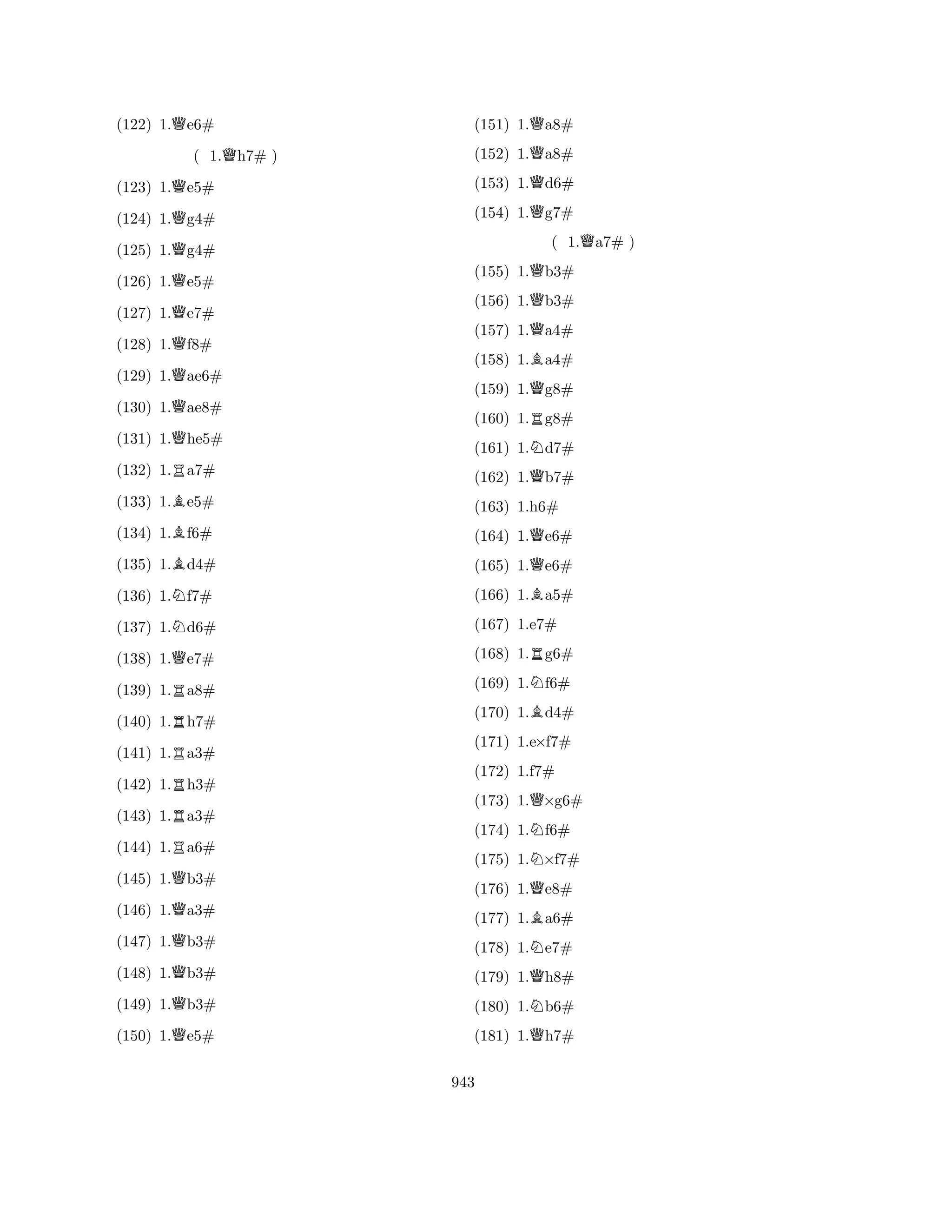 (122) 1.Qe6# 
( 1.Qh7# ) 
(123) 1.Qe5# 
(124) 1.Qg4# 
(125) 1.Qg4# 
(126) 1.Qe5# 
(127) 1.Qe7# 
(128) 1.Qf8# 
(129) 1.Qae6# 
(130) 1.Qae8# 
(131) 1.Qhe5# 
(132) 1.Ra7# 
(133) 1.Be5# 
(134) 1.Bf6# 
(135) 1.Bd4# 
(136) 1.Nf7# 
(137) 1.Nd6# 
(138) 1.Qe7# 
(139) 1.Ra8# 
(140) 1.Rh7# 
(141) 1.Ra3# 
(142) 1.Rh3# 
(143) 1.Ra3# 
(144) 1.Ra6# 
(145) 1.Qb3# 
(146) 1.Qa3# 
(147) 1.Qb3# 
(148) 1.Qb3# 
(149) 1.Qb3# 
(150) 1.Qe5# 
(151) 1.Qa8# 
(152) 1.Qa8# 
(153) 1.Qd6# 
(154) 1.Qg7# 
( 1.Qa7# ) 
(155) 1.Qb3# 
(156) 1.Qb3# 
(157) 1.Qa4# 
(158) 1.Ba4# 
(159) 1.Qg8# 
(160) 1.Rg8# 
(161) 1.Nd7# 
(162) 1.Qb7# 
(163) 1.h6# 
(164) 1.Qe6# 
(165) 1.Qe6# 
(166) 1.Ba5# 
(167) 1.e7# 
(168) 1.Rg6# 
(169) 1.Nf6# 
(170) 1.Bd4# 
(171) 1.e×f7# 
(172) 1.f7# 
(173) 1.Q×g6# 
(174) 1.Nf6# 
(175) 1.N×f7# 
(176) 1.Qe8# 
(177) 1.Ba6# 
(178) 1.Ne7# 
(179) 1.Qh8# 
(180) 1.Nb6# 
(181) 1.Qh7# 
943 
 