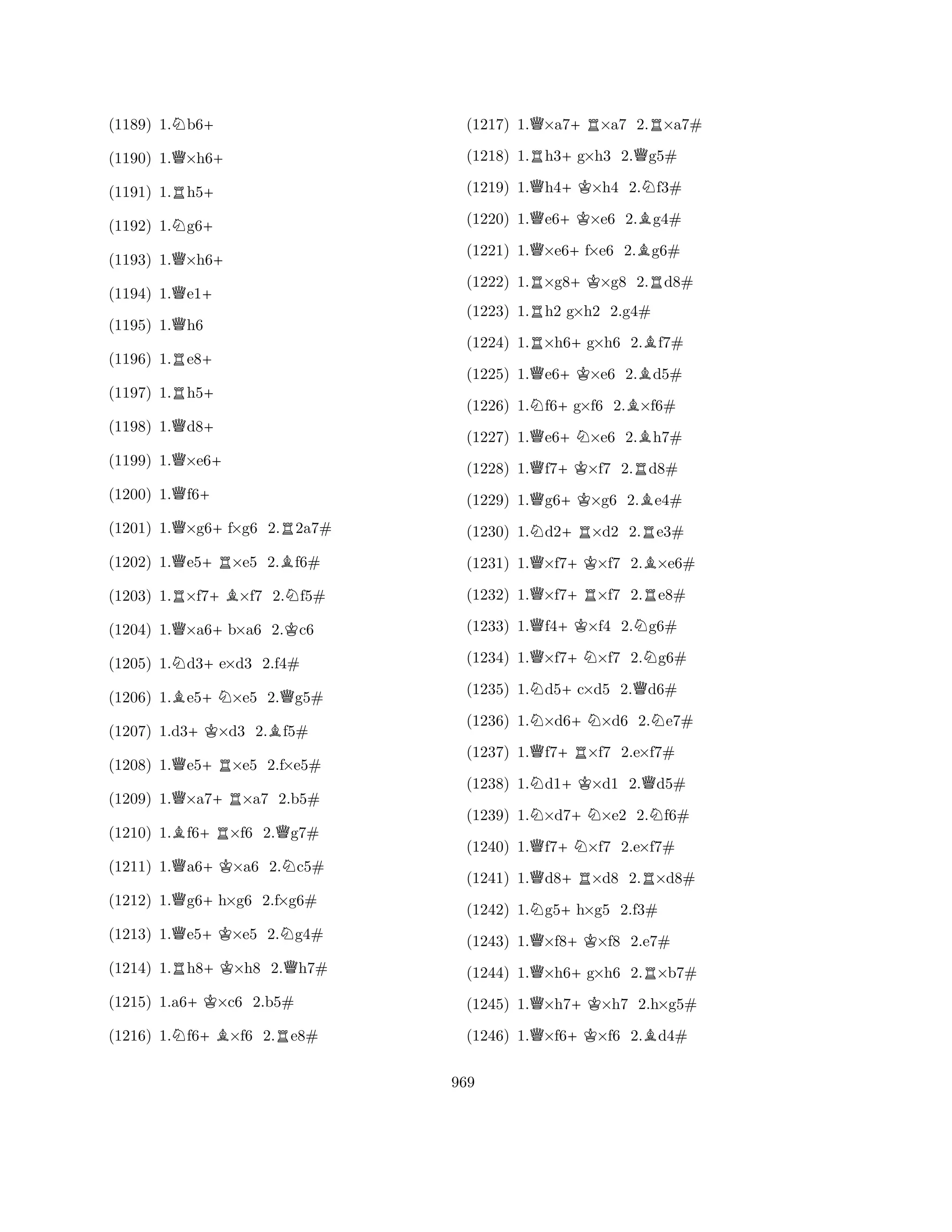 (1189) 1.Nb6+ 
(1190) 1.Q×h6+ 
(1191) 1.Rh5+ 
(1192) 1.Ng6+ 
(1193) 1.Q×h6+ 
(1194) 1.Qe1+ 
(1195) 1.Qh6 
(1196) 1.Re8+ 
(1197) 1.Rh5+ 
(1198) 1.Qd8+ 
(1199) 1.Q×e6+ 
(1200) 1.Qf6+ 
(1201) 1.Q×g6+f×g6 2.R2a7# 
(1202) 1.Qe5+R×e5 2.Bf6# 
(1203) 1.R×f7+B×f7 2.Nf5# 
(1204) 1.Q×a6+b×a6 2.Kc6 
(1205) 1.Nd3+e×d3 2.f4# 
(1206) 1.Be5+N×e5 2.Qg5# 
(1207) 1.d3+K×d3 2.Bf5# 
(1208) 1.Qe5+R×e5 2.f×e5# 
(1209) 1.Q×a7+R×a7 2.b5# 
(1210) 1.Bf6+R×f6 2.Qg7# 
(1211) 1.Qa6+K×a6 2.Nc5# 
(1212) 1.Qg6+h×g6 2.f×g6# 
(1213) 1.Qe5+K×e5 2.Ng4# 
(1214) 1.Rh8+K×h8 2.Qh7# 
(1215) 1.a6+K×c6 2.b5# 
(1216) 1.Nf6+B×f6 2.Re8# 
(1217) 1.Q×a7+R×a7 2.R×a7# 
(1218) 1.Rh3+g×h3 2.Qg5# 
(1219) 1.Qh4+K×h4 2.Nf3# 
(1220) 1.Qe6+K×e6 2.Bg4# 
(1221) 1.Q×e6+f×e6 2.Bg6# 
(1222) 1.R×g8+K×g8 2.Rd8# 
(1223) 1.Rh2 g×h2 2.g4# 
(1224) 1.R×h6+g×h6 2.Bf7# 
(1225) 1.Qe6+K×e6 2.Bd5# 
(1226) 1.Nf6+g×f6 2.B×f6# 
(1227) 1.Qe6+N×e6 2.Bh7# 
(1228) 1.Qf7+K×f7 2.Rd8# 
(1229) 1.Qg6+K×g6 2.Be4# 
(1230) 1.Nd2+R×d2 2.Re3# 
(1231) 1.Q×f7+K×f7 2.B×e6# 
(1232) 1.Q×f7+R×f7 2.Re8# 
(1233) 1.Qf4+K×f4 2.Ng6# 
(1234) 1.Q×f7+N×f7 2.Ng6# 
(1235) 1.Nd5+c×d5 2.Qd6# 
(1236) 1.N×d6+N×d6 2.Ne7# 
(1237) 1.Qf7+R×f7 2.e×f7# 
(1238) 1.Nd1+K×d1 2.Qd5# 
(1239) 1.N×d7+N×e2 2.Nf6# 
(1240) 1.Qf7+N×f7 2.e×f7# 
(1241) 1.Qd8+R×d8 2.R×d8# 
(1242) 1.Ng5+h×g5 2.f3# 
(1243) 1.Q×f8+K×f8 2.e7# 
(1244) 1.Q×h6+g×h6 2.R×b7# 
(1245) 1.Q×h7+K×h7 2.h×g5# 
(1246) 1.Q×f6+K×f6 2.Bd4# 
969 
 