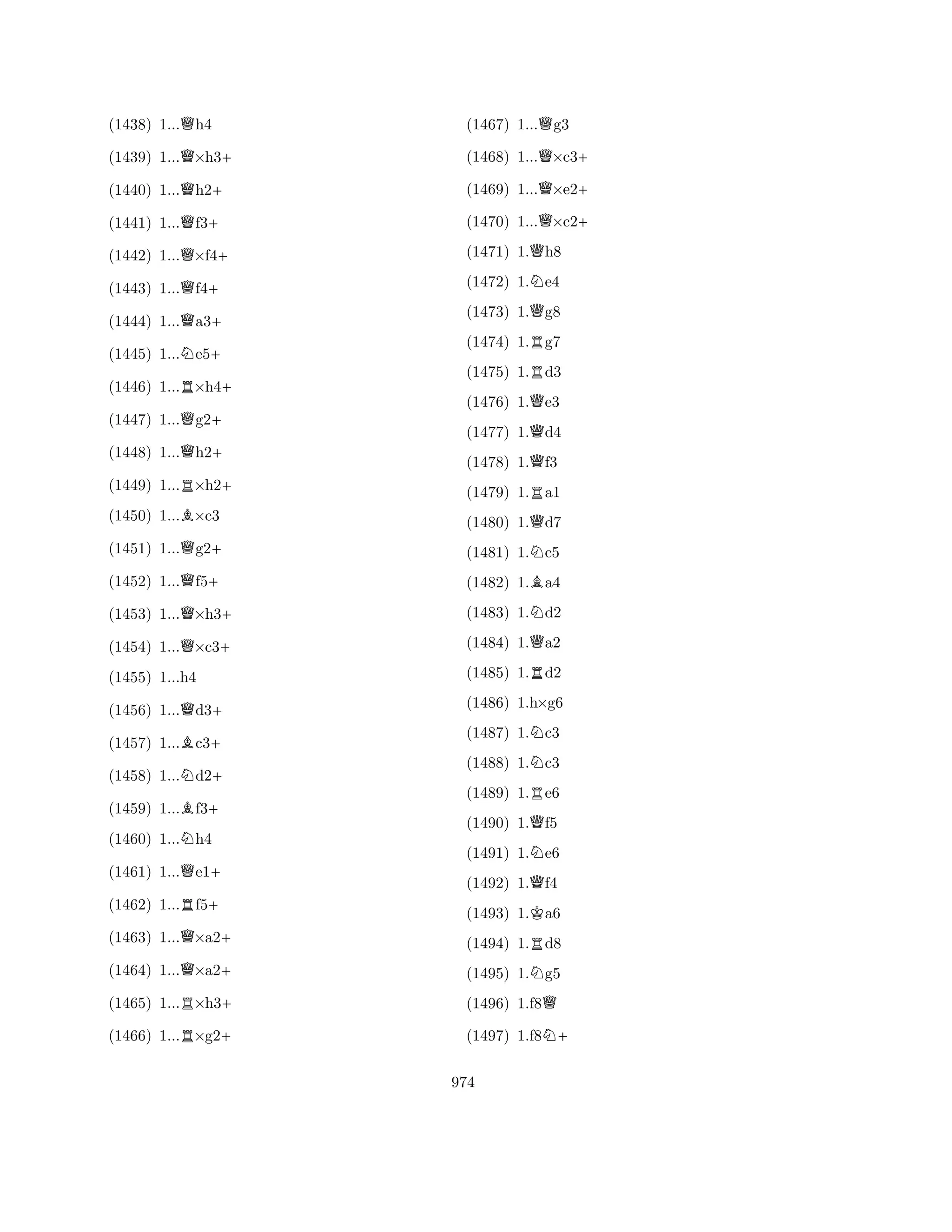 (1438) 1...Qh4 
(1439) 1...Q×h3+ 
(1440) 1...Qh2+ 
(1441) 1...Qf3+ 
(1442) 1...Q×f4+ 
(1443) 1...Qf4+ 
(1444) 1...Qa3+ 
(1445) 1...Ne5+ 
(1446) 1...R×h4+ 
(1447) 1...Qg2+ 
(1448) 1...Qh2+ 
(1449) 1...R×h2+ 
(1450) 1...B×c3 
(1451) 1...Qg2+ 
(1452) 1...Qf5+ 
(1453) 1...Q×h3+ 
(1454) 1...Q×c3+ 
(1455) 1...h4 
(1456) 1...Qd3+ 
(1457) 1...Bc3+ 
(1458) 1...Nd2+ 
(1459) 1...Bf3+ 
(1460) 1...Nh4 
(1461) 1...Qe1+ 
(1462) 1...Rf5+ 
(1463) 1...Q×a2+ 
(1464) 1...Q×a2+ 
(1465) 1...R×h3+ 
(1466) 1...R×g2+ 
(1467) 1...Qg3 
(1468) 1...Q×c3+ 
(1469) 1...Q×e2+ 
(1470) 1...Q×c2+ 
(1471) 1.Qh8 
(1472) 1.Ne4 
(1473) 1.Qg8 
(1474) 1.Rg7 
(1475) 1.Rd3 
(1476) 1.Qe3 
(1477) 1.Qd4 
(1478) 1.Qf3 
(1479) 1.Ra1 
(1480) 1.Qd7 
(1481) 1.Nc5 
(1482) 1.Ba4 
(1483) 1.Nd2 
(1484) 1.Qa2 
(1485) 1.Rd2 
(1486) 1.h×g6 
(1487) 1.Nc3 
(1488) 1.Nc3 
(1489) 1.Re6 
(1490) 1.Qf5 
(1491) 1.Ne6 
(1492) 1.Qf4 
(1493) 1.Ka6 
(1494) 1.Rd8 
(1495) 1.Ng5 
(1496) 1.f8Q 
(1497) 1.f8N+ 
974 
 
