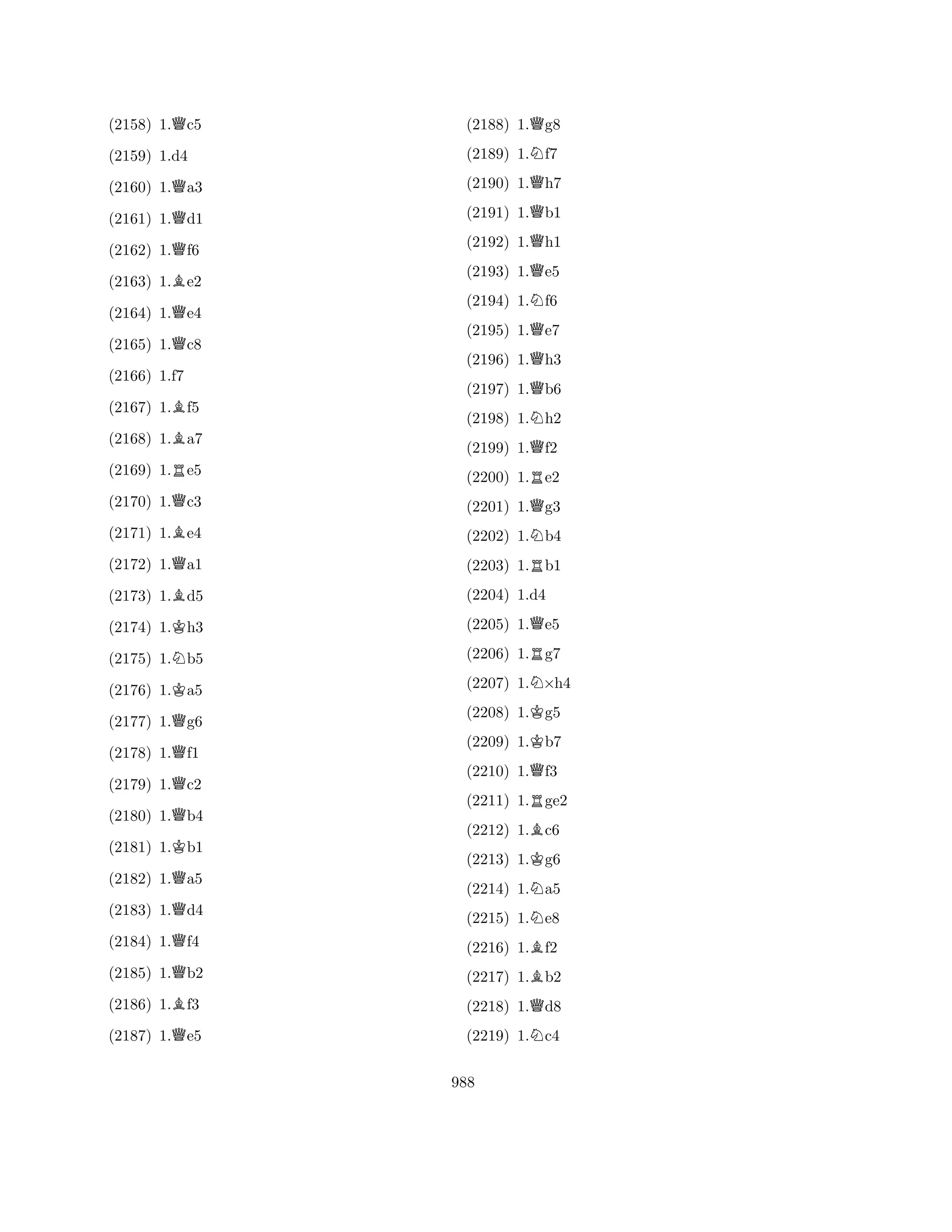 (2158) 1.Qc5 
(2160) 1.Qa3 
(2161) 1.Qd1 
(2162) 1.Qf6 
(2163) 1.Be2 
(2159) 1.d4 
Q(2164) 1.e4 
(2165) 1.Qc8 
(2167) 1.Bf5 
(2168) 1.Ba7 
(2169) 1.Re5 
(2170) 1.Qc3 
(2166) 1.f7 
B(2171) 1.e4 
(2172) 1.Qa1 
(2173) 1.Bd5 
(2174) 1.Kh3 
(2175) 1.Nb5 
(2176) 1.Ka5 
(2177) 1.Qg6 
(2178) 1.Qf1 
(2179) 1.Qc2 
(2180) 1.Qb4 
(2181) 1.Kb1 
(2182) 1.Qa5 
(2183) 1.Qd4 
(2184) 1.Qf4 
(2185) 1.Qb2 
(2186) 1.Bf3 
(2187) 1.Qe5 
(2188) 1.Qg8 
(2189) 1.Nf7 
(2190) 1.Qh7 
(2191) 1.Qb1 
(2192) 1.Qh1 
(2193) 1.Qe5 
(2194) 1.Nf6 
(2195) 1.Qe7 
(2196) 1.Qh3 
(2197) 1.Qb6 
(2198) 1.Nh2 
(2199) 1.Qf2 
(2200) 1.Re2 
(2201) 1.Qg3 
(2202) 1.Nb4 
(2203) 1.Rb1 
(2204) 1.d4 
(2205) 1.Qe5 
(2206) 1.Rg7 
(2207) 1.N×h4 
(2208) 1.Kg5 
(2209) 1.Kb7 
(2210) 1.Qf3 
(2211) 1.Rge2 
(2212) 1.Bc6 
(2213) 1.Kg6 
(2214) 1.Na5 
(2215) 1.Ne8 
(2216) 1.Bf2 
(2217) 1.Bb2 
(2218) 1.Qd8 
(2219) 1.Nc4 
988 
 
