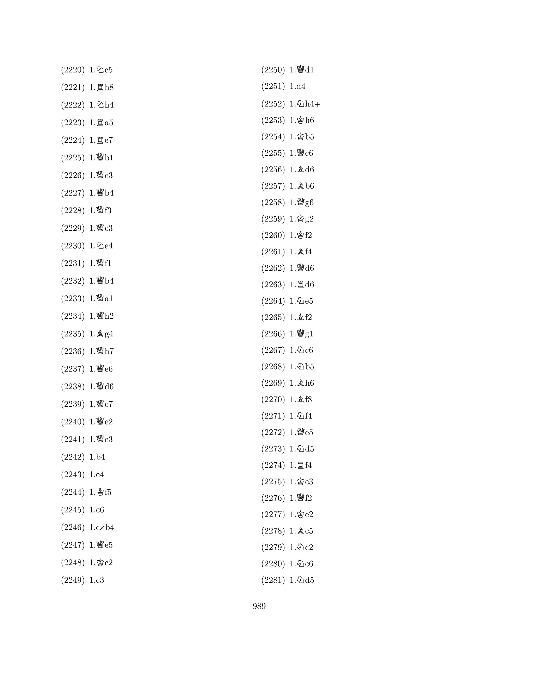 (2220) 1.Nc5 
(2221) 1.Rh8 
(2222) 1.Nh4 
(2223) 1.Ra5 
(2224) 1.Re7 
(2225) 1.Qb1 
(2226) 1.Qc3 
(2227) 1.Qb4 
(2228) 1.Qf3 
(2229) 1.Qc3 
(2230) 1.Ne4 
(2231) 1.Qf1 
(2232) 1.Qb4 
(2233) 1.Qa1 
(2234) 1.Qh2 
(2235) 1.Bg4 
(2236) 1.Qb7 
(2237) 1.Qe6 
(2238) 1.Qd6 
(2239) 1.Qc7 
(2240) 1.Qe2 
(2241) 1.Qe3 
(2244) 1.Kf5 
(2242) 1.b4 
Q(2247) 1.e5 
(2243) 1.e4 
(2245) 1.c6 
K(2248) 1.c2 
(2246) 1.c×b4 
(2249) 1.c3 
(2250) 1.Qd1 
(2251) 1.d4 
(2252) 1.Nh4+ 
(2253) 1.Kh6 
(2254) 1.Kb5 
(2255) 1.Qc6 
(2256) 1.Bd6 
(2257) 1.Bb6 
(2258) 1.Qg6 
(2259) 1.Kg2 
(2260) 1.Kf2 
(2261) 1.Bf4 
(2262) 1.Qd6 
(2263) 1.Rd6 
(2264) 1.Ne5 
(2265) 1.Bf2 
(2266) 1.Qg1 
(2267) 1.Nc6 
(2268) 1.Nb5 
(2269) 1.Bh6 
(2270) 1.Bf8 
(2271) 1.Nf4 
(2272) 1.Qe5 
(2273) 1.Nd5 
(2274) 1.Rf4 
(2275) 1.Kc3 
(2276) 1.Qf2 
(2277) 1.Ke2 
(2278) 1.Bc5 
(2279) 1.Nc2 
(2280) 1.Nc6 
(2281) 1.Nd5 
989 
 