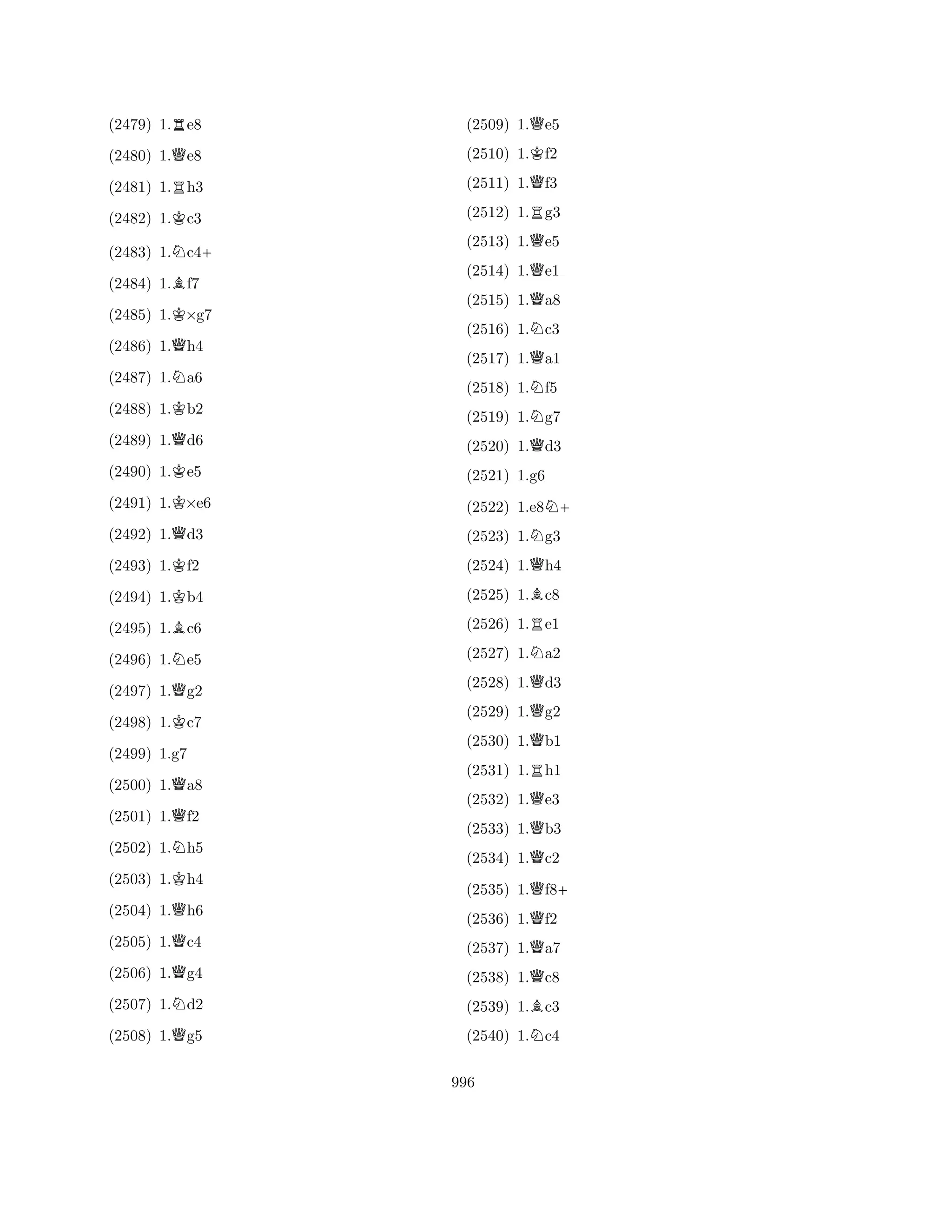 (2479) 1.Re8 
(2480) 1.Qe8 
(2481) 1.Rh3 
(2482) 1.Kc3 
(2483) 1.Nc4+ 
(2484) 1.Bf7 
(2485) 1.K×g7 
(2486) 1.Qh4 
(2487) 1.Na6 
(2488) 1.Kb2 
(2489) 1.Qd6 
(2490) 1.Ke5 
(2491) 1.K×e6 
(2492) 1.Qd3 
(2493) 1.Kf2 
(2494) 1.Kb4 
(2495) 1.Bc6 
(2496) 1.Ne5 
(2497) 1.Qg2 
(2498) 1.Kc7 
(2500) 1.Qa8 
(2501) 1.Qf2 
(2502) 1.Nh5 
(2503) 1.Kh4 
(2499) 1.g7 
Q(2504) 1.h6 
(2505) 1.Qc4 
(2506) 1.Qg4 
(2507) 1.Nd2 
(2508) 1.Qg5 
(2509) 1.Qe5 
(2510) 1.Kf2 
(2511) 1.Qf3 
(2512) 1.Rg3 
(2513) 1.Qe5 
(2514) 1.Qe1 
(2515) 1.Qa8 
(2516) 1.Nc3 
(2517) 1.Qa1 
(2518) 1.Nf5 
(2519) 1.Ng7 
(2520) 1.Qd3 
(2521) 1.g6 
(2522) 1.e8N+ 
(2523) 1.Ng3 
(2524) 1.Qh4 
(2525) 1.Bc8 
(2526) 1.Re1 
(2527) 1.Na2 
(2528) 1.Qd3 
(2529) 1.Qg2 
(2530) 1.Qb1 
(2531) 1.Rh1 
(2532) 1.Qe3 
(2533) 1.Qb3 
(2534) 1.Qc2 
(2535) 1.Qf8+ 
(2536) 1.Qf2 
(2537) 1.Qa7 
(2538) 1.Qc8 
(2539) 1.Bc3 
(2540) 1.Nc4 
996 
 