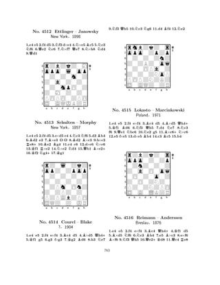 1.e4 e5 2.f4 d5 3.Nf3 d×e4 4.N×e5Bc5 5.Nc3 Nf6 6.Qe2 Nc6 7.N×f7 Qe7 8.N×h8 d4 
9.Qd1 
8rZbZkZ0M 
7opo0l0op 
60Z0Z0m0Z 
5Z0a0Z0Z0 
40Z0mpO0Z 
3Z0M0Z0Z0 
2POPO0ZPO 
1S0AQJBZR 
No. 4512 Ettlinger – Janowsky 
New York§1898 
RBK+RBa b c d e f g N+BK-BNNBh 
BNo. 4513 Schulten NN– Morphy 
QBN+ 
1.e4 e5 2.f4 d5 3.e×d5 e4 4.c3 f6 5.d3 b4 
6.d2 e3 7.×e3 OO 8.d2 ×c3 9.b×c3 e810.e2 g4 11.c4 c6 12.d×c6 ×c6 
13.f1 ×e2 14.×e2 d4 15.b1 ×e216.f2 g417.g1 
rZ0l0ZkZ 
New York§1857 
Z0Z0Z0Z0 
opZ0Zpop 
0Z0Z0Z0Z 
80ZPm0OnZ 
7Z0ZPZ0Z0 
65SQZ0Z0JR 
PZPAbZPO 
4321Ka b c d Be Kf Bg h 
QN+ 
No. 4514 Courel – Blake 
?§1904 
1.e4 e5 2.f4 e×f4 3.c4 d5 4.×d5 h45.f1 g5 6.g3 f×g3 7.g2 d6 8.h3 e7 
9.Nf3 Qh5 10.Nc3 Ng6 11.d4 Bf4 12.Ne2 
8rmbZkZ0s 
7opo0ZpZp 
60Z0Z0ZnZ 
5Z0ZBZ0oq 
40Z0OPa0Z 
3Z0Z0ZNoP 
2POPZNZKZ 
1S0AQZ0ZR 
Ka b c d e f g h 
No. QBNNBNQBBBN+NQN+ 
4515 Lokasto – Marcinkowski 
Poland§1971 
1.e4 e5 2.f4 e×f4 3.c4 d5 4.×d5 h45.f1 d6 6.f3 h5 7.d4 e7 8.c3 
f6 9.e1 bc6 10.e2 g5 11.×c6×c6 
12.e5 f×e5 13.d×e5 b4 14.c3 c5 15.b4 
8rZbZkZ0s 
7opo0Z0Zp 
60ZnZ0Z0Z 
5Z0a0O0oq 
40O0Z0o0Z 
3Z0O0ZNZ0 
2PZ0ZNZPO 
1S0A0LKZR 
BNa b c d e f g h 
No. 4516 QNQB+KQB+QKReimann – Anderssen 
RBreslau§1876 
1.e4 e5 2.f4 e×f4 3.c4 h44.f1 d5 
5.×d5 f6 6.c3 b4 7.e5 ×c3 8.e×f6 ×f6 9.f3 h5 10.e2d8 11.c4 e8 
763 
 