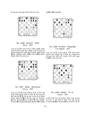 B×d4 9.e×d5 Bg4 10.f3 Nh5 11.Ne2 
8rZ0l0skZ 
7opo0Zpop 
60Z0Z0Z0Z 
5Z0ZPZ0Zn 
4BZ0a0ZbZ 
3Z0Z0ZPZ0 
2POPONZPO 
1S0AQJ0ZR 
QB-+NN-KNa b NNc d Ne Bf NBg h 
BNBNo. 4526 Treybal Q– Moll 
+KBerlin§1907 
QK1.e4 e5 2.f3 c6 3.c3 f6 4.b5 b4 
5.OO OO 6.d3 d6 7.g5 e7 8.h4 c6 
9.a4 g6 10.×g6 f×g6 11.b3h8 12.f4 b613.h1 g4 14.e1 h6 15.h4 h7 
16.h3 f6 17.f×e5 d×e5 
8rZbZ0s0Z 
7opZ0Z0ok 
60lpZ0mpo 
5Z0Z0o0A0 
40a0ZPZ0L 
3ZBMPZ0ZP 
2POPZ0ZPZ 
1S0Z0ZRZK 
BNNa Q+No. K4527 QBb Nc QBd e +BNf Bg h 
NBAlbin – +Bernstein 
RVienna§1904 
Q+K1.-e4 e5 Q2.f3 Rc6 3.Kc4 Rc5 4.Qc3 Rd6 
5.d3 f6 6.g5 e6 7.d5 ×d5 8.×d5 
h6 9.×f6 ×f6 10.×c6b×c6 11.c3 b8 
12.b4 b6 13.a4 d5 14.e×d5 e4 15.d×e4 ×c316.e2 c417.e1 ×e418.f1 
OO 19.×c6 fe8 20.g1 e6 21.d7 d6 
22.Qa4 Qe2 23.Rf1 
80s0Z0ZkZ 
7o0o0Zpo0 
60a0s0Z0o 
5Z0ZPZ0Z0 
4QO0Z0Z0Z 
3Z0Z0ZNZ0 
2PZ0ZqOPO 
1Z0Z0ZRJR 
-Na Bb Nc d e Bf g Nh 
NQNNNBBNo. 4528 Grabiel – Mugridge 
BLos Angeles§1932 
1.e4 e5 2.f3 c6 3.c4 f6 4.d3 c5 
5.OO d6 6.g5 h6 7.h4 g5 8.g3 h5 
9.×g5 h4 10.×f7 h×g3 11.×d8 g4 
12.e1 d4 13.c3 
8rZ0MkZ0s 
7opo0Z0Z0 
60Z0o0m0Z 
5Z0a0o0Z0 
40ZBmPZbZ 
3Z0MPZ0o0 
2POPZ0OPO 
1S0Z0LRJ0 
NNNo. Ba Qb c N-d Be N4529 Muller Qf Bg h 
– N. BBN. 
+KVienna§1927 
1.f3 c6 2.e4 e5 3.c4 c5 4.d4 ×d4 
5.×d4 ×d4 6.OO f6 7.f4 d6 8.f×e5 
d×e5 9.g5 e7 10.c3 c5 11.×f7×f7 
766 
 