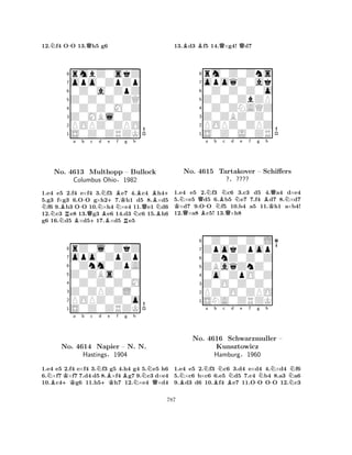 12.Nf4 O-O 13.Qh5 g6 
8rmbZ0skZ 
7opo0ZpZp 
60Z0a0ZpZ 
5Z0Z0Z0ZQ 
40Z0Z0M0Z 
3Z0MBl0Z0 
2POPZ0ZPO 
1S0Z0ZRZK 
NBa -b c No. NR4613 BQMulthopp +Nd NB+e BNf Kg h 
Columbus Ohio§RB– Bullock 
NQBN1982 
B+ 
1.e4 e5 2.f4 e×f4 3.f3 e7 4.c4 h45.g3 f×g3 6.OO g×h27.h1 d5 8.×d5 f6 9.b3 OO 10.×h4 ×e4 11.e1 d6 
12.c3 e8 13.g3 e6 14.d3 c6 15.h6 
g6 16.d5 ×d517.×d5 e5 
8rZ0l0ZkZ 
7opo0ZpZp 
60Znm0ZpA 
5Z0ZBs0Z0 
40Z0Z0Z0M 
3Z0ZPZ0L0 
2POPZ0Z0o 
1S0Z0ZRZK 
NB+KKa b c Nd +KBe f Bg h 
NNo. 4614 Napier – N. NN. 
QHastings§1904 
1.e4 e5 2.f4 e×f4 3.f3 g5 4.h4 g4 5.e5 h6 
6.×f7 ×f7 7.d4 d5 8.×f4 g7 9.c3 d×e4 
10.c4g6 11.h5h7 12.×e4 ×d4 
13.Bd3 Bf5 14.Q×g4! Qd7 
8rm0Z0Zns 
7opoqZ0ak 
60Z0Z0Z0o 
5Z0Z0ZbZP 
40Z0ZNAQZ 
3Z0ZBZ0Z0 
2POPZ0ZPZ 
1S0Z0J0ZR 
KNQ-a Nb NBNc d e f g h 
QNo. 4615 BQNBQNTartakover – Schiffers 
K1.e4 e5 2.f3 c6 3.c3 d5 4.a4 d×e4 
5.×e5 d5 6.b5 e7 7.f4 d7 8.×d7 ×d7 9.OO f5 10.b4 a5 11.h1 a×b4! 
12.×a8 c5! 13.×h8 
?§???? 
0ZnZ0Z0Z 
ZBaqZnZ0 
ZpokZpop 
0Z0Z0Z0L 
876SNA0ZRZK 
PZ0O0ZPO 
Z0O0Z0Z0 
0o0ZpO0Z 
54321Na b c d e f g h 
NBNo. 4616 BNBSchwarzmuller N-NN– 
NKunsztowicz 
-NHamburg§1960 
1.e4 e5 2.f3 c6 3.d4 e×d4 4.×d4 f6 
5.×c6 b×c6 6.e5 d5 7.c4 b4 8.a3 a6 
9.d3 d6 10.f4 e7 11.OO OO 12.c3 
787 
 