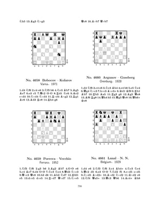 Nh5 13.Bg3 N×g3 
8rZbl0s0j 
7opZ0oBap 
60Z0Z0ZpZ 
5m0Z0M0Z0 
40Z0O0Z0Z 
3Z0M0Z0m0 
2PO0Z0OPO 
1S0ZQJ0ZR 
BNNa b c d e f g h 
BBRNQNR-RRNBNBBNo. 4658 Bobocov – Kolarov 
RVarna§1971 
1.d4 f6 2.c4 e6 3.f3 b6 4.c3 b7 5.g5 e7 6.e3 c5 7.c2 OO 8.d1 c6 9.e2 
c×d4 10.×d4 ×d4 11.×d4 ×g2 12.g1 c6 13.d3 e8 14.h4 g6 
8rZ0lrZkZ 
7o0ZpapZp 
60obZpmpZ 
5Z0Z0Z0A0 
40ZPZ0Z0S 
3Z0MBO0Z0 
2POQZ0O0O 
1Z0Z0J0S0 
QNBNQa b -c d Ne BBf RNBg Nh 
Q-NNo. 4659 Porreca – Vecchio 
RFerrara§1952 
QN1.f3 f6 2.g3 b6 3.g2 b7 4.OO e6 
5.c4 e7 6.d4 OO 7.c3 e4 8.d3 ×c3 
9.×c3 c8 10.b3 d6 11.b2 d7 12.fd1 
e5 13.d×e5 d×e5 14.×d7 ×d7 15.×e5 
Qc8 16.B×b7 Q×b7 
8rZ0Z0skZ 
7oqo0apop 
60o0Z0Z0Z 
5Z0Z0M0Z0 
40ZPZ0Z0Z 
3ZPL0Z0O0 
2PA0ZPO0O 
1S0Z0Z0J0 
K BQNNo. Ra b Bc NBd QRBe +f Kg h 
QKRN4660 Argunov – Gossberg 
BOrenburg§1928 
QQ+ 1.d4 f6 2.c4 e6 3.c3 b4 4.e4 b6 5.e5 e4 
6.g4 ×c3 7.b×c3 ×c38.d1 f8 9.b1 b7 10.b3 a5 11.g3 g6 12.g5 e8 
13.f6g8 14.h4 h5 15.g5c8 16.h6e8 
8rmqZkZrZ 
7obopZpZ0 
60o0ZpApL 
5a0Z0O0Zp 
40ZPO0Z0Z 
3Z0Z0Z0S0 
2PZ0Z0OPO 
1Z0ZKZBMR 
QNNo. QBNa +b Nc -Bd e 4661 QLanal NQBf g +h 
NN– N. N. 
KBelgium§1929 
B+K1.d4 e6 2.f3 f6 3.c4 b44.c3 e4 
5.c2 d5 6.e3 OO 7.d2 f5 8.c×d5 e×d5 
9.×d5 ×d210.×d2 ×d2 11.×d2 c6 
12.f4 a513.c3 b6 14.c4h8 
798 
 