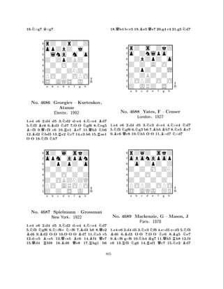 16.N×g7 K×g7 
8rZ0ZrZ0Z 
7opZbZ0j0 
60lna0m0o 
5Z0ZpZBZ0 
40Z0O0Z0Z 
3Z0Z0ZNZ0 
2PO0Z0OPO 
1S0AQS0J0 
NBa b c d e f g h 
B-No. 4686 NQNBGeorgiev RNRNB– -NQNRBKurtenkov, 
Atanas 
Elenite§1992 
1.e4 e6 2.d4 d5 3.d2 d×e4 4.×e4 d7 
5.f3 c6 6.d3 d7 7.OO gf6 8.eg5 ×f3 9.×f3 c6 10.e1 e7 11.h3 b6 
12.d2 bd5 13.e2 c7 14.c3 h6 15.ae1 
OO 16.f3 h7 
8rZ0l0skZ 
7opm0apon 
60ZpZpZ0o 
5Z0Z0Z0Z0 
40Z0O0Z0Z 
3Z0OBZNZQ 
2PO0AROPO 
1Z0Z0S0J0 
BNQNBa b No. 4687 RN-c Q+NNd -e f Bg h 
NNNQSpielmann – Grossman 
New YorkB§Q1922 
BRBQ1.e4 e6 2.d4 d5 3.d2 d×e4 4.×e4 d7 
5.f3 gf6 6.×f6×f6 7.d3 h6 8.e2 d6 9.d2 OO 10.OOO d7 11.e5 c5 
12.d×c5 ×e5 13.×e5 c6 14.f4 e7 
15.d4 fd8 16.d6 e8 17.hg1 b6 
18.Qh4 b×c5 19.Be5 Qe7 20.g4 c4 21.g5 Nd7 
8rZ0s0ZkZ 
7o0Znlpo0 
60ZbZpZ0o 
5Z0Z0A0O0 
40ZpZ0Z0L 
3Z0ZBZ0Z0 
2POPZ0O0O 
1Z0JRZ0S0 
NNa Nb c Nd e BQ-Bf Bg h 
NNNBNo. 4688 Yates, F – Censer 
1.e4 e6 2.d4 d5 3.c3 d×e4 4.×e4 d7 
5.f3 gf6 6.g3 b6 7.b5 b7 8.e5 e7 
9.c6 c8 10.h5 OO 11.×d7 ×d7 
London§1927 
0o0ZpZ0Z 
Z0Z0M0ZN 
obonapop 
rZqZ0skZ 
876S0AQJ0ZR 
POPZ0OPO 
Z0Z0Z0Z0 
0Z0O0Z0Z 
54321BBa b -c d e f g h 
No. 4689 RNMackenzie, NNRKN-NRBNG – Mason, J 
Paris§1878 
QNB1.e4 e6 2.d4 d5 3.c3 f6 4.e×d5 e×d5 5.f3 d6 6.d3 OO 7.OO c6 8.g5 e7 
9.×f6 g×f6 10.h4 g7 11.h5 h8 12.f4 
c6 13.f3 g6 14.af1 c7 15.e2 d7 
805 
 