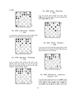 b×a1Q 
8rZbZka0s 
7Z0Zpmpop 
6pZpZ0Z0m 
5lpZ0Z0M0 
40Z0ZPZ0Z 
3OQZ0Z0Z0 
2BZ0Z0OPO 
1lNARZ0J0 
1.e4 e5 2.d4 e×d4 3.c3 d×c3 4.Bc4 Nf6 5.Nf3 Bc5 6.N×c3 d6 7.O-O O-O 8.Ng5 h6 
opo0Zpo0 
rmbl0skZ 
a b c d e f g h 
Z0a0Z0M0 
0Z0o0m0o 
8Z0M0Z0Z0 
0ZBZPZ0Z 
76PO0Z0OPO 
5S0AQZRJ0 
4321No. 4798 Charousek – Wollner 
?§1893 
NR-+KBNBa Bb NBc d N+Ke N+f Ng h 
N1.e4 e5 2.c4 f6 3.f3 c6 4.d4 e×d4 
5.OO c5 6.e5 g8 7.c3 d×c3 8.×c3 ge7 9.e4 b6 10.f6g×f6 11.e×f6 g6 
12.e1f8 13.h6g8 
8rZbl0Zks 
7opopZpZp 
60anZ0OnA 
5Z0Z0Z0Z0 
40ZBZ0Z0Z 
3Z0Z0ZNZ0 
2PO0Z0OPO 
1S0ZQS0J0 
No. 4799 Hartlaub – Wielandt 
?§1920 
a b c d e f g h 
1.e4 e5 2.Nc3 Bc5 3.Nf3 d6 4.Bc4 Be6 
5.Qe2 Ne7 6.g5 Ng6 7.×e6 f×e6 8.×e6 Nf4 9.Qg4 Qf6 10.Bc8 
8rmBZkZ0s 
7opo0Z0op 
60Z0o0l0Z 
5Z0a0o0Z0 
40Z0ZPmQZ 
3Z0M0Z0Z0 
2POPO0OPO 
1S0A0J0ZR 
No. 4800 Kihn – Hartlaub 
?§1920 
B-Na b NBc d e f NBg Nh 
BN1.e4 e5 2.c3 c6 3.f4 d6 4.b5 d7 5.f3 e7 6.OO e×f4 7.d4 g5 8.d5 h6 9.h4 g4 
10.×f4 g×f3 11.×h6 f×g2 
8rZ0lkZ0s 
7opobapZp 
60Zno0Z0A 
5ZBZNZ0Z0 
40Z0OPZ0O 
3Z0Z0Z0Z0 
2POPZ0ZpZ 
1S0ZQZRJ0 
No. 4801 Weisz – Briefner 
?§1896 
NBBa No. Q4802 Bb Nc NQd e Qf NBRg h 
Q-N-Kristensen – Andersen 
QRajam¨aki§1977 
N1.e4 e5 2.c4 f6 3.c3 ×e4 4.h5 d6 
5.b3 e7 6.f3 c6 7.×e5 OO 8.OO ×e5 9.×e5 f6 10.f4 g5 11.f3 c6 
12.d4 f6 13.×g5 ×g5 14.fe1 f5 15.d5 
832 
 