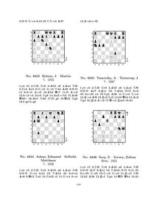 5.O-O N×e4 6.d4 d5 7.N×e5 Bd7 
8rZ0lka0s 
7ZpobZpop 
6pZnZ0Z0Z 
5Z0ZpM0Z0 
4BZ0OnZ0Z 
3Z0Z0Z0Z0 
2POPZ0OPO 
1SNAQZRJ0 
QN+BNa No. K4833 Bb Nc d NNe Bf g h 
BN-Belson, BBJ Q– Martin 
?§1933 
QBN1.e4 e5 2.f3 c6 3.b5 a6 4.a4 f6 
5.c3 c5 6.×e5 ×e5 7.d4 d6 8.OO 
c5 9.d×e5 ×e5 10.b3 c7 11.f4 ×c3 
12.b×c3 c4 13.e5 g8 14.a3 c×b3 15.d6 b616.h1 h6 17.f5 g6 18.d2 g8 
19.f×g6 h×g6 
8rZbZkZns 
7ZpZpZpZ0 
6pl0A0ZpZ 
5Z0Z0O0Z0 
40Z0Z0Z0Z 
3ZpO0Z0Z0 
2PZPL0ZPO 
1S0Z0ZRZK 
a b c d e f g h 
BNo. -4834 QNNNBAdam, Edmund BBN– Seibold, 
Matthaus 
NN?§1938 
1.e4 e5 2.f3 c6 3.b5 a6 4.a4 f6 
5.OO ×e4 6.d4 b5 7.b3 d5 8.d×e5 e6 9.e2 a5 10.bd2 c5 11.×e4 d×e4 
12.B×e6 e×f3 
8rZ0lka0s 
7Z0Z0Zpop 
6pZ0ZBZ0Z 
5mpo0O0Z0 
40Z0Z0Z0Z 
3Z0Z0ZpZ0 
2POPZQOPO 
1S0A0ZRJ0 
-BNa b RNc Nd e NNo. R4835 RBBRNQBYanovsky, Bf Bg h 
B-NA – ?§1947 
RTornerup, QNNBJ 
1.e4 e5 2.f3 c6 3.b5 a6 4.a4 f6 
5.OO e7 6.e1 b5 7.b3 OO 8.c3 
d5 9.e×d5 e4 10.g5 d6 11.×e4 ×e4 
12.×e4 f5 13.e3 e5 14.h3 h4 15.c2 g4 16.e2 ×c2 17.×c2 ae8 18.d4 
80Z0ZrskZ 
7Z0o0Zpop 
6pZ0a0Z0Z 
5ZpZPZ0Z0 
40Z0O0Znl 
3Z0O0Z0ZP 
2POQZROPZ 
1SNA0Z0J0 
-BNNa b RNc No. B4836 Sery, RBrnoNd e BS – Nf g h 
-BNVecsey, QQRZoltan 
N§1921 
1.e4 e5 2.f3 c6 3.b5 a6 4.a4 f6 
5.OO e7 6.e1 b5 7.b3 OO 8.c3 d5 
9.e×d5 ×d5 10.×e5 ×e5 11.×e5 f6 
12.h3 d6 13.e1 g4 14.f3 h4 15.d4 
840 
 