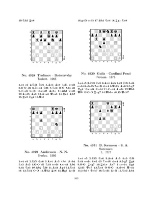 19.Nh5 Re8 
8rZbZrZkZ 
7o0o0lpo0 
60apo0m0o 
5Z0Z0o0ZN 
40Z0OPZ0L 
3Z0O0ANZP 
2PO0Z0OPZ 
1S0Z0S0J0 
N-Na b Nc d e No. RB4928 NBQBNBTrofimov Bf QN– +Bg h 
-Boleslavsky 
KTaskent§1965 
RB1.e4 e5 2.f3 c6 3.c4 e7 4.d4 e×d4 
5.OO d6 6.×d4 f6 7.c3 OO 8.f4 d5 
9.×c6 b×c6 10.e×d5 c511.h1 c×d5 
12.×d5 a6 13.×a8 ×a8 14.e1 b7 
15.e2 g4 16.e1 
8qZ0Z0skZ 
7obo0Zpop 
60Z0Z0Z0Z 
5Z0a0Z0Z0 
40Z0Z0OnZ 
3Z0M0Z0Z0 
2POPZRZPO 
1S0A0L0ZK 
BNa No. N4929 -B-b Nc Nd e f g h 
Anderssen QBRBBB– BN. QN. 
BNBreslau§1860 
1.e4 e5 2.f3 c6 3.c4 c5 4.b4 ×b4 
5.c3 c5 6.OO d6 7.d4 e×d4 8.c×d4 b6 
9.d5 a5 10.b2 f6 11.d3 g4 12.c3 
c6 13.e2 OO 14.d2 c8 15.g5 ×f3 
16.g×f3 c×d5 17.Kh1 Nc4 18.Rg1 Ne8 
80ZrlnskZ 
7opZ0Zpop 
60a0o0Z0Z 
5Z0ZpZ0L0 
40ZnZPZ0Z 
3Z0ZBZPZ0 
2PA0ZNO0O 
1S0Z0Z0SK 
QRNa No. 4930 -RNb Nc d Be f QNB+Qg +Bh 
Guila – Cardinal BQNPezzi 
Q1.e4 e5 2.f3 c6 3.c4 c5 4.c3 f6 5.d4 
e×d4 6.e5 d5 7.e×f6 d×c4 8.e2e6 9.f×g7 g8 10.c×d4 ×d4 11.×d4 ×d4 12.h5 f6 13.OO ×g7 14.b5c6 15.×b7 
Perouse§1875 
0ZpZbl0Z 
Z0Z0Z0Z0 
oQZ0Zpsp 
rZ0ZkZ0Z 
876SNA0ZRJ0 
PO0Z0OPO 
Z0Z0Z0Z0 
0Zpa0Z0Z 
54321Na b Nc d e f g h 
-No. QR+K4931 NB. Sorensen 
RNSorensen +B-BBB– S. NA. 
QBBRN?§???? 
1.e4 e5 2.f3 c6 3.c4 c5 4.c3 f6 
5.d4 e×d4 6.e5 d5 7.e×f6 d×c4 8.f×g7 g8 
9.OO ×g7 10.e1e7 11.c×d4 g4 
12.d5 d7 13.c3 OOO 14.d×c6 ×d1 
15.c×b7×b7 16.×d1 ×f3 17.e3 b4 
863 
 
