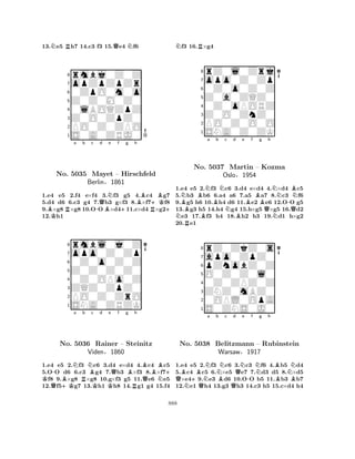 13.Ne5 Rh7 14.c3 f3 15.Qe4 Nf6 
8rmbj0Z0Z 
7opZpZpZr 
60ZpO0m0o 
5Z0Z0M0Z0 
40lBOQZpZ 
3Z0O0ZpZ0 
2PO0Z0ZPO 
1S0A0ZRJ0 
BRa b c -Qd BNe f K+g h 
B+KBNo. 5035 Mayet – Hirschfeld 
R+ 
Berlin§1861 
1.e4 e5 2.f4 e×f4 3.f3 g5 4.c4 g7 
5.d4 d6 6.c3 g4 7.b3 g×f3 8.×f7f8 
9.×g8×g8 10.OO×d411.c×d4×g212.h1 
8rmbl0j0Z 
7opo0Z0Zp 
60Z0o0Z0Z 
5Z0Z0Z0Z0 
40Z0OPo0Z 
3ZQZ0ZpZ0 
2PO0Z0ZrO 
1SNA0ZRZK 
K a Q-NNo. B+K5036 Rb NBc d e KKQf g Bh 
BRainer – Steinitz 
QBN+ Viden§1860 
R1.e4 e5 2.f3 c6 3.d4 e×d4 4.c4 c5 
5.OO d6 6.c3 g4 7.b3 ×f3 8.×f7f8 9.×g8 ×g8 10.g×f3 g5 11.e6 e5 
12.f5g7 13.h1 h8 14.g1 g4 15.f4 
Nf3 16.R×g4 
8rZ0l0Zrj 
7opo0Z0Zp 
60Z0o0Z0Z 
5Z0a0ZQZ0 
40Z0oPORZ 
3Z0O0ZnZ0 
2PO0Z0O0O 
1SNA0Z0ZK 
NNBBNa No. B5037 Bb Nc d e NMartin BBf Bg h 
NBN– Kozma 
-Oslo§1954 
QNQ1.e4 Re5 2.f3 c6 3.d4 e×d4 4.×d4 c5 
5.b3 b6 6.a4 a6 7.a5 a7 8.c3 f6 
9.g5 h6 10.h4 d6 11.e2 e6 12.OO g5 
13.g3 h5 14.h4 g4 15.h×g5 ×g5 16.d2 e3 17.f3 h4 18.h2 h3 19.d1 h×g2 
20.e1 
8rZ0ZkZ0s 
7apo0ZpZ0 
6pZnobZ0Z 
5O0Z0Z0l0 
40Z0ZPZ0Z 
3ZNZ0mBZ0 
20OPL0OpA 
1S0ZNS0J0 
QBNo. N+B5038 QNNa b NBc d QQNe -f Ng h 
BNBelitzmann – Rubinstein 
BBWarsaw§1917 
1.e4 e5 2.f3 c6 3.c3 f6 4.b5 d4 
5.c4 c5 6.×e5 e7 7.d3 d5 8.×d5 ×e49.e3 d6 10.OO b5 11.b3 b7 
12.e1 h4 13.g3 h3 14.c3 h5 15.c×d4 h4 
888 
 