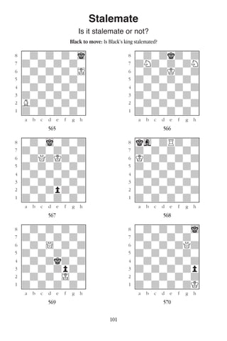 101
Stalemate
Is it stalemate or not?
Black to move: Is Black’s king stalemated?
w________w� w________w
°wdwdwdwi]� °wdwdkdwd]
‡dwdwdwdw]� ‡dNdwdwdN]
ﬂwdwdwdwI]� ﬂwdwdKdwd]
ﬁdwdwdwdw]� ﬁdwdwdwdw]
›wdwdwdwd]� ›wdwdwdwd]
‹dwdwdwdw]� ‹dwdwdwdw]
¤Bdwdwdwd]� ¤wdwdwdwd]
⁄dwdwdwdw]� ⁄dwdwdwdw]
w¡™£¢∞§¶•w� w¡™£¢∞§¶•w
565 566
w________w� w________w
°wdwiwdwd]� °kgwdRdwd]
‡dwdwdwdw]� ‡dwdwdwdw]
ﬂwdQdKdwd]� ﬂKdwdwdwd]
ﬁdwdwdwdw]� ﬁdwdwdwdw]
›wdwdwdwd]� ›wdwdwdwd]
‹dwdwdwdw]� ‹dwdwdwdw]
¤wdwdpdwd]� ¤wdwdwdwd]
⁄dwdwdwdw]� ⁄dwdwdwdw]
w¡™£¢∞§¶•w� w¡™£¢∞§¶•w
567 568
w________w� w________w
°wdwdwdwd]� °wdwdwdwi]
‡dwdwdwdw]� ‡dwdwdwdw]
ﬂwdw!wdwd]� ﬂwdwdwdQd]
ﬁdwdwdwdw]� ﬁdwdwdwdw]
›wdwdkdwd]� ›wdwdwdwd]
‹dwdwdpdw]� ‹dwdwdwdp]
¤wdwdwIwd]� ¤wdwdwdwd]
⁄dwdwdwdw]� ⁄dwdwdwdK]
w¡™£¢∞§¶•w� w¡™£¢∞§¶•w
569 570
 