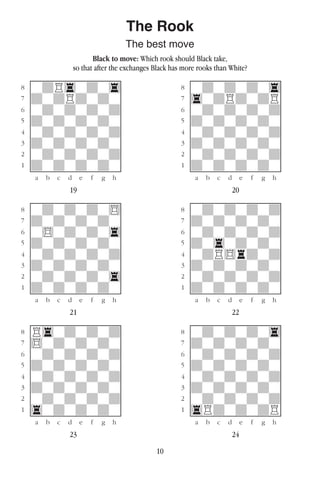 10
The Rook
The best move
Black to move: Which rook should Black take,
so that after the exchanges Black has more rooks than White?
w________w� w________w
°wdR4wdw4]� °wdwdwdw4]
‡dwdRdwdw]� ‡4wdRdwdR]
ﬂwdwdwdwd]� ﬂwdwdwdwd]
ﬁdwdwdwdw]� ﬁdwdwdwdw]
›wdwdwdwd]� ›wdwdwdwd]
‹dwdwdwdw]� ‹dwdwdwdw]
¤wdwdwdwd]� ¤wdwdwdwd]
⁄dwdwdwdw]� ⁄dwdwdwdw]
w¡™£¢∞§¶•w� w¡™£¢∞§¶•w
19 20
w________w� w________w
°wdwdwdw$]� °wdwdwdwd]
‡dwdwdwdw]� ‡dwdwdwdw]
ﬂw$wdwdw4]� ﬂwdwdwdwd]
ﬁdwdwdwdw]� ﬁdw4wdwdw]
›wdwdwdwd]� ›wdR$rdwd]
‹dwdwdwdw]� ‹dwdwdwdw]
¤wdwdwdw4]� ¤wdwdwdwd]
⁄dwdwdwdw]� ⁄dwdwdwdw]
w¡™£¢∞§¶•w� w¡™£¢∞§¶•w
21 22
w________w� w________w
°R4wdwdwd]� °wdwdwdw4]
‡$wdwdwdw]� ‡dwdwdwdw]
ﬂwdwdwdwd]� ﬂwdwdwdwd]
ﬁdwdwdwdw]� ﬁdwdwdwdw]
›wdwdwdwd]� ›wdwdwdwd]
‹dwdwdwdw]� ‹dwdwdwdw]
¤wdwdwdwd]� ¤wdwdwdwd]
⁄4wdwdwdw]� ⁄4RdwdwdR]
w¡™£¢∞§¶•w� w¡™£¢∞§¶•w
23 24
 