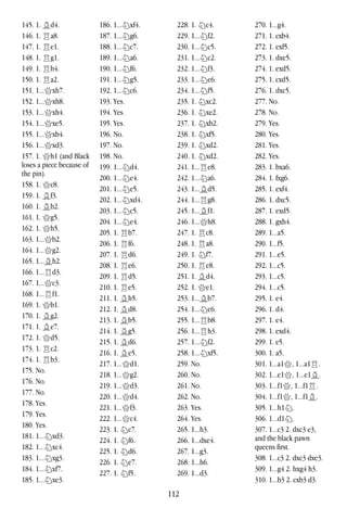 112
145. 1. Bd4.
146. 1. Ra8.
147. 1. Re1.
148. 1. Rg1.
149. 1. Rb4.
150. 1. Ra2.
151. 1...Qxh7.
152. 1...Qxh8.
153. 1...Qxh4.
154. 1...Qxe5.
155. 1...Qxb4.
156. 1...Qxd3.
157. 1. Qh1 (and Black
loses a piece because of
the pin).
158. 1. Qc8.
159. 1. Bf3.
160. 1. Bb2.
161. 1. Qg5.
162. 1. Qh5.
163. 1...Qb2.
164. 1...Qg2.
165. 1...Bh2.
166. 1...Rd3.
167. 1...Qc3.
168. 1...Rf1.
169. 1. Qb1.
170. 1. Bg2.
171. 1. Be7.
172. 1. Qd5.
173. 1. Rc2.
174. 1. Rb3.
175. No.
176. No.
177. No.
178. Yes.
179. Yes.
180. Yes.
181. 1...Nxd3.
182. 1...Nxc4.
183. 1...Nxg3.
184. 1...Nxf7.
185. 1...Nxe3.
186. 1...Nxf4.
187. 1...Ng6.
188. 1...Nc7.
189. 1...Na6.
190. 1...Nf6.
191. 1...Ng5.
192. 1...Nc6.
193. Yes.
194. Yes.
195. Yes.
196. No.
197. No.
198. No.
199. 1...Nd4.
200. 1...Ne4.
201. 1...Ne5.
202. 1...Nxd4.
203. 1...Nc5.
204. 1...Ne4.
205. 1. Rb7.
206. 1. Rf6.
207. 1. Rd6.
208. 1. Re6.
209. 1. Rd5.
210. 1. Re5.
211. 1. Bh5.
212. 1. Bd8.
213. 1. Bb5.
214. 1. Bg5.
215. 1. Bd6.
216. 1. Be5.
217. 1...Qd1.
218. 1...Qg2.
219. 1...Qd3.
220. 1...Qd4.
221. 1...Qf3.
222. 1...Qc4.
223. 1. Nc7.
224. 1. Nf6.
225. 1. Nd6.
226. 1. Ne7.
227. 1. Nf5.
228. 1. Nc4.
229. 1...Nf2.
230. 1...Nc5.
231. 1...Nc2.
232. 1...Nf3.
233. 1...Ne6.
234. 1...Nf5.
235. 1. Nxc2.
236. 1. Nxe2.
237. 1. Nxb2.
238. 1. Nxf5.
239. 1. Nxd2.
240. 1. Nxd2.
241. 1...Re8.
242. 1...Na6.
243. 1...Bd5.
244. 1...Rg8.
245. 1...Bf1.
246. 1...Qh8.
247. 1. Rc8.
248. 1. Ra8.
249. 1. Nf7.
250. 1. Re8.
251. 1. Bd4.
252. 1. Qe1.
253. 1...Bb7.
254. 1...Ne6.
255. 1...Rb8.
256. 1...Rh3.
257. 1...Nf2.
258. 1...Nxf5.
259. No.
260. No.
261. No.
262. No.
263. Yes.
264. Yes.
265. 1...h3.
266. 1...dxe4.
267. 1...g3.
268. 1...h6.
269. 1...d3.
270. 1...g4.
271. 1. cxb4.
272. 1. exf5.
273. 1. dxe5.
274. 1. exd5.
275. 1. cxd5.
276. 1. dxc5.
277. No.
278. No.
279. Yes.
280. Yes.
281. Yes.
282. Yes.
283. 1. bxa6.
284. 1. fxg6.
285. 1. exf4.
286. 1. dxc5.
287. 1. exd5.
288. 1. gxh4.
289. 1...a5.
290. 1...f5.
291. 1...e5.
292. 1...c5.
293. 1...c5.
294. 1...c5.
295. 1. e4.
296. 1. d4.
297. 1. e4.
298. 1. exd4.
299. 1. e5.
300. 1. a5.
301. 1...a1Q, 1...a1R.
302. 1...e1Q, 1...e1B.
303. 1...f1Q, 1...f1R.
304. 1...f1Q, 1...f1B.
305. 1...h1N.
306. 1...d1N.
307. 1...c3 2. dxc3 e3,
and the black pawn
queens first.
308. 1...c3 2. dxc3 dxe3.
309. 1...g4 2. hxg4 h3.
310. 1...b3 2. cxb3 d3.
 