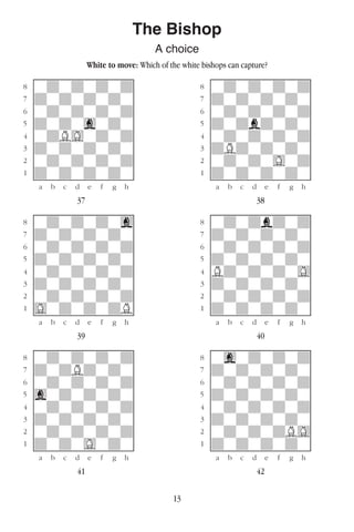 13
The Bishop
A choice
White to move: Which of the white bishops can capture?
w________w� w________w
°wdwdwdwd]� °wdwdwdwd]
‡dwdwdwdw]� ‡dwdwdwdw]
ﬂwdwdwdwd]� ﬂwdwdwdwd]
ﬁdwdwgwdw]� ﬁdwdbdwdw]
›wdBGwdwd]� ›wdwdwdwd]
‹dwdwdwdw]� ‹dBdwdwdw]
¤wdwdwdwd]� ¤wdwdwGwd]
⁄dwdwdwdw]� ⁄dwdwdwdw]
w¡™£¢∞§¶•w� w¡™£¢∞§¶•w
37 38
w________w� w________w
°wdwdwdwg]� °wdwdbdwd]
‡dwdwdwdw]� ‡dwdwdwdw]
ﬂwdwdwdwd]� ﬂwdwdwdwd]
ﬁdwdwdwdw]� ﬁdwdwdwdw]
›wdwdwdwd]� ›BdwdwdwG]
‹dwdwdwdw]� ‹dwdwdwdw]
¤wdwdwdwd]� ¤wdwdwdwd]
⁄GwdwdwdB]� ⁄dwdwdwdw]
w¡™£¢∞§¶•w� w¡™£¢∞§¶•w
39 40
w________w� w________w
°wdwdwdwd]� °wgwdwdwd]
‡dwdBdwdw]� ‡dwdwdwdw]
ﬂwdwdwdwd]� ﬂwdwdwdwd]
ﬁgwdwdwdw]� ﬁdwdwdwdw]
›wdwdwdwd]� ›wdwdwdwd]
‹dwdwdwdw]� ‹dwdwdwdw]
¤wdwdwdwd]� ¤wdwdwdBG]
⁄dwdwGwdw]� ⁄dwdwdwdw]
w¡™£¢∞§¶•w� w¡™£¢∞§¶•w
41 42
 