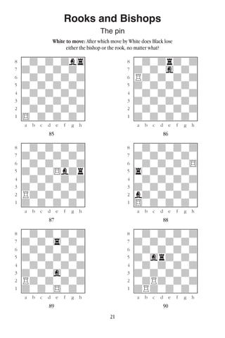 21
Rooks and Bishops
The pin
White to move: After which move by White does Black lose
either the bishop or the rook, no matter what?
w________w� w________w
°wdwdwdb4]� °wdwdrdwd]
‡dwdwdwdw]� ‡dwdwgwdw]
ﬂwdwdwdwd]� ﬂRdwdwdwd]
ﬁdwdwdwdw]� ﬁdwdwdwdw]
›wdwdwdwd]� ›wdwdwdwd]
‹dwdwdwdw]� ‹dwdwdwdw]
¤wdwdwdwd]� ¤wdwdwdwd]
⁄$wdwdwdw]� ⁄dwdwdwdw]
w¡™£¢∞§¶•w� w¡™£¢∞§¶•w
85 86
w________w� w________w
°wdwdwdwd]� °wdwdwdwd]
‡dwdwdwdw]� ‡dwdwdwdw]
ﬂwdwdwdwd]� ﬂwdwdwdw$]
ﬁdwdw$bdr]� ﬁ4wdwdwdw]
›wdwdwdwd]� ›wdwdwdwd]
‹dwdwdwdw]� ‹dwdwdwdw]
¤Rdwdwdwd]� ¤bdwdwdwd]
⁄dwdwdwdw]� ⁄$wdwdwdw]
w¡™£¢∞§¶•w� w¡™£¢∞§¶•w
87 88
w________w� w________w
°wdwdwdwd]� °wdwdwdwd]
‡dwdw4wdw]� ‡dwdwdwdw]
ﬂwdwdwdwd]� ﬂwdwdwdwd]
ﬁdwdwdwdw]� ﬁdwgrdwdw]
›wdwdwdwd]� ›wdwdwdwd]
‹dwdwgwdw]� ‹dwdwdwdw]
¤Rdwdwdwd]� ¤wdRdwdwd]
⁄dwdw$wdw]� ⁄dRdwdwdw]
w¡™£¢∞§¶•w� w¡™£¢∞§¶•w
89 90
 