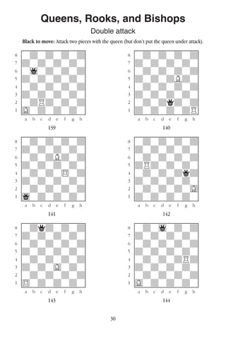 30
Queens, Rooks, and Bishops
Double attack
Black to move: Attack two pieces with the queen (but don’t put the queen under attack).
w________w� w________w
°wdwdwdwd]� °wdwdwdwd]
‡dwdwdwdw]� ‡dwdwdwdw]
ﬂw1wdwdwd]� ﬂwdwdwdwd]
ﬁdwdwdwdw]� ﬁdwdwdBdw]
›wdwdwdwd]� ›wdwdwdwd]
‹dwdwdwdw]� ‹dwdwdwdw]
¤wdRdwdwd]� ¤wdwdqdwd]
⁄Gwdwdwdw]� ⁄dwdwdwdR]
w¡™£¢∞§¶•w� w¡™£¢∞§¶•w
139 140
w________w� w________w
°wdwdwdwd]� °wdwdwdwd]
‡dwdwdwdw]� ‡dwdwdwdw]
ﬂwdwdBdwd]� ﬂwdwdwdwd]
ﬁdwdwdwdw]� ﬁdRdwdwdw]
›wdwdw$wd]� ›wdwdwdqd]
‹dwdwdwdw]� ‹dwdwdwdw]
¤wdwdwdwd]� ¤wdwdwdwG]
⁄1wdwdwdw]� ⁄dwdwdwdw]
w¡™£¢∞§¶•w� w¡™£¢∞§¶•w
141 142
w________w� w________w
°wdqdwdwd]� °wdw1wdwd]
‡dwdwdwdw]� ‡dwdwdwdw]
ﬂwdwdwdwd]� ﬂwdwdwdwd]
ﬁdwdwdwdw]� ﬁdwdwdwdw]
›wdwdwdwd]� ›wdwdwdRd]
‹dwdwGwdw]� ‹dwdwdwdw]
¤wdwdwdwd]� ¤wdwdwdwd]
⁄$wdwdwdw]� ⁄Gwdwdwdw]
w¡™£¢∞§¶•w� w¡™£¢∞§¶•w
143 144
 
