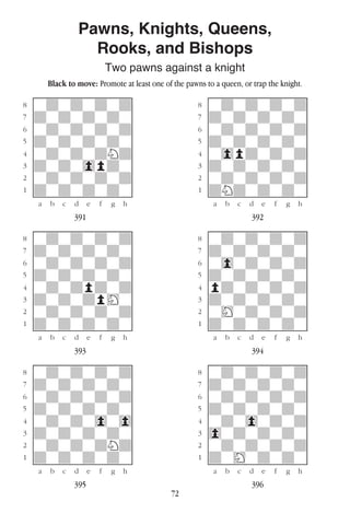72
Pawns, Knights, Queens,
Rooks, and Bishops
Two pawns against a knight
Black to move: Promote at least one of the pawns to a queen, or trap the knight.
w________w� w________w
°wdwdwdwd]� °wdwdwdwd]
‡dwdwdwdw]� ‡dwdwdwdw]
ﬂwdwdwdwd]� ﬂwdwdwdwd]
ﬁdwdwdwdw]� ﬁdwdwdwdw]
›wdwdwdNd]� ›w0pdwdwd]
‹dwdw0pdw]� ‹dwdwdwdw]
¤wdwdwdwd]� ¤wdwdwdwd]
⁄dwdwdwdw]� ⁄dNdwdwdw]
w¡™£¢∞§¶•w� w¡™£¢∞§¶•w
391 392
w________w� w________w
°wdwdwdwd]� °wdwdwdwd]
‡dwdwdwdw]� ‡dwdwdwdw]
ﬂwdwdwdwd]� ﬂw0wdwdwd]
ﬁdwdwdwdw]� ﬁdwdwdwdw]
›wdwdpdwd]� ›pdwdwdwd]
‹dwdwdpHw]� ‹dwdwdwdw]
¤wdwdwdwd]� ¤wHwdwdwd]
⁄dwdwdwdw]� ⁄dwdwdwdw]
w¡™£¢∞§¶•w� w¡™£¢∞§¶•w
393 394
w________w� w________w
°wdwdwdwd]� °wdwdwdwd]
‡dwdwdwdw]� ‡dwdwdwdw]
ﬂwdwdwdwd]� ﬂwdwdwdwd]
ﬁdwdwdwdw]� ﬁdwdwdwdw]
›wdwdw0w0]� ›wdw0wdwd]
‹dwdwdwdw]� ‹0wdwdwdw]
¤wdwdwdNd]� ¤wdwdwdwd]
⁄dwdwdwdw]� ⁄dwHwdwdw]
w¡™£¢∞§¶•w� w¡™£¢∞§¶•w
395 396
 