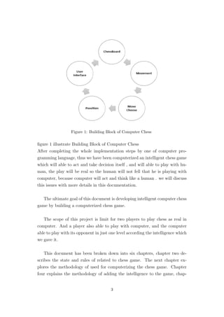 Figure 1: Building Block of Computer Chess
ﬁgure 1 illustrate Building Block of Computer Chess
After completing the whole implementation steps by one of computer pro-
gramming language, thus we have been computerized an intelligent chess game
which will able to act and take decision itself , and will able to play with hu-
man, the play will be real so the human will not fell that he is playing with
computer, because computer will act and think like a human . we will discuss
this issues with more details in this documentation.
The ultimate goal of this document is developing intelligent computer chess
game by building a computerized chess game.
The scope of this project is limit for two players to play chess as real in
computer. And a player also able to play with computer, and the computer
able to play with its opponent in just one level according the intelligence which
we gave it.
This document has been broken down into six chapters, chapter two de-
scribes the state and rules of related to chess game. The next chapter ex-
plores the methodology of used for computerizing the chess game. Chapter
four explains the methodology of adding the intelligence to the game, chap-
3
 