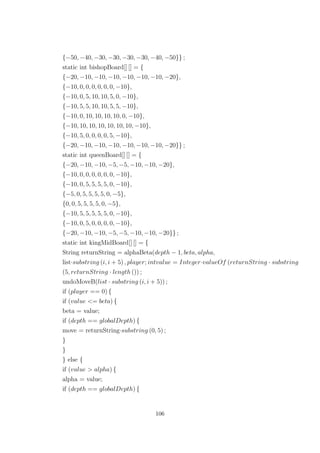 {−50, −40, −30, −30, −30, −30, −40, −50}} ;
static int bishopBoard[] [] = {
{−20, −10, −10, −10, −10, −10, −10, −20},
{−10, 0, 0, 0, 0, 0, 0, −10},
{−10, 0, 5, 10, 10, 5, 0, −10},
{−10, 5, 5, 10, 10, 5, 5, −10},
{−10, 0, 10, 10, 10, 10, 0, −10},
{−10, 10, 10, 10, 10, 10, 10, −10},
{−10, 5, 0, 0, 0, 0, 5, −10},
{−20, −10, −10, −10, −10, −10, −10, −20}} ;
static int queenBoard[] [] = {
{−20, −10, −10, −5, −5, −10, −10, −20},
{−10, 0, 0, 0, 0, 0, 0, −10},
{−10, 0, 5, 5, 5, 5, 0, −10},
{−5, 0, 5, 5, 5, 5, 0, −5},
{0, 0, 5, 5, 5, 5, 0, −5},
{−10, 5, 5, 5, 5, 5, 0, −10},
{−10, 0, 5, 0, 0, 0, 0, −10},
{−20, −10, −10, −5, −5, −10, −10, −20}} ;
static int kingMidBoard[] [] = {
String returnString = alphaBeta(depth − 1, beta, alpha,
list·substring (i, i + 5) , player; intvalue = Integer·valueOf (returnString · substring
(5, returnString · length ()) ;
undoMoveB(list · substring (i, i + 5)) ;
if (player == 0) {
if (value <= beta) {
beta = value;
if (depth == globalDepth) {
move = returnString·substring (0, 5) ;
}
}
} else {
if (value > alpha) {
alpha = value;
if (depth == globalDepth) {
106
 