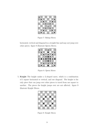 Figure 7: Bishop Moves
horizontal, vertical and diagonal in a straight line and may not jump over
other pieces. ﬁgure 8 illustrate Queen Moves.
Figure 8: Queen Moves
5. Knight The knight makes a L-shaped move, which is a combination
of 1 square horizontal or vertical, and one diagonal. The knight is the
only piece that can jump over other pieces to travel from one square to
another. The pieces the knight jumps over are not aﬀected. ﬁgure 9
illustrate Knight Moves.
Figure 9: Knight Moves
9
 